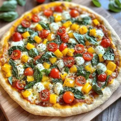 To make a delicious veggie pizza, gather these fresh ingredients: - 1 ½ cups all-purpose flour - 1 teaspoon instant yeast - ½ teaspoon salt - ½ teaspoon sugar - ½ cup warm water (around 110°F/43°C) - 1 tablespoon olive oil - ½ cup pizza sauce - 1 cup shredded mozzarella cheese - ½ cup bell peppers (a mix of red, yellow, and green), diced - ½ cup cherry tomatoes, halved - ¼ cup red onion, thinly sliced - 1 cup fresh spinach leaves - 1 teaspoon dried oregano - 1 teaspoon garlic powder - Salt and pepper, to taste Each ingredient adds its own unique flavor. The flour forms the crust, while yeast helps it rise. Salt and sugar balance the taste. Warm water activates the yeast for a nice, fluffy base. Olive oil adds richness. For the toppings, mozzarella cheese melts beautifully over the sauce. The colorful bell peppers and sweet cherry tomatoes give a fresh taste. Red onion adds a bit of crunch, and spinach brings a healthy green touch. Dried oregano and garlic powder enhance the aroma and flavor. You can find the complete cooking steps in the Full Recipe. Enjoy creating this tasty veggie pizza, bursting with color and flavor! 1. Mixing dry ingredients: In a large bowl, combine 1 ½ cups of all-purpose flour, 1 teaspoon of instant yeast, ½ teaspoon of salt, and ½ teaspoon of sugar. Mix well with a whisk. 2. Adding wet ingredients: Gradually add ½ cup of warm water and 1 tablespoon of olive oil to the dry mix. Stir until a shaggy dough forms. 3. Kneading the dough: Place the dough on a lightly floured surface. Knead for about 5-7 minutes until it feels smooth and elastic. 1. Shaping the dough: Shape the dough into a ball. 2. Covering and resting: Place it in a lightly oiled bowl. Turn it to coat. Cover with a clean kitchen towel. Let it rise in a warm spot for about 1 hour, or until it doubles in size. 1. Preheating the oven: Preheat your oven to 475°F (245°C) during the last 15 minutes of rising. If you have a pizza stone, place it in the oven. 2. Rolling out the dough: Once the dough has risen, punch it down gently. On a floured surface, roll it out into a 12-inch circle. You can also shape it on a parchment-lined baking sheet. 3. Assembling and baking the pizza: Spread ½ cup of pizza sauce over the dough, leaving a small border. Sprinkle 1 cup of shredded mozzarella cheese on top. Then, layer the diced bell peppers, halved cherry tomatoes, sliced red onion, and fresh spinach leaves evenly. Season with 1 teaspoon of dried oregano, 1 teaspoon of garlic powder, and salt and pepper to taste. Carefully transfer the pizza to the hot oven and bake for 12-15 minutes until the crust is golden brown and the cheese is bubbly. 4. Cooling and slicing: Remove the pizza from the oven. Let it cool for a few minutes. Slice it into wedges and serve warm. Kneading is key for great dough. It helps develop gluten, which gives the dough strength. Knead for about 5-7 minutes until it feels smooth. If you live in a hot area, the dough rises quickly. In cooler places, it takes longer. To help, warm your kitchen. Place the bowl near a warm oven or in sunlight. You can also cover it with a warm towel to keep the heat in. For extra flavor, use spices like oregano, garlic powder, and crushed red pepper. These spices add a nice kick. You can also mix in some Italian seasoning for a savory touch. Fresh herbs like basil or parsley make a big difference too. Add them right before serving to keep their taste bright. You can use them as a garnish or mix them into the veggies. I recommend using mozzarella cheese for a classic taste. You can also try provolone or a blend for a richer flavor. Experimenting with different cheeses can surprise you! For the sauce, homemade is often best. You can control the flavors and freshness. However, a good store-bought sauce saves time. Look for one with natural ingredients and no added sugar for the best taste. For the full recipe, check out the detailed instructions above. {{image_4}} For a gluten-free veggie pizza, you can use almond flour, rice flour, or a gluten-free blend. Each option gives a different taste and texture. Make sure to add some xanthan gum for binding. This helps hold the crust together. When baking, adjust the time. Gluten-free crusts often need more time to cook. Check for a golden color and firm texture to know it’s done. If you want a vegan pizza, try using dairy-free cheese. Brands like Daiya or Follow Your Heart offer tasty options. You can also create your own with nuts like cashews blended with nutritional yeast for a cheesy flavor. Add protein-rich toppings like chickpeas, lentils, or tofu. These not only boost nutrition but also add great texture and taste to your pizza. Using seasonal veggies can make your pizza fresh and exciting. In spring, try asparagus and peas. In summer, add zucchini and eggplant. Fall brings butternut squash and kale, while winter can feature Brussels sprouts and root veggies. Choose colorful veggies to make your pizza pop. Bright colors not only look appealing but also provide different flavors and nutrients. Mixing textures adds to the experience, making every bite delicious. For the full recipe, check out the delightful veggie pizza recipe above. To store leftover veggie pizza, let it cool completely. Place the slices in an airtight container. You can also wrap them tightly in plastic wrap or foil. This keeps the pizza fresh. Use the leftovers within 3 to 4 days for the best taste. If you want to save pizza for later, freezing is a great option. Cut the pizza into slices. Wrap each slice in plastic wrap, then in foil. This helps prevent freezer burn. You can store it for up to 2 months. When ready to eat, thaw it in the fridge overnight. Reheat slices in the oven at 375°F (190°C) for about 10-15 minutes. Leftover veggie pizza can inspire fun new meals. You can chop it into small pieces and add it to salads. This gives your salad a tasty twist. You can also mix it with eggs for a veggie frittata. Another idea is to blend it into a pasta dish for extra flavor. The options are endless! You can use store-bought or homemade pizza dough. Store-bought dough saves time and is easy. Look for fresh options in the fridge section. Homemade dough gives you control over flavors and texture. It’s fun to make, too! The basic recipe includes flour, yeast, salt, and water. Both options work well for a delicious veggie pizza. Seasoning is key to a tasty veggie pizza. Use fresh herbs like basil or oregano. Sprinkle garlic powder for a rich taste. Adding a splash of balsamic vinegar can brighten the flavors. Also, roast your veggies before topping the pizza for a deeper taste. Don't forget to balance the flavors with salt and pepper. Absolutely! You can mix and match your favorite veggies. Try mushrooms, zucchini, or artichokes for variety. Swap out bell peppers for spicy jalapeños if you like heat. You can also add olives for a salty kick. The sky's the limit when it comes to toppings! Explore what you love to make your pizza unique. You now have all the steps to make your own veggie pizza. From choosing the right ingredients to tips for perfect dough, every part is key. Experimenting with options like gluten-free and vegan can really change things up. Store leftovers carefully so you can enjoy them later. Finally, think about flavor and toppings to make each pizza unique. Enjoy your cooking and let your creativity shine!