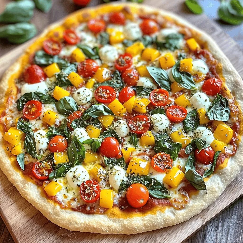 To make a delicious veggie pizza, gather these fresh ingredients: - 1 ½ cups all-purpose flour - 1 teaspoon instant yeast - ½ teaspoon salt - ½ teaspoon sugar - ½ cup warm water (around 110°F/43°C) - 1 tablespoon olive oil - ½ cup pizza sauce - 1 cup shredded mozzarella cheese - ½ cup bell peppers (a mix of red, yellow, and green), diced - ½ cup cherry tomatoes, halved - ¼ cup red onion, thinly sliced - 1 cup fresh spinach leaves - 1 teaspoon dried oregano - 1 teaspoon garlic powder - Salt and pepper, to taste Each ingredient adds its own unique flavor. The flour forms the crust, while yeast helps it rise. Salt and sugar balance the taste. Warm water activates the yeast for a nice, fluffy base. Olive oil adds richness. For the toppings, mozzarella cheese melts beautifully over the sauce. The colorful bell peppers and sweet cherry tomatoes give a fresh taste. Red onion adds a bit of crunch, and spinach brings a healthy green touch. Dried oregano and garlic powder enhance the aroma and flavor. You can find the complete cooking steps in the Full Recipe. Enjoy creating this tasty veggie pizza, bursting with color and flavor! 1. Mixing dry ingredients: In a large bowl, combine 1 ½ cups of all-purpose flour, 1 teaspoon of instant yeast, ½ teaspoon of salt, and ½ teaspoon of sugar. Mix well with a whisk. 2. Adding wet ingredients: Gradually add ½ cup of warm water and 1 tablespoon of olive oil to the dry mix. Stir until a shaggy dough forms. 3. Kneading the dough: Place the dough on a lightly floured surface. Knead for about 5-7 minutes until it feels smooth and elastic. 1. Shaping the dough: Shape the dough into a ball. 2. Covering and resting: Place it in a lightly oiled bowl. Turn it to coat. Cover with a clean kitchen towel. Let it rise in a warm spot for about 1 hour, or until it doubles in size. 1. Preheating the oven: Preheat your oven to 475°F (245°C) during the last 15 minutes of rising. If you have a pizza stone, place it in the oven. 2. Rolling out the dough: Once the dough has risen, punch it down gently. On a floured surface, roll it out into a 12-inch circle. You can also shape it on a parchment-lined baking sheet. 3. Assembling and baking the pizza: Spread ½ cup of pizza sauce over the dough, leaving a small border. Sprinkle 1 cup of shredded mozzarella cheese on top. Then, layer the diced bell peppers, halved cherry tomatoes, sliced red onion, and fresh spinach leaves evenly. Season with 1 teaspoon of dried oregano, 1 teaspoon of garlic powder, and salt and pepper to taste. Carefully transfer the pizza to the hot oven and bake for 12-15 minutes until the crust is golden brown and the cheese is bubbly. 4. Cooling and slicing: Remove the pizza from the oven. Let it cool for a few minutes. Slice it into wedges and serve warm. Kneading is key for great dough. It helps develop gluten, which gives the dough strength. Knead for about 5-7 minutes until it feels smooth. If you live in a hot area, the dough rises quickly. In cooler places, it takes longer. To help, warm your kitchen. Place the bowl near a warm oven or in sunlight. You can also cover it with a warm towel to keep the heat in. For extra flavor, use spices like oregano, garlic powder, and crushed red pepper. These spices add a nice kick. You can also mix in some Italian seasoning for a savory touch. Fresh herbs like basil or parsley make a big difference too. Add them right before serving to keep their taste bright. You can use them as a garnish or mix them into the veggies. I recommend using mozzarella cheese for a classic taste. You can also try provolone or a blend for a richer flavor. Experimenting with different cheeses can surprise you! For the sauce, homemade is often best. You can control the flavors and freshness. However, a good store-bought sauce saves time. Look for one with natural ingredients and no added sugar for the best taste. For the full recipe, check out the detailed instructions above. {{image_4}} For a gluten-free veggie pizza, you can use almond flour, rice flour, or a gluten-free blend. Each option gives a different taste and texture. Make sure to add some xanthan gum for binding. This helps hold the crust together. When baking, adjust the time. Gluten-free crusts often need more time to cook. Check for a golden color and firm texture to know it’s done. If you want a vegan pizza, try using dairy-free cheese. Brands like Daiya or Follow Your Heart offer tasty options. You can also create your own with nuts like cashews blended with nutritional yeast for a cheesy flavor. Add protein-rich toppings like chickpeas, lentils, or tofu. These not only boost nutrition but also add great texture and taste to your pizza. Using seasonal veggies can make your pizza fresh and exciting. In spring, try asparagus and peas. In summer, add zucchini and eggplant. Fall brings butternut squash and kale, while winter can feature Brussels sprouts and root veggies. Choose colorful veggies to make your pizza pop. Bright colors not only look appealing but also provide different flavors and nutrients. Mixing textures adds to the experience, making every bite delicious. For the full recipe, check out the delightful veggie pizza recipe above. To store leftover veggie pizza, let it cool completely. Place the slices in an airtight container. You can also wrap them tightly in plastic wrap or foil. This keeps the pizza fresh. Use the leftovers within 3 to 4 days for the best taste. If you want to save pizza for later, freezing is a great option. Cut the pizza into slices. Wrap each slice in plastic wrap, then in foil. This helps prevent freezer burn. You can store it for up to 2 months. When ready to eat, thaw it in the fridge overnight. Reheat slices in the oven at 375°F (190°C) for about 10-15 minutes. Leftover veggie pizza can inspire fun new meals. You can chop it into small pieces and add it to salads. This gives your salad a tasty twist. You can also mix it with eggs for a veggie frittata. Another idea is to blend it into a pasta dish for extra flavor. The options are endless! You can use store-bought or homemade pizza dough. Store-bought dough saves time and is easy. Look for fresh options in the fridge section. Homemade dough gives you control over flavors and texture. It’s fun to make, too! The basic recipe includes flour, yeast, salt, and water. Both options work well for a delicious veggie pizza. Seasoning is key to a tasty veggie pizza. Use fresh herbs like basil or oregano. Sprinkle garlic powder for a rich taste. Adding a splash of balsamic vinegar can brighten the flavors. Also, roast your veggies before topping the pizza for a deeper taste. Don't forget to balance the flavors with salt and pepper. Absolutely! You can mix and match your favorite veggies. Try mushrooms, zucchini, or artichokes for variety. Swap out bell peppers for spicy jalapeños if you like heat. You can also add olives for a salty kick. The sky's the limit when it comes to toppings! Explore what you love to make your pizza unique. You now have all the steps to make your own veggie pizza. From choosing the right ingredients to tips for perfect dough, every part is key. Experimenting with options like gluten-free and vegan can really change things up. Store leftovers carefully so you can enjoy them later. Finally, think about flavor and toppings to make each pizza unique. Enjoy your cooking and let your creativity shine!