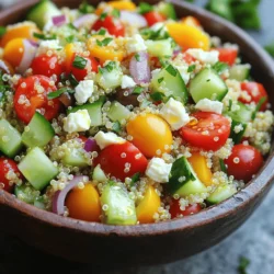 - 1 cup quinoa, thoroughly rinsed - 1 medium cucumber, diced into bite-sized pieces - 1 large red bell pepper, diced - 1 cup cherry tomatoes, halved - 1/2 medium red onion, finely chopped - 1 cup canned chickpeas, drained and rinsed - 1/2 cup Kalamata olives, pitted and thinly sliced - 1/4 cup fresh parsley, finely chopped - 2 cups water or vegetable broth - 1/4 cup extra virgin olive oil - 2 tablespoons fresh lemon juice - 1 teaspoon dried oregano - Salt and freshly ground black pepper to taste - 1/4 cup feta cheese, crumbled - Avocado slices for creaminess - Fresh mint for a refreshing twist I love using fresh ingredients in this Mediterranean quinoa salad. They add color and great taste. You can adjust the veggies based on what you have at home. The pantry items are simple and easy to find. Don't skip the lemon juice; it brightens up the whole dish. If you want to make it even creamier, add feta cheese. It pairs well with the olives and chickpeas. Feel free to mix in avocado or mint if you want a twist. This salad is all about customizing to your liking. You can find the full recipe above to get started! First, grab a medium saucepan. Pour in 2 cups of water or vegetable broth. Bring it to a rolling boil. Once it’s bubbling, add 1 cup of rinsed quinoa. Reduce the heat to low and cover the pan. Let it simmer for about 15 minutes. The quinoa will absorb all the liquid and become fluffy. Once done, remove it from heat and let it cool completely. While the quinoa cooks, it's time to prep the veggies. Dice 1 medium cucumber and 1 large red bell pepper into small pieces. Halve 1 cup of cherry tomatoes. Chop 1/2 a medium red onion finely. Don't forget to rinse and drain 1 cup of canned chickpeas in a colander under cold water. This step is key for flavor and texture. In a large mixing bowl, combine the cooled quinoa with the diced cucumber, bell pepper, and cherry tomatoes. Add the finely chopped red onion, chickpeas, and sliced Kalamata olives. If you want, include 1/4 cup of crumbled feta cheese for a creamy touch. Toss everything gently to mix well. This ensures every bite is packed with flavor. In a small bowl, whisk together 1/4 cup of extra virgin olive oil, 2 tablespoons of fresh lemon juice, and 1 teaspoon of dried oregano. Add a pinch of salt and freshly ground black pepper. Whisk until the dressing is well mixed. This dressing will brighten the salad and add depth. Now, drizzle the dressing over your quinoa salad. Gently toss the mixture again. This helps coat all the ingredients with that delicious dressing. Take a moment to taste your salad. If it needs more salt or pepper, add it now. Let the salad rest for at least 15 minutes at room temperature. This resting time lets the flavors meld beautifully. When you’re ready to serve, you can chill the salad or enjoy it at room temperature. For a beautiful presentation, use a large, shallow bowl. Garnish with parsley or extra feta cheese for a pop of color. You can find the full recipe above. To cook quinoa perfectly, start with rinsing it well. This removes the bitter coating called saponin. Use a fine-mesh strainer for best results. Next, use a ratio of two parts water or broth to one part quinoa. Bring the liquid to a boil before adding quinoa. Lower the heat, cover, and simmer for about 15 minutes. Once all the water is absorbed, fluff the quinoa with a fork. Let it cool before mixing it into your salad. To boost flavor, add herbs and spices. Fresh herbs like parsley and oregano bring brightness. Lemon juice adds a nice tang. For a richer taste, consider using vegetable broth instead of water. If you like heat, toss in some red pepper flakes. You can also experiment with different types of vinegar, like red wine or balsamic, for a unique twist. Serve this salad chilled or at room temperature for the best taste. You can present it in a large bowl, garnished with extra herbs or feta cheese. Pair it with grilled chicken or fish for a complete meal. It also makes a great side dish for barbecues or picnics. You can find the Full Recipe to make this delightful dish and share it with friends. Enjoy the fresh flavors! {{image_4}} You might want to change some ingredients based on your diet. If you are vegan, skip the feta cheese. Use avocado for creaminess instead. For gluten-free needs, quinoa is already a safe choice. If you are avoiding legumes, replace chickpeas with diced cooked chicken or turkey. Adding protein makes your salad heartier. You can include grilled shrimp or sliced chicken breast for extra flavor. Tofu or tempeh works well for a plant-based option. Try adding a scoop of hummus for a creamy texture and tasty protein boost. Fresh vegetables change with the seasons. In spring, add asparagus or peas for crunch. Summer is great for zucchini or corn. In fall, roasted butternut squash offers sweetness. Winter calls for hearty veggies like Brussels sprouts or kale. Each swap brings new flavors to your plate! For the complete recipe, check out Mediterranean Quinoa Salad 🥗. To keep your Mediterranean quinoa salad fresh, start by letting it cool. Place the salad in an airtight container. If you separate the dressing, it helps to keep the salad crisp. You can mix them together right before serving. I recommend using glass or plastic containers with tight seals. Glass containers work well because they don’t stain. They also don’t absorb smells. If you use plastic, choose BPA-free options for safety. When stored correctly, your salad can last up to five days in the fridge. After that, the veggies may become soggy. If you see any signs of spoilage, it's best to throw it out. For the best taste, enjoy your salad within three days. For the full recipe, check out the detailed guide! You can add many tasty ingredients to your salad. Try adding avocado for creaminess. You can also include roasted vegetables like zucchini or eggplant. Fresh herbs such as dill or mint can brighten the flavors. If you like more protein, add grilled chicken or shrimp. Yes, this salad is very healthy! Quinoa is a great source of protein and fiber. It is also gluten-free. The veggies provide vitamins and minerals. Olive oil gives you healthy fats. Overall, this salad supports a balanced diet. Absolutely! This salad tastes even better when it sits. You can prepare it a day in advance. Just store it in the fridge. The flavors will mix and intensify overnight. Keep the dressing separate until serving to prevent sogginess. To avoid mushy quinoa, rinse it well before cooking. Rinsing removes excess starch. Use a 2:1 ratio of water to quinoa. Make sure you let it simmer gently. Once the water is absorbed, let it rest off the heat. This helps it stay fluffy. You can find the full recipe for Mediterranean Quinoa Salad in the recipe section above. It offers a detailed guide to making this fresh and flavorful dish. This post covered fresh ingredients, pantry items, and fun add-ins for your salad. I walked you through cooking quinoa and prepping veggies. You learned to mix everything and make a tasty dressing. I shared tips for cooking and serving this dish. In the end, it's all about enjoying a healthy meal your way. Use this guide to make your own Mediterranean quinoa salad. Enjoy the flavors and get creative with variations!