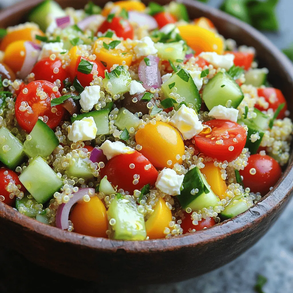 - 1 cup quinoa, thoroughly rinsed - 1 medium cucumber, diced into bite-sized pieces - 1 large red bell pepper, diced - 1 cup cherry tomatoes, halved - 1/2 medium red onion, finely chopped - 1 cup canned chickpeas, drained and rinsed - 1/2 cup Kalamata olives, pitted and thinly sliced - 1/4 cup fresh parsley, finely chopped - 2 cups water or vegetable broth - 1/4 cup extra virgin olive oil - 2 tablespoons fresh lemon juice - 1 teaspoon dried oregano - Salt and freshly ground black pepper to taste - 1/4 cup feta cheese, crumbled - Avocado slices for creaminess - Fresh mint for a refreshing twist I love using fresh ingredients in this Mediterranean quinoa salad. They add color and great taste. You can adjust the veggies based on what you have at home. The pantry items are simple and easy to find. Don't skip the lemon juice; it brightens up the whole dish. If you want to make it even creamier, add feta cheese. It pairs well with the olives and chickpeas. Feel free to mix in avocado or mint if you want a twist. This salad is all about customizing to your liking. You can find the full recipe above to get started! First, grab a medium saucepan. Pour in 2 cups of water or vegetable broth. Bring it to a rolling boil. Once it’s bubbling, add 1 cup of rinsed quinoa. Reduce the heat to low and cover the pan. Let it simmer for about 15 minutes. The quinoa will absorb all the liquid and become fluffy. Once done, remove it from heat and let it cool completely. While the quinoa cooks, it's time to prep the veggies. Dice 1 medium cucumber and 1 large red bell pepper into small pieces. Halve 1 cup of cherry tomatoes. Chop 1/2 a medium red onion finely. Don't forget to rinse and drain 1 cup of canned chickpeas in a colander under cold water. This step is key for flavor and texture. In a large mixing bowl, combine the cooled quinoa with the diced cucumber, bell pepper, and cherry tomatoes. Add the finely chopped red onion, chickpeas, and sliced Kalamata olives. If you want, include 1/4 cup of crumbled feta cheese for a creamy touch. Toss everything gently to mix well. This ensures every bite is packed with flavor. In a small bowl, whisk together 1/4 cup of extra virgin olive oil, 2 tablespoons of fresh lemon juice, and 1 teaspoon of dried oregano. Add a pinch of salt and freshly ground black pepper. Whisk until the dressing is well mixed. This dressing will brighten the salad and add depth. Now, drizzle the dressing over your quinoa salad. Gently toss the mixture again. This helps coat all the ingredients with that delicious dressing. Take a moment to taste your salad. If it needs more salt or pepper, add it now. Let the salad rest for at least 15 minutes at room temperature. This resting time lets the flavors meld beautifully. When you’re ready to serve, you can chill the salad or enjoy it at room temperature. For a beautiful presentation, use a large, shallow bowl. Garnish with parsley or extra feta cheese for a pop of color. You can find the full recipe above. To cook quinoa perfectly, start with rinsing it well. This removes the bitter coating called saponin. Use a fine-mesh strainer for best results. Next, use a ratio of two parts water or broth to one part quinoa. Bring the liquid to a boil before adding quinoa. Lower the heat, cover, and simmer for about 15 minutes. Once all the water is absorbed, fluff the quinoa with a fork. Let it cool before mixing it into your salad. To boost flavor, add herbs and spices. Fresh herbs like parsley and oregano bring brightness. Lemon juice adds a nice tang. For a richer taste, consider using vegetable broth instead of water. If you like heat, toss in some red pepper flakes. You can also experiment with different types of vinegar, like red wine or balsamic, for a unique twist. Serve this salad chilled or at room temperature for the best taste. You can present it in a large bowl, garnished with extra herbs or feta cheese. Pair it with grilled chicken or fish for a complete meal. It also makes a great side dish for barbecues or picnics. You can find the Full Recipe to make this delightful dish and share it with friends. Enjoy the fresh flavors! {{image_4}} You might want to change some ingredients based on your diet. If you are vegan, skip the feta cheese. Use avocado for creaminess instead. For gluten-free needs, quinoa is already a safe choice. If you are avoiding legumes, replace chickpeas with diced cooked chicken or turkey. Adding protein makes your salad heartier. You can include grilled shrimp or sliced chicken breast for extra flavor. Tofu or tempeh works well for a plant-based option. Try adding a scoop of hummus for a creamy texture and tasty protein boost. Fresh vegetables change with the seasons. In spring, add asparagus or peas for crunch. Summer is great for zucchini or corn. In fall, roasted butternut squash offers sweetness. Winter calls for hearty veggies like Brussels sprouts or kale. Each swap brings new flavors to your plate! For the complete recipe, check out Mediterranean Quinoa Salad 🥗. To keep your Mediterranean quinoa salad fresh, start by letting it cool. Place the salad in an airtight container. If you separate the dressing, it helps to keep the salad crisp. You can mix them together right before serving. I recommend using glass or plastic containers with tight seals. Glass containers work well because they don’t stain. They also don’t absorb smells. If you use plastic, choose BPA-free options for safety. When stored correctly, your salad can last up to five days in the fridge. After that, the veggies may become soggy. If you see any signs of spoilage, it's best to throw it out. For the best taste, enjoy your salad within three days. For the full recipe, check out the detailed guide! You can add many tasty ingredients to your salad. Try adding avocado for creaminess. You can also include roasted vegetables like zucchini or eggplant. Fresh herbs such as dill or mint can brighten the flavors. If you like more protein, add grilled chicken or shrimp. Yes, this salad is very healthy! Quinoa is a great source of protein and fiber. It is also gluten-free. The veggies provide vitamins and minerals. Olive oil gives you healthy fats. Overall, this salad supports a balanced diet. Absolutely! This salad tastes even better when it sits. You can prepare it a day in advance. Just store it in the fridge. The flavors will mix and intensify overnight. Keep the dressing separate until serving to prevent sogginess. To avoid mushy quinoa, rinse it well before cooking. Rinsing removes excess starch. Use a 2:1 ratio of water to quinoa. Make sure you let it simmer gently. Once the water is absorbed, let it rest off the heat. This helps it stay fluffy. You can find the full recipe for Mediterranean Quinoa Salad in the recipe section above. It offers a detailed guide to making this fresh and flavorful dish. This post covered fresh ingredients, pantry items, and fun add-ins for your salad. I walked you through cooking quinoa and prepping veggies. You learned to mix everything and make a tasty dressing. I shared tips for cooking and serving this dish. In the end, it's all about enjoying a healthy meal your way. Use this guide to make your own Mediterranean quinoa salad. Enjoy the flavors and get creative with variations!