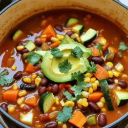 To make this comforting dish, you will need: - 1 tablespoon olive oil - 1 large onion, finely diced - 3 cloves garlic, minced - 1 bell pepper (any color of your choice), diced - 2 medium carrots, diced - 1 medium zucchini, diced - 1 cup corn kernels (fresh, canned, or frozen) - 1 can (15 oz) black beans, rinsed and drained - 1 can (15 oz) kidney beans, rinsed and drained - 1 can (28 oz) crushed tomatoes - 2 tablespoons tomato paste - 2 cups vegetable broth - 1 tablespoon chili powder - 1 teaspoon ground cumin - 1 teaspoon smoked paprika - Salt and freshly ground black pepper to taste - Fresh cilantro, chopped (for garnish, optional) - Sliced avocado (for topping, optional) You can make your chili unique by adding: - 1 cup diced sweet potatoes - 1 can (15 oz) pinto beans - 1-2 jalapeños, minced for spice - 1 cup chopped spinach or kale - 1 teaspoon dried oregano - Fresh lime juice for brightness Feel free to mix and match! Each ingredient adds a different flavor and texture. Experiment and find what you love. This hearty chili packs a punch! Each serving contains roughly: - Calories: 220 - Protein: 10g - Carbohydrates: 40g - Fiber: 12g - Fat: 4g This recipe offers a great balance of nutrients. Plus, it's a wonderful way to enjoy plant-based meals! For the full recipe, check out the detailed instructions to create this dish. To start, gather all your ingredients. This helps you keep track of what you need. Chop the onion, garlic, bell pepper, carrots, zucchini, and cilantro. Rinse the beans under water and drain them. This step is key to removing excess salt. Measure out the spices and broth, so everything is ready when you cook. 1. In a large pot, heat the olive oil on medium. Wait until it shimmers. 2. Add the diced onion and minced garlic. Cook for 3-4 minutes until soft. 3. Next, toss in the bell pepper and carrots. Stir them for 5 minutes until they soften. 4. Mix in the zucchini and corn. Stir to combine all the veggies well. 5. Pour in the black beans, kidney beans, crushed tomatoes, and tomato paste. Add the vegetable broth and spices. Stir everything well. 6. Season the chili with salt and black pepper. Bring it to a gentle simmer. 7. Once it simmers, lower the heat, cover the pot, and let it cook for 30-35 minutes. 8. Stir occasionally to stop it from sticking. After cooking, taste and adjust seasoning as needed. 9. Serve hot in bowls. Garnish with cilantro and avocado if you like. A good chili should be thick but not dry. If it’s too thick, add more broth. If it’s too thin, let it simmer longer without a lid. Stir it often to keep it from sticking. To make it creamy, mash a few beans against the pot. This adds body to your chili. Enjoy the hearty and flavorful comfort of your dish! Don't forget to check the Full Recipe for more details. To boost the taste of your chili, try these easy tricks: - Add fresh herbs: Toss in fresh cilantro or parsley for a bright touch. - Use citrus: A squeeze of lime juice adds zing and freshness. - Incorporate umami: Add a splash of soy sauce or a bit of miso paste. - Experiment with sweetness: A spoonful of brown sugar or maple syrup can balance spice. Each of these tips helps make your vegetarian chili richer and more complex in flavor. Some like it hot, and some prefer mild. To change the spice in your chili: - Start small: Add chili powder slowly and taste as you go. - Use fresh peppers: For more heat, chop fresh jalapeños or serranos. - Cool it down: If it’s too spicy, add more beans or a dollop of sour cream. These steps help you find the right heat for your taste. Avoid these common errors to ensure your chili shines: - Skipping the sauté: Don't skip sautéing the onions and garlic; it builds flavor. - Overcooking veggies: Add delicate veggies like zucchini later to keep them crisp. - Neglecting seasoning: Always taste and adjust seasoning as you cook. By being aware of these mistakes, your chili will be a hit every time. {{image_4}} To add heat, use spicy chili powder or cayenne pepper. Start by adding 1 teaspoon of cayenne to the pot. You can also mix in diced jalapeños with the veggies. Roasting the jalapeños gives a nice smoky flavor. Taste as you go to find your perfect spice level. Using a slow cooker makes this dish easy and hands-off. First, prepare your ingredients as in the main recipe. Then, add everything to the slow cooker. Set it on low for 6-8 hours or on high for 3-4 hours. This method lets the flavors meld beautifully. Stir halfway through if you can. For a quicker meal, the Instant Pot is your friend. Add olive oil to the pot and sauté the onion and garlic first. Then, add all other ingredients in the same order as the full recipe. Seal the lid and cook on high pressure for 15 minutes. Let it naturally release for about 10 minutes before serving. You'll have a hearty meal in no time! Feel free to explore these variations to make the dish your own. Each method brings something special to the table. Check out the Full Recipe for all the details! To keep your chili fresh, let it cool first. Once cool, store it in an airtight container. Glass or plastic containers work well. Make sure to seal the lid tightly. This keeps out air and moisture. If you plan to eat it later, label your container with the date. You can freeze vegetarian chili for later use. Divide it into portions first. Place the portions into freezer-safe bags or containers. Squeeze out as much air as possible before sealing. When you're ready to eat, thaw the chili overnight in the fridge. Reheat it on the stove over medium heat. Stir it often to heat evenly. Stored vegetarian chili lasts about 3-4 days in the fridge. If frozen, it can last up to 6 months. Always check for signs of spoilage before eating. If it smells off or looks strange, toss it. Enjoy the flavors of this hearty dish again with proper storage! For the Full Recipe, check back to make your own batch. Yes, you can make Vegetarian Chili in advance. This dish tastes even better the next day. The flavors blend well when it sits in the fridge. You can store it for up to five days. Just let it cool before putting it in a container. When ready to eat, simply reheat it on the stove or in the microwave. The best beans for Vegetarian Chili are black beans and kidney beans. These beans add texture and protein. You can also use pinto beans or chickpeas for variety. Each type brings its own flavor. Rinsing and draining canned beans is key. This step reduces sodium and improves taste. Mix and match beans for a fun twist! Yes, Vegetarian Chili is great for meal prep. It is easy to portion out for the week. You can pack it in containers for lunch or dinner. This dish freezes well, too. Store it in airtight containers for up to three months. Just thaw it overnight before reheating. You will enjoy a tasty meal ready to go! For the full recipe, check out the Hearty Spiced Vegetarian Chili section. This blog post covered how to make delicious vegetarian chili. We explored the ingredients, step-by-step cooking, and tips for great taste. You learned about variations like spicy chili and slow cooker methods. We also discussed storage and answered common questions. Overall, vegetarian chili is flexible and easy. Customize it to fit your taste. Enjoy experimenting and sharing with others.