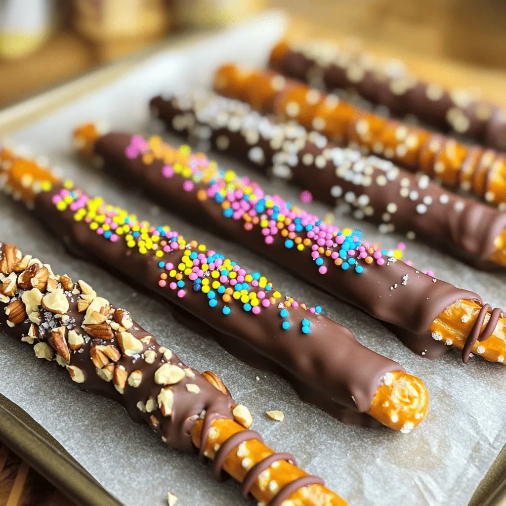 - 1 cup pretzel rods - 1 cup semi-sweet chocolate chips - 1 tablespoon coconut oil - 1/2 cup crushed nuts (almonds, peanuts, or hazelnuts) - 1/2 cup colorful sprinkles - Sea salt When making chocolate dipped pretzel rods, gather all your ingredients first. This will help you stay organized. You need pretzel rods as your base. The chocolate is the star, so use semi-sweet chips for a rich taste. Adding coconut oil makes the chocolate smooth and shiny. Crushed nuts give a nice crunch and flavor. Colorful sprinkles add fun and excitement to the look. Finally, a sprinkle of sea salt enhances the sweetness. - Microwave-safe bowl - Baking sheet - Parchment paper - Spoon for dipping Having the right tools is key to success. Use a microwave-safe bowl to melt your chocolate. A baking sheet is needed for setting your pretzel rods. Parchment paper helps prevent sticking and makes cleanup easy. A simple spoon works best for dipping the pretzels. It helps you coat them evenly without a mess. With these ingredients and tools ready, you are set to create a tasty treat. For the complete recipe, check [Full Recipe]. Start by preparing your workspace. First, line a baking sheet with parchment paper. This step is key for easy removal later. The parchment paper keeps the pretzel rods from sticking. You will thank yourself during cleanup! Next, you need to melt the chocolate. Combine the chocolate chips and coconut oil in a microwave-safe bowl. This mix helps the chocolate stay smooth. Heat it in the microwave using 30-second intervals. Stir well after each interval. Keep going until the chocolate is silky and fully melted. Now for the fun part—dipping the pretzel rods! Take each pretzel rod and dip it into the melted chocolate. Make sure it’s fully coated. If you have trouble coating it evenly, use a spoon to help out. This will give a nice, thick coat of chocolate. After dipping, it’s time to decorate! You can roll half of the chocolate-covered pretzel in crushed nuts. Roll the other half in colorful sprinkles. This makes for a fun and tasty look. If you want, you can also sprinkle a little sea salt on top. It adds a nice touch. Once all the pretzel rods are dipped and decorated, place them on the lined baking sheet. Now, it’s time to let the chocolate set. Put the baking sheet in the refrigerator for about 30 minutes. This step helps the chocolate harden perfectly. When it’s done, you will have a tasty treat ready to enjoy! For more details, check out the Full Recipe. To get a smooth dip, you need the right chocolate consistency. Melt the chocolate chips with coconut oil. The oil helps the chocolate stay smooth and shiny. Heat it in short bursts, like 30 seconds at a time. Stir after each burst. The chocolate should be silky, not clumpy. Chocolate can seize up if it gets too hot or if water touches it. Always keep your bowl dry. Make sure no steam escapes from the microwave. If your chocolate starts to clump, don’t panic! Add a splash of coconut oil and stir until it softens again. Make your pretzel rods stand out! Use colorful sprinkles or crushed nuts for a fun look. You can serve them in a jar with a ribbon or on a fancy stand. This adds charm to your snack. The more colorful, the better! {{image_4}} You can change the chocolate type to mix things up. Use white chocolate for a sweet twist. Dark chocolate gives a rich flavor. Milk chocolate is a classic favorite. Each type brings its own taste. You can also add flavor extracts. Try peppermint or orange zest for fun! Think about different toppings to add texture and taste. Chopped nuts like almonds or peanuts work well. You can also use crushed pretzels for crunch. Sprinkles add color and fun. Don’t forget about mini chocolate chips! They can add extra sweetness. Make your pretzel rods fit any occasion. Use red and green sprinkles for Christmas. For Halloween, dip them in orange chocolate! Use pastel colors for Easter. Birthday parties can have colorful sprinkles. Themed pretzel rods can be a great gift or snack! To keep your chocolate dipped pretzel rods fresh, store them in an airtight container. Use a container that allows enough space so they don’t touch each other. If they are stacked, use parchment paper between layers to prevent sticking. This simple step helps maintain their crispness and keeps the chocolate intact. Chocolate dipped pretzel rods stay fresh for about 1 to 2 weeks. After that, they may lose some crunch and flavor. Make sure to check for any signs of moisture or off smells. If stored properly, you can enjoy them for days! You can freeze these treats for longer storage. To do this, wrap each pretzel rod individually in plastic wrap. Place them in a freezer-safe bag or container. When you want to enjoy them, simply take out the desired number and let them thaw at room temperature. This method keeps the chocolate and pretzels tasty for later enjoyment. To make chocolate-dipped pretzel rods, follow these simple steps: 1. Prepare your workspace. Line a baking sheet with parchment paper. 2. Melt chocolate. In a microwave-safe bowl, combine chocolate chips and coconut oil. Heat in 30-second intervals until smooth. 3. Dip pretzels. Carefully dip each pretzel rod into the melted chocolate. Use a spoon if needed. 4. Add toppings. Roll half of the chocolate-dipped pretzel in crushed nuts and the other half in sprinkles. 5. Sprinkle sea salt. Before the chocolate sets, sprinkle a pinch of sea salt on top. 6. Chill to set. Place the baking sheet in the fridge for about 30 minutes until the chocolate hardens. This method yields delicious treats. You can find the full recipe for more details. Yes, you can use various types of chocolate. Milk chocolate, dark chocolate, and white chocolate all work well. Each type offers a unique flavor. Dark chocolate adds a rich taste, while milk chocolate is sweeter. White chocolate brings a creamy touch. You can mix and match for fun flavor combinations. Just remember to adjust your melting method as needed. You can find pre-made chocolate-dipped pretzel rods at many stores. Look in the snack aisle or the bakery section. Specialty candy shops often sell them too. Online retailers like Amazon have a variety of options. Local bakeries may offer fresh, made-to-order versions. These options save time and are great for gifts or parties. We explored how to make delicious chocolate-dipped pretzel rods. You learned the ingredients, tools, and steps needed for this fun treat. We shared tips for a smooth dip and some tasty variations too. Remember, you can use different chocolates and toppings to make them unique. Storage tips ensure they stay fresh for your enjoyment. Now, grab your ingredients and get started. Your tasty treats await!