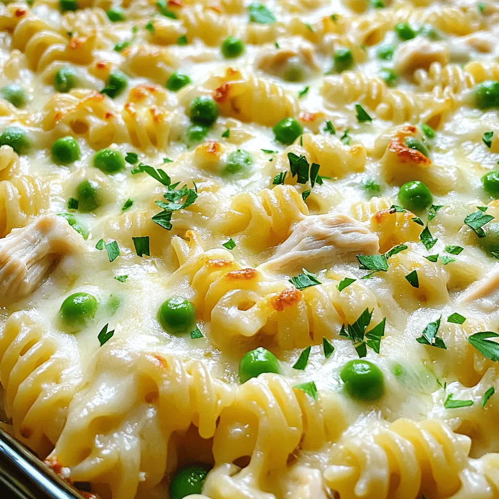 To make an easy chicken Alfredo bake, gather these essential ingredients: - 2 cups cooked rotini or penne pasta - 2 cups cooked chicken breast, shredded - 3 cups Alfredo sauce (store-bought or homemade) - 1 cup frozen peas, thawed - 1 cup grated mozzarella cheese - 1/2 cup grated Parmesan cheese - 1 teaspoon garlic powder - 1/2 teaspoon black pepper - 1/2 teaspoon Italian seasoning - Fresh parsley, finely chopped (for garnish) If you want to add more flavor, consider these options: - 1/2 cup chopped sun-dried tomatoes for a tangy kick - 1/2 cup sliced mushrooms for earthy notes - Fresh spinach for a pop of color and nutrition - Crushed red pepper flakes for heat You can easily customize this dish. Here are some ideas: - Use whole wheat pasta for a healthier option. - Swap chicken for cooked shrimp or turkey. - Try a dairy-free Alfredo sauce for lactose-free diets. - Add different vegetables like broccoli or bell peppers for extra crunch. For the full recipe, check out the detailed cooking instructions. First, preheat your oven to 375°F (190°C). This warms it up, so your dish cooks evenly. In a big bowl, mix together the cooked pasta, shredded chicken, Alfredo sauce, and thawed peas. Add garlic powder, black pepper, and Italian seasoning for flavor. Stir until everything blends well. Grease a 9x13 inch baking dish with cooking spray or butter. Pour the pasta mixture in and spread it out evenly. This helps it bake nicely. Cover the dish with aluminum foil to stop the cheese from burning. Bake it in the oven for 20 minutes. After that, take off the foil. Bake for another 10 to 15 minutes. The cheese should bubble up and turn golden brown. Once done, let it rest for about 5 minutes. This helps it set and makes it easier to serve. Serve the chicken Alfredo bake right from the baking dish. You can also scoop it into bowls for a nice touch. Drizzle some extra Alfredo sauce on top to make it look fancy. For a fresh finish, sprinkle finely chopped parsley on top. Pair it with a side salad for a complete meal. For the full recipe, check out the detailed steps above. Avoid overcooking your pasta. Cook it just until al dente. It will soften more in the oven. Another mistake is using too much sauce. A good balance makes it creamy but not soggy. Also, don’t skip the foil cover in the first part of baking. This helps keep the cheese from burning. For the creamiest sauce, choose a high-quality Alfredo sauce. You can make it at home if you prefer. Use a mix of butter, heavy cream, and Parmesan cheese. Stir slowly and let it simmer. This helps all the flavors blend well. Adding a touch of garlic powder enhances the taste too. To save time, use rotisserie chicken. It’s quick and easy. You can also make the pasta and sauce ahead of time. Store them in the fridge until you’re ready to bake. Prepping in advance helps you enjoy a homemade meal without the stress. To see the complete method, check the Full Recipe. {{image_4}} You can easily make a vegetarian version. Start by swapping out the chicken for sautéed mushrooms or zucchini. Both options add great flavor and texture. You can also use chickpeas for protein. They blend well with Alfredo sauce and add a nice bite. Cheese can change everything! Try different cheeses for new flavors. Use gouda for a smoky touch or cheddar for a sharp taste. Mixing mozzarella and provolone gives a stretchy texture that's delightful. Experiment to find your favorite combo. Add veggies to boost nutrition. Spinach, broccoli, or bell peppers work well in this dish. They add color and crunch. You can also toss in some cooked spinach for a creamy texture. Experiment with your favorite greens to make it even tastier. For the full recipe, check out the earlier sections of this article. After enjoying your Easy Chicken Alfredo Bake, store leftovers in an airtight container. Make sure to let the dish cool before sealing it. This helps keep the taste fresh. Refrigerate the leftovers within two hours. They will stay good for up to three days. Label the container with the date for easy tracking. To reheat, use the oven for the best taste. Preheat your oven to 350°F (175°C). Place the Chicken Alfredo Bake in a baking dish. Cover it with foil to keep it moist. Heat for about 20 minutes, or until it is warm all the way through. You can also use the microwave. Place a portion on a microwave-safe plate. Cover it with a damp paper towel and heat for about 2-3 minutes, stirring halfway through. If you want to save your Chicken Alfredo Bake for later, freezing is a great option. Make sure to let it cool completely. Cut it into portions and wrap each piece in plastic wrap. Then, place the wrapped pieces in a freezer-safe bag or container. It will last up to three months in the freezer. When ready to eat, thaw it overnight in the fridge. Reheat as mentioned above for a tasty meal. You can find the Full Recipe to make this dish again! You can store the Chicken Alfredo Bake in the fridge for about three to four days. Make sure to keep it in an airtight container. If you want to keep it longer, freeze it for up to three months. Just ensure it's well sealed to prevent freezer burn. Yes, you can use fresh chicken. Just cut it into small pieces and cook it first. You can sauté it in a pan until it's no longer pink. This will give your dish a fresh taste and juicy texture. Chicken Alfredo Bake pairs well with a simple side salad or garlic bread. You can also serve it with steamed veggies for extra color and nutrition. This balance adds freshness to the creamy dish. Absolutely! You can prepare it a day ahead. Just mix all the ingredients and store them in the fridge. When you're ready, bake it as directed. This saves time on busy days. Yes, you can make this dish gluten-free. Use gluten-free pasta and check your Alfredo sauce for gluten content. Many brands offer gluten-free options. This way, everyone can enjoy the meal. For the complete recipe, check the [Full Recipe]. This blog post covered how to make a tasty Chicken Alfredo Bake. We explored key ingredients, helpful steps, and tips for rich flavor. You learned about variations, storage methods, and common mistakes to avoid. The recipe offers flexibility with options for vegetarians and unique flavors. Remember, cooking can be fun and simple. Enjoy creating this dish for family and friends. It’s a perfect meal for any occasion. Your kitchen adventures start now. Happy cooking!