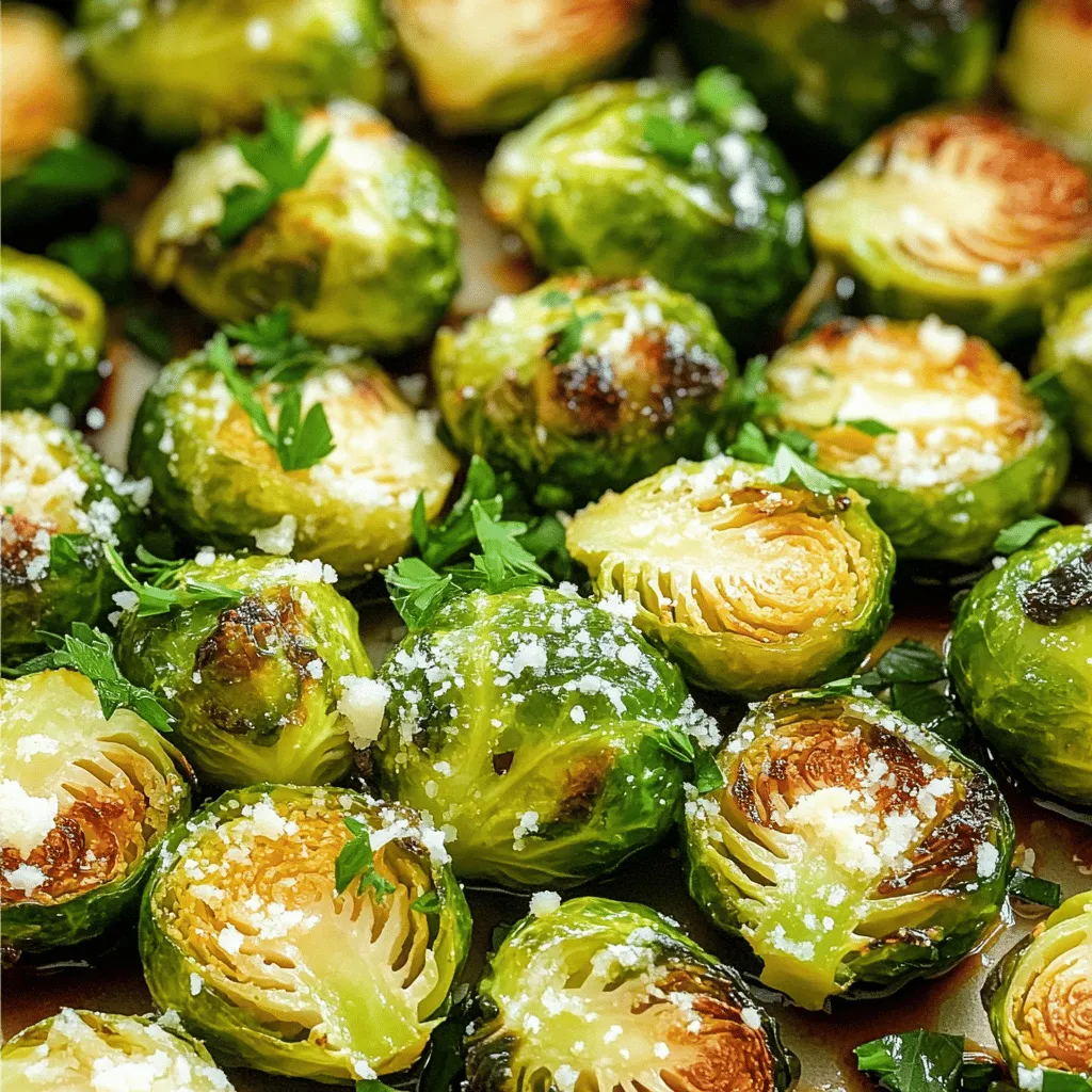 To make the best Garlic Parmesan Roasted Brussels Sprouts, you need simple, fresh ingredients. Here’s what you will need: - 1 pound Brussels sprouts, trimmed and halved - 4 cloves garlic, minced - ¼ cup freshly grated Parmesan cheese - 3 tablespoons extra virgin olive oil - 1 teaspoon garlic powder - 1 teaspoon onion powder - Sea salt and freshly cracked black pepper, to taste These core ingredients bring out the natural sweetness of the Brussels sprouts. The garlic adds a bold kick, while the Parmesan cheese gives a rich, salty flavor. You can take these Brussels sprouts to the next level with optional ingredients: - 1 tablespoon balsamic vinegar (for added depth of flavor) - Fresh parsley, finely chopped (for garnishing) Balsamic vinegar adds a sweet and tangy note, making the dish even more exciting. The fresh parsley not only looks nice but also brightens the taste. Each ingredient packs a punch when it comes to nutrition: - Brussels sprouts are high in fiber, vitamins C and K, and antioxidants. - Garlic supports immune health and may lower blood pressure. - Parmesan cheese provides protein and calcium. - Olive oil is a healthy fat that supports heart health. - Garlic powder and onion powder both add flavor with fewer calories. Using fresh, high-quality ingredients enhances both the taste and nutritional value of the dish. For the full recipe, check out the instructions above. To start, gather your Brussels sprouts. You want to trim the ends and cut them in half. This helps them cook evenly. Make sure to rinse them in cold water. Then, dry them well with a towel. Wet sprouts won’t roast nicely. In a large bowl, mix the halved Brussels sprouts with olive oil, minced garlic, garlic powder, onion powder, and a good pinch of salt and pepper. You want every sprout to be coated well. This mix adds great flavor. The garlic brings a nice kick, while the cheese will add richness later on. If you want more depth, add balsamic vinegar. It makes the dish even tastier. Now, spread the seasoned sprouts on a baking sheet lined with parchment paper. Make sure they are in a single layer. This helps them get crispy. Roast them in your preheated oven at 400°F for about 20 to 25 minutes. Halfway through, stir them to ensure they brown evenly. When they are golden and crispy, take them out. Sprinkle the grated Parmesan on top while they are hot. If you added balsamic vinegar, drizzle it now and put them back in the oven for 5 more minutes. This melts the cheese perfectly. Finally, toss them gently and garnish with parsley before serving. Enjoy this delicious dish! For the full recipe, check out the details above. To get that amazing crisp, start with fresh Brussels sprouts. Trim and halve them. This helps them cook faster and evenly. Use a high heat, around 400°F (200°C). Make sure to spread them out on the baking sheet. Overcrowding will create steam, not crispness. Stir them halfway through cooking. This ensures all sides turn golden and crisp. You can boost flavor with a few simple additions. Try adding balsamic vinegar for a sweet kick. A touch of lemon zest can brighten up the dish. If you love heat, add red pepper flakes for a spicy twist. Feel free to mix in different herbs like thyme or rosemary. Cheddar or feta cheese can also add a delicious twist if you want to change the cheese. Avoid using old or soggy Brussels sprouts. They won't roast well. Don't skip the oil; it helps with browning. Skipping the garlic powder can lessen the flavor. Finally, be careful not to overcook them. They should be tender but not mushy. Follow these tips for perfect Garlic Parmesan Roasted Brussels Sprouts every time. For the full recipe, check the detailed instructions above. {{image_4}} You can change the cheese to mix up the flavor. Try using Asiago for a sharper taste. Feta adds a nice tang. If you want a creamier option, try goat cheese. Each cheese brings a unique twist to Garlic Parmesan Roasted Brussels Sprouts. Adding other veggies boosts the nutrients in this dish. Carrots add sweetness and color. Broccoli pairs well and gives extra crunch. You can also toss in bell peppers for a pop of flavor. Mix these in with the Brussels sprouts before roasting for a hearty side. If you enjoy heat, add some spice! A pinch of red pepper flakes works great. You can also stir in a bit of cayenne pepper for more warmth. For a smoky flavor, try smoked paprika. These spices will kick up the flavor of your Garlic Parmesan Roasted Brussels Sprouts. Don't forget to check the [Full Recipe] for the base preparation! To keep your Garlic Parmesan Roasted Brussels Sprouts fresh, store them in an airtight container. Make sure to let them cool first. You can keep them in the fridge for up to three days. If you want the best taste, eat them within a day or two. When you reheat Brussels sprouts, you want to keep them crispy. The best way is to use the oven. Preheat it to 350°F (175°C). Spread the sprouts on a baking sheet and heat for about 10-15 minutes. This method helps maintain their crunch and flavor. If you're short on time, you can use the microwave. Just heat them in short bursts, stirring in between, but they may lose some crispiness. If you want to store Brussels sprouts for longer, freezing works well. First, blanch them in boiling water for about three minutes. Then, cool them in an ice bath. Drain and pat them dry, then place them in freezer bags. Remove as much air as possible. They can last up to three months in the freezer. When you’re ready to use them, just thaw and reheat. For the best flavor, try to use them straight from the freezer into your dishes. For more tips on how to make these delicious sprouts, check the Full Recipe. Yes, you can make these sprouts ahead. Simply prepare them, but do not roast yet. Store the seasoned sprouts in the fridge for up to 24 hours. When ready, roast them as usual. This keeps the flavor fresh and vibrant. If you need a substitute, try nutritional yeast. It gives a cheesy flavor without dairy. You can also use pecorino Romano or any hard cheese you like. Just remember, each cheese has its own taste. Adjust the amount based on your preference. To make this dish vegan, skip the Parmesan cheese. Instead, use a mix of nutritional yeast and a little salt for flavor. You can also try vegan cheese that melts well. These options will keep the dish tasty while staying plant-based. For the full recipe, check the detailed cooking steps above. Garlic Parmesan roasted Brussels sprouts are tasty and nutritious. We covered key ingredients, steps, and tips for success. You learned about optional flavors and how to store leftovers well. Remember, small changes can boost taste and texture, like using different cheeses or adding spices. With these ideas in mind, you can easily whip up this dish for any meal. Enjoy experimenting and making it your own!
