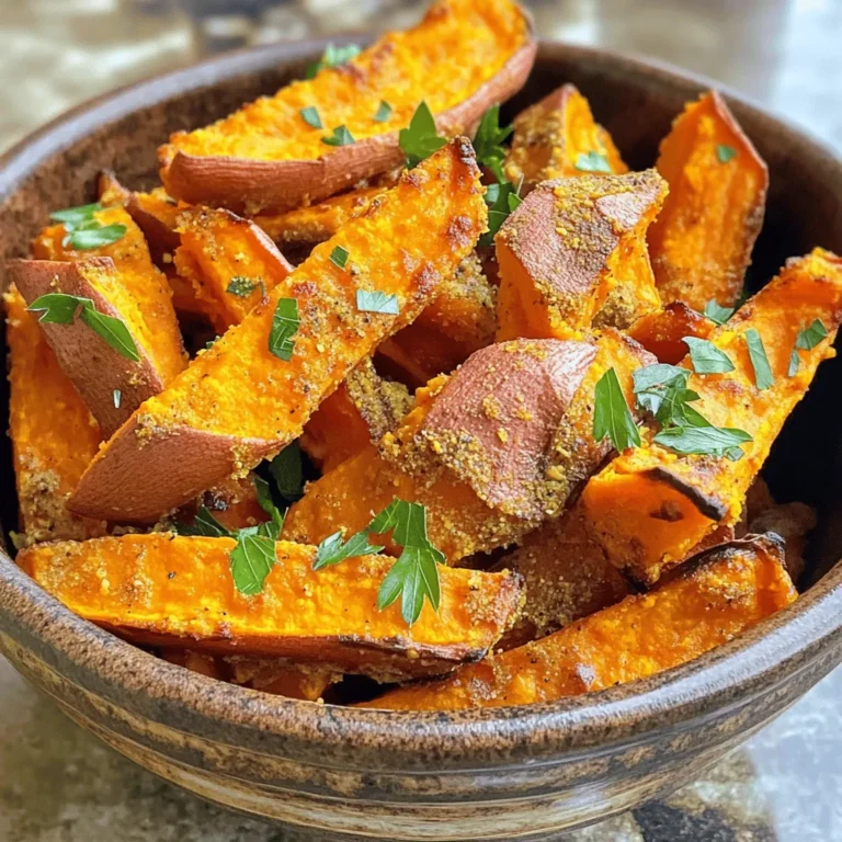 - 2 large sweet potatoes - 2 tablespoons extra virgin olive oil - Spices: smoked paprika, garlic powder, onion powder, sea salt, black pepper, cayenne pepper - Fresh parsley (for garnish) - Other seasonings or spices for personal customization When you prepare baked sweet potato fries, focus on the main ingredients. Start with two large sweet potatoes. Peel and cut them into fries. Next, grab two tablespoons of extra virgin olive oil. This oil adds flavor and helps the fries crisp up. Now, let’s talk about spices. You will need smoked paprika, garlic powder, onion powder, sea salt, black pepper, and cayenne pepper. The smoked paprika gives a nice depth. Garlic powder and onion powder add savory notes. Sea salt and black pepper bring out the natural sweetness of the potatoes. If you want a kick, add cayenne pepper. For a fresh touch, use parsley. It adds color and a hint of earthiness. You can also get creative with optional add-ins. Try your favorite spices or herbs to make these fries truly your own. For the full recipe, check out the detailed steps in the recipe section. First, preheat your oven to 425°F (220°C). Grab a large baking sheet and line it with parchment paper. This will help your fries not stick. Next, take your two large sweet potatoes and peel them. Cut each potato into long, thin fries. Aim for uniform sizes so they cook evenly. In a big mixing bowl, add your sweet potato fries. Drizzle 2 tablespoons of extra virgin olive oil over them. Now, it’s time for flavor! Add 1 teaspoon of smoked paprika, 1 teaspoon of garlic powder, and ½ teaspoon each of onion powder and sea salt. Sprinkle in ¼ teaspoon of black pepper and cayenne if you like it spicy. Toss everything together until the fries are well-coated with oil and spices. Spread the fries on the baking sheet in a single layer. Make sure they are not touching each other. This helps them get crispy instead of steaming. Now, bake them in the oven for 25-30 minutes. Remember to flip the fries halfway through. This ensures they turn golden-brown on all sides. When they’re done, let them cool for a few minutes. This step will make them even crispier. For a nice finish, sprinkle fresh parsley on top just before serving. Enjoy your crunchy and flavorful snack! For the full recipe, check out the earlier section. To make your fries crispy, start with dry sweet potatoes. After cutting them, pat them dry with a towel. This helps reduce moisture. Next, avoid crowding the baking sheet. Each fry needs space to cook well. If the fries touch, they will steam instead of crisp. Spread them out in a single layer for the best results. You can boost the flavor of your fries with more spices. Consider adding cumin for warmth or rosemary for an earthy touch. You can also try a sprinkle of nutritional yeast for a cheesy taste. If you want a crunchier texture, bake them longer or switch to an air fryer. This method can give you that extra crispiness everyone loves. To make your fries look great on the table, serve them in a fun cone-shaped holder. This adds a nice touch to your meal. You can also use a rustic bowl for a cozy feel. Pair your fries with tasty dipping sauces like creamy garlic aioli or zesty spicy ketchup. These flavors will make your dish even more enjoyable. For the full recipe, check out the detailed steps above. {{image_4}} You can change the flavor of your sweet potato fries by using different seasonings. Instead of the usual spices, try these options: - Herb mixes: Use Italian herbs for a fresh taste. - Chili powder: This adds a nice kick and smokiness. Mix these spices in with the olive oil for a new flavor twist. Feel free to experiment with what you have at home! You can make your fries even more fun by adding toppings. Here are some ideas: - Cheese: Sprinkle cheddar or feta on top for a savory treat. - Avocado: Add slices or a creamy avocado sauce for a rich flavor. You can go for sweet toppings too! Drizzle honey or maple syrup for a sweet touch. This gives you a sweet versus savory choice that is sure to please. If you want a crispier result, try the air fryer! Here’s how to adjust the recipe: 1. Preheat your air fryer to 400°F (200°C). 2. Coat the sweet potato fries with olive oil and spices as before. 3. Place the fries in the air fryer basket in a single layer. Avoid overcrowding for the best results. 4. Cook for 15-20 minutes, shaking the basket halfway through. You’ll get crispy, golden fries in less time! This method is quick and easy, perfect for busy days. For the full recipe, check out the link above. Store leftover baked sweet potato fries in an airtight container. This keeps them fresh. Place a paper towel in the container to absorb moisture. This helps maintain crispness. Try to eat the fries within three days for the best taste. To reheat fries and keep them crispy, use an oven or air fryer. Preheat the oven to 400°F (200°C). Spread the fries on a baking sheet. Bake for about 10 minutes. If using an air fryer, set it to 375°F (190°C) for 5-7 minutes. This will bring back their crunch. You can freeze baked sweet potato fries for later use. Let them cool completely before freezing. Spread them in a single layer on a baking sheet. Freeze for 1-2 hours until firm. Then transfer them to a freezer bag. They will stay good for up to three months. When you’re ready to eat, bake them straight from the freezer for a quick snack. For the full recipe, check out the details provided earlier. Baking sweet potato fries takes about 25 to 30 minutes at 425°F (220°C). Start by preheating your oven. This high heat helps create a crispy outside while keeping the inside soft. Flip the fries halfway through to ensure even cooking. Look for that golden color; it means they are ready to enjoy! Yes, you can! Other oils like avocado oil or canola oil work well. Each oil brings a different flavor. Avocado oil has a mild taste, while canola oil is more neutral. If you want a distinct taste, try coconut oil. Remember, the oil you choose can change the overall flavor of your sweet potato fries. Baked sweet potato fries are indeed healthier than regular fries. Sweet potatoes are rich in vitamins and fiber. They have fewer calories and less fat when baked. Regular fries, often fried in oil, can add unhealthy fats. So, when you choose baked sweet potato fries, you get a tasty snack that is better for your health. Customizing spices is easy! Start with the basic recipe and add your favorites. For a spicy kick, use chili powder or cayenne. If you like herbs, try rosemary or thyme. A touch of cinnamon can add warmth, too. Mix and match spices to find your perfect flavor blend. Get creative and make it your own! For the full recipe, check out the Crispy Baked Sweet Potato Fries. This blog post showed you how to make tasty baked sweet potato fries. We covered the main ingredients, detailed steps for preparation and baking, and tips for the best results. You learned about variations, storage tips, and answers to common questions. Now, you can enjoy your homemade fries. Customize them to fit your taste. Try different spices and toppings. With some simple tricks, you’ll always have crunchy, delicious fries ready to serve.