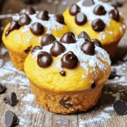 - 1 cup pumpkin puree (canned or homemade) - 1/2 cup packed brown sugar - 1/4 cup granulated sugar - 1/2 cup vegetable oil (or melted coconut oil) - 2 large eggs, at room temperature - 1 teaspoon pure vanilla extract - 1 1/2 cups all-purpose flour - 1 teaspoon baking powder - 1/2 teaspoon baking soda - 1 teaspoon ground cinnamon - 1/2 teaspoon ground nutmeg - 1/4 teaspoon salt - 1/2 cup semi-sweet or dark chocolate chips In this recipe, we focus on simple, wholesome ingredients. Pumpkin puree gives moisture and flavor. Brown sugar adds a rich taste, while granulated sugar provides sweetness. Vegetable oil keeps the muffins soft and tender. Next, we use two large eggs, which help the muffins rise. The vanilla extract adds a nice touch. For the dry mix, we have all-purpose flour, baking powder, and baking soda. These help in making the muffins fluffy. The spices, like cinnamon and nutmeg, give that warm, cozy flavor. Finally, the chocolate chips are the stars. They add sweetness and richness. You can use semi-sweet or dark chocolate, depending on your taste. This recipe yields 12 muffins, perfect for sharing or enjoying throughout the week. Now that you know what you need, you can easily gather your ingredients and get started on making these delightful pumpkin chocolate chip muffins! For the full recipe, check the detailed instructions above. - Preheat your oven to 350°F (175°C). - In a large mixing bowl, combine the pumpkin puree, brown sugar, granulated sugar, vegetable oil, eggs, and vanilla extract. Mix well until it is smooth. - In another bowl, whisk the flour, baking powder, baking soda, ground cinnamon, ground nutmeg, and salt until blended. - Gradually fold the dry mixture into the wet one. Use a spatula and mix gently. - Carefully mix in the chocolate chips. Be sure they spread evenly through the batter. - Fill each muffin cup about two-thirds full with batter. This gives them room to rise. - Bake for 18-20 minutes. To check if they are done, insert a toothpick in the center of a muffin. It should come out clean or with a few crumbs. To make your muffins fluffy, follow these steps: - Measure flour correctly: Scoop flour lightly into your measuring cup, then level it off. - Avoid overmixing: Mix until just combined. A few lumps are okay. - Use room temperature eggs: This helps the batter mix better and rise nicely. It’s key to have your ingredients at the right temperature. Cold eggs or butter can lead to dense muffins. Always take them out ahead of time. Serve your pumpkin chocolate chip muffins warm for the best taste. They pair well with a cup of coffee or tea. You can top them to enhance flavor and looks. Here are some great ideas: - Powdered sugar: Lightly dust the tops for a sweet finish. - Melted chocolate: Drizzle over the muffins for a rich treat. - Chopped nuts: Sprinkle some on top for crunch and flavor. For the full recipe, check out the complete instructions above. These tips will help you create delightful muffins every time! {{image_4}} For those who need gluten-free options, you can use almond flour or a gluten-free blend instead of all-purpose flour. Both choices keep the muffins light and fluffy. Just make sure to check the labels to avoid any hidden gluten. If you're looking for vegan substitutions, you can replace eggs with flax eggs. To make a flax egg, mix one tablespoon of ground flaxseed with three tablespoons of water. Let it sit for a few minutes until it thickens. This swap keeps your muffins moist and delicious. You can get creative with flavor by adding nuts or dried fruits. Chopped walnuts or pecans add a nice crunch. Dried cranberries or raisins bring a sweet and chewy texture. Mix them in with the chocolate chips for a fun twist. Using different types of chocolate is another way to change things up. Try dark chocolate for a richer taste, or use white chocolate for a sweeter muffin. You can even mix different types of chocolate to create a unique flavor blend. For the full recipe, check out the detailed instructions earlier in this article. To keep your pumpkin chocolate chip muffins fresh, store them in an airtight container. This will help retain their moisture and softness. You can leave them on the counter for up to three days. If you want to keep them longer, you can refrigerate them. Just remember that refrigeration may make them a bit dry. To freeze your muffins, first let them cool completely. Then, wrap each muffin tightly in plastic wrap. Place the wrapped muffins in a freezer bag or container. They can last up to three months in the freezer. When you're ready to enjoy a muffin, take it out and let it sit at room temperature. You can also defrost it in the microwave for about 15-20 seconds. This will warm it up nicely. Enjoy the deliciousness whenever you crave it! For the full recipe, check out the instructions above! Yes, you can use fresh pumpkin. Just cook it, mash it, and strain it. Make sure it is smooth. This will give your muffins a great taste. These muffins last about 3 days at room temperature. Store them in an airtight container. If you want them to last longer, freeze them. Yes, you can make the batter ahead. Store it in the fridge for up to 24 hours. Just remember to stir it gently before baking. You can use applesauce or mashed bananas as an egg substitute. Use 1/4 cup for each egg. This will keep your muffins moist and tasty. To prevent sinking, do not overmix the batter. Mix until just combined. Also, make sure your baking powder is fresh. This will help your muffins rise nicely. For the full recipe, check out the complete details above! These pumpkin chocolate chip muffins are easy to make and delicious. We covered the key ingredients and simple steps needed to bake them. I shared tips for perfect fluffiness and tasty serving ideas. Plus, you learned about variations to meet different dietary needs. With proper storage, your muffins can stay fresh longer. Enjoy your baking journey and share these muffins with friends and family!