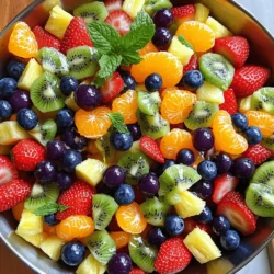 For a bright and colorful Rainbow Fruit Salad, you need a mix of fruits. Here’s what to include: - 1 cup strawberries, hulled and quartered - 1 cup orange segments, fresh or canned (if using canned, drain well) - 1 cup pineapple chunks, fresh or canned (if using canned, drain well) - 1 cup kiwifruit, peeled and sliced into rounds - 1 cup blueberries, fresh or frozen (if using frozen, allow to thaw) - 1 cup purple grapes, halved These fruits bring color and taste to your salad. Each one offers a unique flavor that adds depth. To sweeten your salad, mix in: - 2 tablespoons honey, or to taste - 1 tablespoon fresh lime juice, for brightness The honey adds sweetness, while lime juice gives a fresh zing. Adjust these to fit your taste. For a finishing touch, consider adding: - Fresh mint leaves, for garnish Mint leaves not only look pretty but also add a nice aroma. They enhance the overall taste of your dish. For the full recipe, refer to the earlier section. Start by washing all the fruits. This helps remove dirt and germs. For the strawberries, hull them and cut them into quarters. If you use fresh oranges, segment them carefully. If canned, drain them well. Cut the pineapple into chunks. Peel the kiwifruit and slice it into rounds. For the blueberries, thaw them if they are frozen. Finally, halve the purple grapes. Grab a small bowl for the dressing. Add two tablespoons of honey. Then, squeeze in one tablespoon of fresh lime juice. Whisk these two together until smooth. If you like it sweeter, feel free to add more honey. This dressing gives the fruit a tasty zing! In a large mixing bowl, add all the prepared fruits. Pour the honey-lime dressing over the colorful mix. Use a spatula or a large spoon to gently toss the fruits. Be careful not to mash them. Cover the bowl with plastic wrap and chill it in the fridge for about 15-20 minutes. This makes the flavors better. Before serving, give it a gentle toss. For a fun touch, add fresh mint leaves on top. You can also serve it in a big glass bowl or in individual bowls to show off those bright colors. When making a rainbow fruit salad, picking the right fruits is key. Look for fruits that are vibrant and firm. Here are some tips: - Strawberries: Choose bright red berries. They should be plump and fragrant. - Oranges: Select oranges that feel heavy for their size. Their skin should be smooth. - Pineapple: A ripe pineapple has a sweet smell. Press gently; it should yield slightly. - Kiwifruit: Look for kiwis that are slightly soft when pressed. Avoid hard ones. - Blueberries: Choose plump and firm blueberries. They should be deep blue. - Grapes: Pick grapes that are firm and green or purple, depending on your choice. Not all fruits have the same level of sweetness. Here’s how to adjust it: - Honey: Start with two tablespoons of honey. If you want it sweeter, add more. - Lime Juice: Adding lime juice brightens the flavors and balances sweetness. - Taste Test: After mixing, taste the salad. Adjust the honey and lime to your liking. Serving your rainbow fruit salad can make it even more fun. Here are some ideas: - Presentation: Use a clear bowl to show off the colors. A glass bowl is perfect. - Individual Servings: For parties, serve in small cups. It’s festive and easy to grab. - Garnish: Add mint leaves on top for color and a fresh taste. - Chill Time: Refrigerate for 15-20 minutes. This makes the salad cold and refreshing. With these tips, your rainbow fruit salad will shine! For more details on how to create it, check the full recipe. {{image_4}} If you have dietary needs, you can easily change the recipe. For those with allergies, swap out fruits as needed. Use apples instead of oranges for a sweet crunch. If you avoid honey, try agave syrup or maple syrup for a vegan option. You can also use yogurt for a creamy twist. Always check labels to ensure safety. Feel free to get creative and add other fruits. Consider bananas, melons, or peaches for extra flavors. Each fruit adds its own unique taste and color. You can mix and match based on what you love. A splash of creativity can make your salad even more fun! You can make themed fruit salads for special events. For a summer barbecue, use tropical fruits like mango and coconut. For a fall vibe, add apples and pears with a sprinkle of cinnamon. Create a Valentine's Day salad with only red and pink fruits. These themes can make your dish more festive and exciting. You can find the full recipe to help you explore these ideas! Store leftover Rainbow Fruit Salad in an airtight container. This keeps the fruits fresh and tasty. Place the container in the fridge right after serving. Avoid leaving it out to prevent spoiling. If you have extra dressing, store it separately. This prevents the fruits from becoming mushy. When stored properly, Rainbow Fruit Salad lasts about 2 to 3 days in the fridge. The fruit remains safe to eat during this time. However, the freshness can start to fade after the first day. Always check for any signs of spoilage before eating. If the fruit looks or smells off, it’s best to toss it. If you use frozen fruits for your salad, thaw them first for the best texture. Place the frozen fruits in the fridge overnight or run them under cold water for a few minutes. After thawing, you may notice some extra liquid. That’s normal! Drain the excess liquid before adding them to your salad. This keeps your dish from becoming watery. For perfect results, use thawed fruits immediately after rehydrating. Yes, you can prepare Rainbow Fruit Salad ahead of time. I recommend making it a few hours before you plan to serve it. This way, the flavors blend well, and the salad stays fresh. Just remember to keep it covered in the fridge. If you make it too early, some fruits may lose their crunch. The best fruits for a Rainbow Fruit Salad include: - Strawberries - Oranges - Pineapple - Kiwifruit - Blueberries - Purple grapes These fruits bring bright colors and great taste. You can also add your favorite fruits for a personal touch. The goal is to have a mix of colors to make the salad visually appealing. To keep fruits from browning, use fresh lemon or lime juice. A little citrus juice helps keep fruits like apples and bananas looking fresh. In this salad, the lime juice in the honey-lime dressing works well. Just toss the fruits right after cutting them. This will help keep them colorful and tasty. You learned how to make a Rainbow Fruit Salad today. We covered fresh fruits, sweeteners, and dressings. You now know how to prepare, dress, and serve the salad. Remember to choose ripe fruits for the best taste. Keep sweetness balanced to suit your palate. Store leftovers properly to enjoy later. You can mix and match fruits for fun variations. With these tips, you can make a colorful dish that delights everyone. Enjoy your fresh and tasty creation!