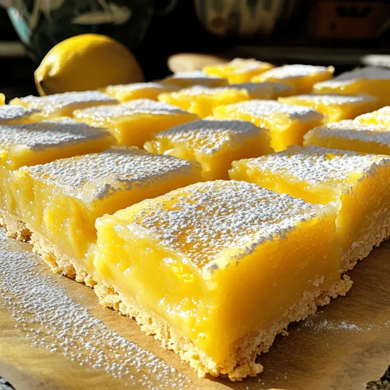 To make easy lemon bars, gather these simple ingredients: - 1 cup all-purpose flour - 1/2 cup powdered sugar, plus more for dusting - 1/2 cup unsalted butter, softened to room temperature - 1 cup granulated sugar - 2 large eggs, at room temperature - 1/4 cup freshly squeezed lemon juice (about 2 medium lemons) - Zest of 1 lemon, finely grated - 1 teaspoon baking powder - A pinch of salt Using fresh ingredients is key for great lemon bars. Fresh lemons bring bright, zesty flavor. They help the bars taste lively and delicious. Old lemons may taste dull. The zest from fresh lemons adds an extra punch that elevates your bars. Fresh eggs also help the filling set better, making the bars smooth and creamy. Always choose the best quality for the best results. If you lack an ingredient, don't worry! Here are some swaps: - Swap all-purpose flour with gluten-free flour for a gluten-free option. - Instead of unsalted butter, you can use coconut oil for a dairy-free choice. - You can replace granulated sugar with honey or maple syrup, but adjust the amount. - If you don't have fresh lemons, bottled lemon juice works, but fresh is best! Feel free to get creative with these substitutions while making sure your lemon bars stay delightful. For the full recipe, check the complete instructions! Start by preheating your oven to 350°F (175°C). Grab a 9x9-inch baking dish and lightly grease it with butter or spray. This helps the bars come out easily. In a medium bowl, mix 1 cup of all-purpose flour with 1/2 cup of powdered sugar. Then, add 1/2 cup of softened unsalted butter. Use a fork to blend until it looks like coarse crumbs. Press this mix firmly into the bottom of your baking dish. This will be the crust for your lemon bars. While the crust cools, let’s make the lemon filling. In a large bowl, whisk together 1 cup of granulated sugar, 2 large eggs, and 1/4 cup of freshly squeezed lemon juice. Don’t forget the zest of 1 lemon! Add 1 teaspoon of baking powder and a pinch of salt. Mix it all until smooth, with no lumps. Pour this zesty filling over the slightly cooled crust. Make sure to spread it evenly. Now, return the dish to the oven and bake for another 20-25 minutes. Look for the edges to puff slightly and the filling to be just set. Once baked, take it out and let it cool completely in the dish on a wire rack. This cooling step helps the filling set nicely. Finally, dust the top with extra powdered sugar before cutting into squares. Enjoy your Easy Lemon Bars as a perfect treat! For the full recipe, check here: [Full Recipe]. To get the best texture in your lemon bars, focus on the crust and filling. The crust should be crumbly yet firm. Press it down well before baking. Bake it until it turns lightly golden. For the filling, mix until smooth. Avoid lumps for a creamy finish. This helps your bars set nicely. One common mistake is overmixing the filling. This can lead to a tough texture. Another mistake is skipping the cooling step. Let the bars cool completely before cutting. This helps them hold their shape. Use a sharp knife for clean cuts. Dust with powdered sugar right before serving for a pretty touch. To boost the lemon flavor, use fresh juice and zest. The zest adds a bright aroma. If you want more zing, add extra lemon juice. You can also try a bit of lemon extract for a stronger taste. Pair these bars with fresh berries for a vibrant taste experience. {{image_4}} You can easily make gluten-free lemon bars. Use almond flour or a gluten-free flour blend. These flours provide a nice texture. Just replace the all-purpose flour with your choice. Follow the same steps as the original recipe. Your bars will still be zesty and delicious! You can get creative by adding fruit or nuts to your lemon bars. Try mixing in blueberries or raspberries for a fruity twist. Chopped pecans or walnuts can add a nice crunch too. Just remember to fold these extras gently into the lemon filling. This helps keep their shape and flavor. If you need a healthier option, consider using alternative sweeteners. You can use honey, maple syrup, or stevia. These natural sweeteners can change the flavor a bit. Adjust the amount based on your taste. Just make sure to keep the balance of wet and dry ingredients the same. This will ensure your lemon bars bake perfectly. Check out the Full Recipe for details on how to make these tasty treats. Lemon bars need proper storage to keep them fresh. I recommend placing them in an airtight container. This keeps moisture out and preserves their zesty flavor. If you stack the bars, use parchment paper between the layers. This prevents sticking. Always store them in the fridge to maintain their taste and texture. When stored correctly, lemon bars last about five days in the fridge. You may notice they taste best within the first few days. As time passes, the texture may change slightly, but the flavor remains. If you want to enjoy them longer, consider freezing them. To freeze lemon bars, first, let them cool completely. Then, cut them into squares. Wrap each square in plastic wrap tightly. Place the wrapped bars in a freezer-safe bag or container. This way, they can last up to three months. When you’re ready to eat them, thaw them in the fridge overnight. You can enjoy them cold or warm them up slightly in the oven. For more details, check the Full Recipe. Yes, you can make lemon bars ahead of time. They store well in the fridge for up to a week. This makes them great for parties or gatherings. Just cover them tightly with plastic wrap or foil. This keeps them fresh and tasty. You can also freeze them for longer storage. When you’re ready to eat, just thaw them in the fridge overnight. You can tell when lemon bars are done by looking at the edges. They should be slightly puffed and set. The center might jiggle a bit but will firm up as they cool. You can also insert a toothpick. If it comes out clean or with a few moist crumbs, they are ready. Be careful not to overbake, as they can become dry. Lemon bars are great on their own, but you can serve them with a few extras. A dollop of whipped cream adds a nice touch. Fresh berries like strawberries or blueberries go well too. You might also try a scoop of vanilla ice cream for a fun dessert. Pair them with a cup of tea or coffee for a delightful treat. For the full recipe, check the details above. Lemon bars blend fresh ingredients with simple steps. I shared crucial tips for perfecting the crust and filling. You learned about tasty variations, like gluten-free and fruit add-ins. Storing the bars right helps keep them fresh longer. In the end, these bars are fun to make and enjoy. Try your own twist on this classic treat!