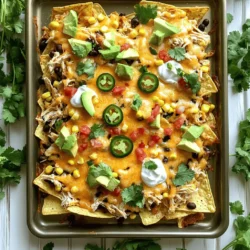 - Tortilla chips - 2 cups cooked chicken, shredded - 1 cup black beans, drained - 1 cup corn, drained - 2 cups shredded cheddar cheese - 1 cup fresh jalapeños, sliced - 1 ripe avocado, diced - 1/2 cup sour cream - 1/2 cup pico de gallo or salsa - 2 tablespoons olive oil - 1 teaspoon ground cumin - 1 teaspoon chili powder - Salt and pepper to taste - Fresh cilantro leaves for garnish For this recipe, you can use about 10-12 ounces of tortilla chips. The cooked chicken can come from a rotisserie chicken, making it easy. You can adjust the amount of cheese to your liking. If you prefer less cheese, try using 1.5 cups instead of 2. For a lighter option, swap sour cream with Greek yogurt. You can use canned corn or frozen corn, just make sure to drain it well. Each serving of these loaded nachos contains around 500 calories. You get protein from the chicken and beans. The cheese adds calcium, while the jalapeños give a kick of vitamin C. If you want a vegetarian option, skip the chicken and add more beans or veggies. This way, you can still enjoy a hearty and tasty dish. 1. Preheat your Oven: First, set your oven to 350°F (175°C). This step is key to getting that perfect melt on your cheese. 2. Prepare the Chicken Mixture: In a large skillet, heat 2 tablespoons of olive oil over medium heat. Add 2 cups of shredded chicken, 1 cup of black beans, and 1 cup of corn. Sprinkle in 1 teaspoon of ground cumin and 1 teaspoon of chili powder, along with a pinch of salt and pepper. Stir well. Cook for about 5-7 minutes, until everything is hot and smells amazing. 3. Layer the Nachos: Grab a large baking sheet. Spread a generous layer of 1 bag of tortilla chips evenly across the surface. 4. Add the Chicken Mixture: Spoon the heated chicken mixture over the chips. Make sure to cover most of the chips for even flavor. 5. Cheesy Goodness: Sprinkle 2 cups of shredded cheddar cheese over the chicken. Aim for full coverage to get that ultimate cheesy experience. 6. Top with Jalapeños: Scatter 1 cup of sliced jalapeños over the cheese. Adjust based on your spice preference. 7. Bake: Place the loaded nachos in the oven. Bake for about 15 minutes, until the cheese is melted, bubbly, and slightly golden. 8. Cool Down: Carefully remove the nachos from the oven using oven mitts. Let them cool for a couple of minutes to avoid burns. 9. Final Touches: After cooling, top with 1 ripe diced avocado, add dollops of 1/2 cup sour cream, and spoon over 1/2 cup pico de gallo or your favorite salsa. 10. Garnish and Serve: Finish by sprinkling fresh cilantro leaves on top for a burst of color and flavor. - Ensuring even distribution of toppings: Spread toppings evenly. This helps every bite taste great. - Baking time and temperature checks: Keep an eye on the nachos. Check around 12 minutes to avoid overcooking. - Creative presentation ideas: Serve nachos on the baking sheet or a colorful platter. Drizzle extra sour cream on top for flair. - Pairing options: Enjoy these nachos with a cold drink. Try a refreshing soda or a light beer for the perfect match. How to achieve the best cheese melt: The key to great nachos is the cheese. Use freshly shredded cheese instead of pre-packaged. Fresh cheese melts better and tastes great. Spread it evenly over your toppings to ensure all parts get that cheesy goodness. Avoiding soggy nachos: To keep your nachos from getting soggy, layer your chips first. Then, add the hot chicken mixture but keep it light. You want some chips exposed to the air. Bake them just long enough to melt the cheese, about 15 minutes at 350°F. Using spices or marinated chicken for extra flavor: For a flavor boost, try marinating your chicken. Use spices like cumin or chili powder before cooking. This makes every bite packed with taste. You can also use chipotle in adobo for a smoky twist. Additional toppings or garnishes to elevate the dish: Don’t stop at the basics! Add sliced olives, diced tomatoes, or pickled red onions. These toppings not only add flavor but also color. Fresh cilantro sprinkled on top gives a nice finish. Tips to avoid overcooking or burning the nachos: Keep an eye on your nachos while they bake. Ovens can vary in heat. If your cheese starts to brown too fast, cover it with foil. This stops burning while letting the cheese melt. Addressing ingredient balance: Make sure not to overload your nachos. Too many toppings can make them hard to eat. Stick to a good balance of chips, cheese, and toppings. This keeps them fun and easy to enjoy. {{image_4}} You can make simple swaps to fit your taste. For a vegetarian version, use beans or veggies instead of chicken. Black beans are a great choice for added protein. You can also mix in corn for sweetness. Try different cheese blends for unique flavors. Pepper jack adds a spicy kick, while mozzarella gives a milder taste. You can adjust the spice level based on your choice of jalapeños. Use fresh jalapeños for heat or jarred ones for a milder flavor. You can also try international twists. For example, BBQ chicken nachos give a sweet and tangy flavor. Use pulled BBQ chicken as a topping for an exciting change. Adjust your recipe for any gathering size. If you have a big crowd, simply double the ingredients. For smaller groups, cut the recipe in half. This way, everyone can enjoy the nachos. You can also use different sizes of serving dishes to fit your needs. Remember, nachos are perfect for sharing! To keep your loaded nachos fresh, store leftovers in an airtight container. This will help prevent them from getting soggy. You can keep them in the fridge for up to three days. The chicken and cheese may lose some texture, but they will still taste good. Reheat your nachos in the oven to maintain that crispy texture. Preheat your oven to 350°F (175°C), then place the nachos on a baking sheet. Heat for about 10 minutes or until warm. If you have extra toppings, like the avocado or sour cream, add those after reheating. For leftover nachos, you can make a nacho casserole. Layer them in a baking dish, add more cheese, and bake until bubbly. You can freeze loaded nachos, but it is best to freeze the components separately. Freeze the chicken mixture and cheese in separate bags. This way, you can thaw and assemble fresh nachos later. To defrost, place the chicken in the fridge overnight. Reassemble the nachos and bake as usual. This method helps keep the taste and texture just right. What type of chicken is best for loaded nachos? I love using rotisserie chicken. It saves time and adds great flavor. You can also use grilled or baked chicken. Just shred it into bite-sized pieces. The key is to keep it moist and tender. Can I make nachos ahead of time? Yes, you can! Prepare the chicken mixture and toppings in advance. Store them separately in the fridge. When ready to eat, just layer everything and bake. This way, you save time and still enjoy hot nachos! Can this recipe be made gluten-free? Absolutely! Just choose gluten-free tortilla chips. Many brands offer tasty options. Check the label to ensure they are certified gluten-free. This way, everyone can enjoy the nachos without worry. Options for low-carb or keto-friendly nachos For a low-carb version, swap chips for sliced bell peppers or zucchini. These veggies hold toppings well. You can also use cheese crisps as a crunchy base. They add flavor without the carbs! What can I use instead of sour cream? You can use Greek yogurt for a healthier twist. It has a similar texture and taste. But if you want something lighter, try mashed avocado. It adds creaminess and healthy fats. Alternatives for cheese for dairy-free diets For dairy-free options, use vegan cheese or nutritional yeast. Vegan cheese melts well and tastes great. Nutritional yeast adds a cheesy flavor without dairy. Both are perfect for those avoiding animal products. In this post, we explored how to create loaded nachos from start to finish. We covered the ideal ingredients, including chicken and tasty toppings. You learned precise measurements and nutritional info for better choices. The step-by-step guide made baking easy, while cooking tips helped avoid mistakes. We also discussed fun variations and storage tips for leftovers. In summary, making nachos is fun and flexible. With the right knowledge, you can impress friends and family at every gathering. Enjoy your nacho journey!