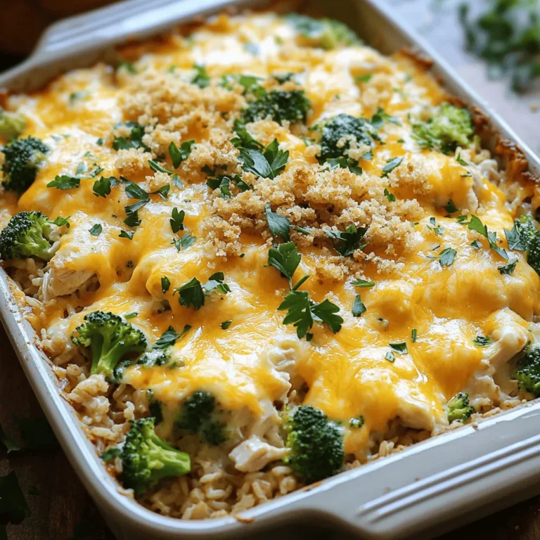 - 2 cups cooked brown rice - 1 pound boneless, skinless chicken breasts - 2 cups fresh broccoli florets - 1 cup shredded sharp cheddar cheese - 1/2 cup cream cheese - 1 cup low-sodium chicken broth - 1 cup whole milk - Garlic powder, onion powder, paprika, salt, black pepper - 1/2 cup breadcrumbs for topping - Fresh parsley for garnish This casserole shines with its simple yet hearty ingredients. You start with brown rice, which adds a nutty flavor. The chicken provides protein, while fresh broccoli adds color and crunch. For the creamy base, you mix in cheddar and cream cheese. The broth and milk make it rich and smooth. The spices like garlic, onion powder, and paprika boost the flavor. You can adjust the salt and pepper to your taste. If you want a crunchy topping, add breadcrumbs. They give a nice texture. Fresh parsley makes a lovely garnish. It adds a pop of color and freshness. For the full recipe, you can check out the [Full Recipe]. Each ingredient plays a role in creating a delicious meal that is easy to make and even better to share. - Preheat oven to 350°F (175°C). - Grease a 9x13 inch baking dish. Start by heating your oven. This makes sure your bake cooks evenly. Greasing the dish prevents it from sticking. Use cooking spray or butter for best results. - Cook diced chicken until golden brown. - Season with spices for enhanced flavor. In a large skillet, cook the diced chicken over medium heat. It takes about 5-7 minutes to turn golden brown. Stir often to avoid burning. Add garlic powder, onion powder, and paprika for a tasty kick. Season with salt and black pepper to your taste. - Combine rice, chicken, broccoli, cream cheese, broth, and milk. - Ensure even distribution of the cream cheese. In a big bowl, mix the cooked brown rice, chicken, and chopped broccoli. Add softened cream cheese, chicken broth, and milk. Stir gently until everything is combined. Make sure the cream cheese spreads evenly. - Fold in cheddar cheese and adjust seasonings. - Spread mixture in the baking dish and add topping. Next, fold half of the shredded cheddar cheese into the mixture. Taste it and add more salt or pepper if needed. Pour the mixture into the greased dish. Top with the rest of the cheddar cheese. If you want a crunchy topping, sprinkle breadcrumbs on top. - Bake for 25-30 minutes until golden brown and bubbly. - Allow to cool slightly before serving. Place the baking dish in your preheated oven. Bake for 25-30 minutes. Look for a golden brown top and bubbling cheese. Once done, take it out and let it cool for a few minutes. This helps the bake set for easy serving. For the full recipe, check out the entire guide above. To avoid mushy rice, use cooked brown rice. It holds its shape better than white rice. Also, do not overcook the rice before adding it to the bake. If the rice is too soft, it will turn mushy in the oven. For a crispy topping, use breadcrumbs. Mix them with melted butter for extra crunch. Sprinkle them on top of the cheese before baking. This gives a nice texture contrast with the creamy filling. To elevate flavor, try adding spices like cayenne or Italian herbs. A pinch of cayenne gives a nice kick. Italian herbs like basil and oregano add freshness. Mix these spices into the chicken while it cooks. Letting the dish rest before serving is important. This helps the flavors meld together. It also makes the casserole easier to cut and serve. Allow it to sit for about 5-10 minutes after baking. For garnishing, sprinkle fresh parsley on top before serving. This adds color and freshness. You can also add extra cheddar cheese for a melty effect. Pair the bake with a side salad or steamed veggies. A light salad complements the richness of the casserole. It balances the meal and adds more nutrients. Check out the Full Recipe for more tips on serving! {{image_4}} If you have food allergies or preferences, you can make simple swaps. For a gluten-free option, use gluten-free breadcrumbs or skip them entirely. You can replace the whole milk with almond milk for a dairy-free bake. This keeps the dish creamy without dairy. For cheese, you can try mozzarella or a dairy-free cheese blend. These options melt well and add great flavor. Chicken is the star, but you can switch it up. Turkey works well and has a similar taste. For a plant-based option, use tofu. Just press it to remove extra water and cube it. You can also add beans or lentils for a vegetarian twist. This adds protein and fiber. Feel free to get creative with veggies. Bell peppers add a sweet crunch, while carrots give a nice color. You can mix in spinach or peas for extra nutrients. Want to change the grain? Quinoa is a great choice. It cooks quickly and adds a nutty flavor. You can also use cauliflower rice for a low-carb option. For the full recipe, check out the details above. Store your leftovers in an airtight container. This keeps moisture in and prevents drying. I recommend using glass containers for easy reheating. You should eat the leftovers within 3 to 4 days. If they sit longer, they may lose flavor and texture. For freezing, let the bake cool completely first. Then, wrap it tightly in plastic wrap and foil. This helps prevent freezer burn. You can freeze it for up to 3 months. When you’re ready to eat, move it to the fridge to thaw overnight. This keeps the taste and texture nice. To reheat, use an oven set at 350°F (175°C). Cover the dish with aluminum foil to keep it moist. Heat for about 20 minutes or until warm. You can also use the microwave, but be careful not to dry it out. Stir every few minutes to keep it cheesy and flavorful. Enjoy! You can use sour cream or Greek yogurt. Both add creaminess. If you want a dairy-free option, try cashew cream. This gives a similar texture and taste. Yes, you can prepare it a day in advance. Mix all the ingredients and store them in the fridge. Just bake it when you are ready to serve. It lasts about three to four days in the fridge. Store it in an airtight container. Make sure to cool it before placing it in the fridge. Yes, frozen broccoli works well. Just thaw and drain it before mixing. This saves time and still gives great flavor. Absolutely! Adding extra cheese makes it even creamier. Try using a mix of cheddar and mozzarella for a rich taste. Just fold it in before baking for the best results. For more details on making this dish, check the Full Recipe. This blog shared a simple recipe for Cheesy Chicken Broccoli Rice Bake. You learned about the main ingredients, like chicken, cheese, and broccoli. I provided step-by-step instructions on how to cook and bake the dish. Plus, I highlighted tips for perfecting your meal and ways to customize it. In summary, you can make this dish in various ways to suit your taste. Enjoy trying new variations and make it your own. Happy cooking!