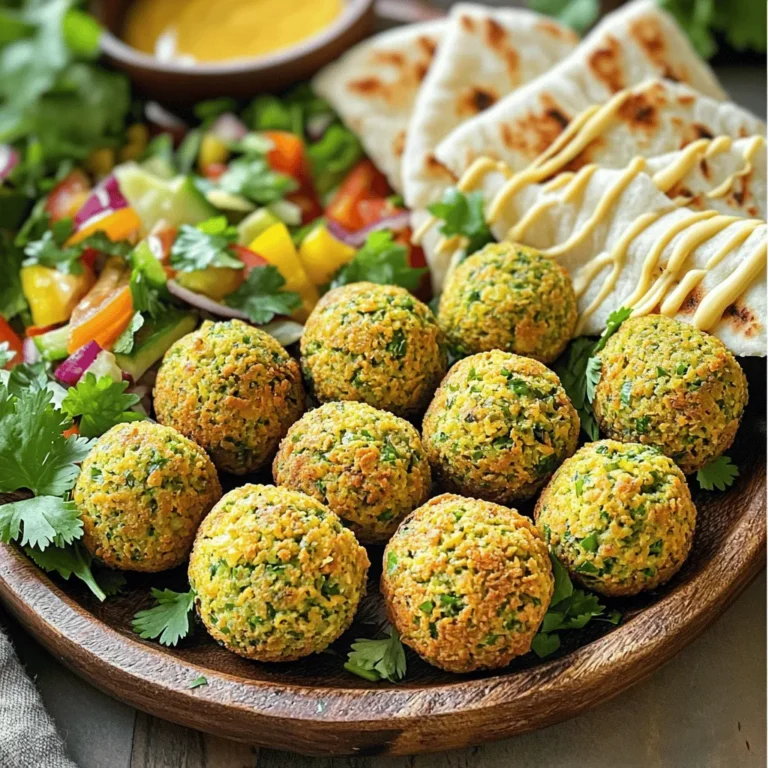 - 1 cup dried chickpeas, soaked overnight - 1 small onion, roughly chopped - 2 cloves garlic, minced - 1/4 cup fresh parsley, finely chopped - 1/4 cup fresh cilantro, finely chopped - 2 teaspoons ground cumin - 1 teaspoon ground coriander - 1/2 teaspoon baking powder - 1 tablespoon fresh lemon juice - 1/4 cup flour (whole wheat or all-purpose) - Salt and pepper to taste - 3 tablespoons olive oil Using these fresh ingredients is the key to great falafel. Chickpeas are the base. They give a nutty flavor and creamy texture. Soaking them overnight helps them soften. This makes them easier to blend. Onions and garlic add depth. They give a nice, savory balance to the chickpeas. Fresh parsley and cilantro brighten the dish. Their flavors really make the falafel pop. The spices are essential. Ground cumin brings warmth. Ground coriander adds a hint of citrus. Baking powder helps the falafel rise and become light. Lemon juice adds a touch of acidity, making the falafel taste fresh. The flour binds everything together. It keeps the falafel from falling apart. You can use whole wheat or all-purpose flour, depending on your preference. Salt and pepper are crucial for flavor. They ensure every bite is tasty. Finally, olive oil is important for that crispy texture. It helps the falafel brown nicely in the oven. - Calories per serving: Approximately 200 - Protein: 10 grams - Carbohydrates: 30 grams - Fat: 8 grams Crispy baked falafel is not just tasty, it's also healthy. Each serving packs protein from chickpeas. It has good carbs to keep you full. The healthy fats from olive oil are great for your body. This makes falafel a smart choice for meals. For the full recipe, check out the details above. - First, soak 1 cup of dried chickpeas overnight. This makes them soft. - Rinse the soaked chickpeas under cool water. This helps remove any dirt. - Chop 1 small onion into rough pieces. - Mince 2 cloves of garlic. - Finely chop 1/4 cup of fresh parsley and 1/4 cup of fresh cilantro. - Place the soaked chickpeas, chopped onion, minced garlic, parsley, cilantro, 2 teaspoons of ground cumin, and 1 teaspoon of ground coriander in a food processor. - Pulse the mixture until it is crumbly but not pureed. Scrape the sides to mix well. - Transfer the blend to a large bowl. Add 1/2 teaspoon of baking powder, 1 tablespoon of fresh lemon juice, and 1/4 cup of flour. - Stir gently until all ingredients are combined. If the mix feels too wet, add a bit more flour. - Shape the mixture into small balls or patties, about the size of a golf ball. - Place the shaped falafel on a lined baking sheet, leaving space between them. - Drizzle 3 tablespoons of olive oil over the falafel for crispiness. - Bake in a preheated oven at 400°F (200°C) for about 25-30 minutes. Flip them halfway for even cooking. They should turn golden brown and crispy. For the full recipe, refer to the earlier sections. Enjoy making your crispy baked falafel! To get that perfect crispy falafel, oil is key. Use olive oil to lightly coat the falafel. This helps create a crunchy outside. Make sure to flip the falafel halfway through baking. This step ensures all sides get nice and golden. You can boost the flavor by adding spices or herbs. Try adding a pinch of smoked paprika for a smoky kick. Fresh herbs like dill or mint can add a bright taste. For garnishing, sprinkle some extra parsley or cilantro on top. This adds color and freshness to your dish. One common mistake is over-processing the chickpea mixture. You want a coarse texture, not a paste. Another mistake is not baking them long enough or too long. Keep an eye on the falafel. They should be golden and crispy but not burnt. Following the Full Recipe will help you avoid these errors. {{image_4}} You can change the herbs in your falafel. Try using mint or dill for a fresh twist. These herbs add a bright flavor that complements the chickpeas well. You can also mix spices to adjust the taste. For a warm kick, add smoked paprika or cayenne pepper. If you prefer a milder flavor, use sweet paprika instead. Crispy baked falafel can fit many diets. For a gluten-free option, use gluten-free flour or almond flour. You can also skip the flour altogether for a low-carb choice. This recipe is naturally vegan and vegetarian. It uses chickpeas and herbs, making it perfect for plant-based diets. There are many ways to serve crispy baked falafel. Enjoy it with creamy tahini sauce or tangy tzatziki for dipping. Pair it with fresh salads or warm pita bread. You can also create delicious wraps by adding falafel, veggies, and sauces. For a hearty meal, serve falafel in bowls with grains and greens. Explore the [Full Recipe] to make your own crispy baked falafel! To keep your leftover falafel fresh, place it in a container. You can use an airtight container or a resealable plastic bag. Make sure the falafel cools to room temperature first. This method helps prevent sogginess. Keep the container in the fridge for up to three days. If you want to save falafel for later, freezing is a good option. Place the cooled falafel on a baking sheet in a single layer. Freeze them for about an hour. Once frozen, transfer the falafel to a freezer-safe bag. This way, they won't stick together. When you're ready to eat, just reheat them in the oven or air fryer for a crispy treat. In the fridge, falafel lasts about three days. In the freezer, they can last for up to three months. Always check for any signs of spoilage before eating. Storing falafel properly helps maintain their tasty flavor and texture. To make crispy baked falafel, focus on a few key ingredients. First, use dried chickpeas soaked overnight. This helps with texture. Then, add fresh herbs like parsley and cilantro. These give a bright flavor. Ground cumin and coriander add warmth. Finally, the right amount of flour helps bind the mix. Olive oil is crucial for crispiness, so don’t skip it! Yes, you can use canned chickpeas. However, this will change the texture. Canned chickpeas are softer, which can lead to mushy falafel. If using them, drain and rinse well. You may need to add more flour to thicken the mixture. Start with a smaller amount and adjust as needed. Crispy baked falafel pairs well with many sides. Consider serving it with warm pita bread. A fresh salad with crunchy veggies is a great choice too. For sauces, creamy tahini or tangy tzatziki work perfectly. You can also serve it with hummus for extra flavor. These pairings complement the falafel’s spices. Baking falafel typically takes about 25-30 minutes. Preheat your oven to 400°F (200°C). Flip the falafel halfway through to ensure even cooking. You want them golden brown and crispy on both sides. Keep an eye on them during the last few minutes for the best results. In this blog post, we covered how to make crispy baked falafel from scratch. We reviewed the key ingredients, detailed step-by-step instructions, and shared tips for perfecting texture and flavor. Remember, achieving the right balance of spices and using the right baking method makes all the difference. Whether you enjoy them in a wrap or as a side dish, homemade falafel can be tasty and healthy. Try these tips and see how easy falafel can be!
