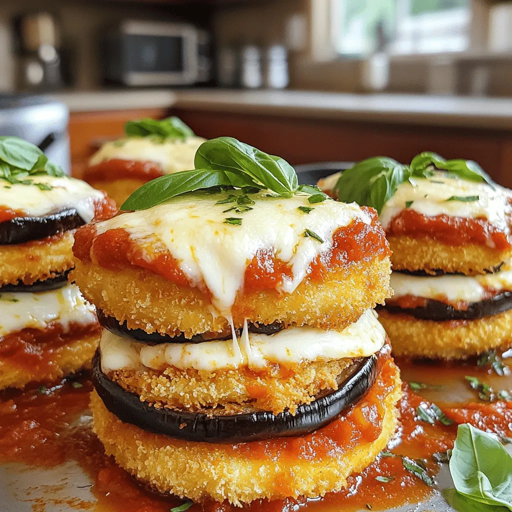 - 2 medium eggplants - 3 cups shredded mozzarella cheese - 1 cup grated Parmesan cheese - 2 cups marinara sauce Eggplants are the star here. Use medium ones for the best taste and texture. They should be firm and smooth. The cheeses add richness. Mozzarella melts beautifully, while Parmesan gives a salty punch. Marinara sauce ties it all together. You can use store-bought or homemade. Both work well. - 1 cup all-purpose flour - 3 large eggs - 2 cups Italian-seasoned breadcrumbs These pantry staples are key to coating the eggplant. Flour helps the coating stick. Eggs create a binding layer. Breadcrumbs give a crunchy finish. I like to use Italian-seasoned breadcrumbs. They add extra flavor with herbs and spices. - 1 teaspoon dried oregano - 1 teaspoon garlic powder - Salt and pepper Oregano and garlic powder add depth. They give the dish an Italian flair. Salt and pepper enhance all the flavors. Adjust these to your taste. A little goes a long way in building flavor. For the complete method of preparation, check the Full Recipe. To start, I slice the eggplants into rounds, about 1/2-inch thick. Next, I sprinkle them with salt. Salting helps draw out moisture and reduces bitterness. I let the slices rest on a paper towel for 30 minutes. After that, I pat them dry with a clean kitchen towel. This step is crucial for achieving a crispy texture. Now, I set up my breading station. I grab three shallow dishes. In the first dish, I place all-purpose flour. The second dish holds the beaten eggs. In the third dish, I add Italian-seasoned breadcrumbs. I mix the breadcrumbs with garlic powder, dried oregano, salt, and pepper to add flavor. To bread the eggplant slices, I take each slice and dip it into the flour first. I make sure it’s lightly coated. Then, I dip it into the beaten eggs, letting any extra drip off. Finally, I coat it thoroughly with the seasoned breadcrumbs. This creates a crunchy outer layer. For frying, I heat a few tablespoons of olive oil in a large skillet over medium heat. Once the oil is hot, I add the breaded eggplant slices in batches. I fry each side for about 3–4 minutes, until they turn golden brown. After frying, I use a slotted spatula to transfer them onto paper towels to drain excess oil. While frying, I preheat my oven to 375°F (190°C). This way, it’s ready for baking when I finish frying. In a baking dish, I spread a thin layer of marinara sauce on the bottom. I arrange half of the fried eggplant slices over the sauce in a single layer. Next, I spoon half of the remaining marinara sauce over the eggplant. I follow this with a generous layer of mozzarella cheese and a sprinkle of grated Parmesan. I repeat these steps with the remaining eggplant slices, adding the last of the marinara, mozzarella, and Parmesan for the top layer. Finally, I place the baking dish in the preheated oven. I bake for 25–30 minutes, until the cheese is bubbling and golden brown. This creates a comforting dish you won’t forget. To fry eggplant well, you need good oil. I like to use olive oil for its flavor. Make sure your oil is hot before adding the eggplant. This helps create a nice, crispy outside. Cook each slice for about 3-4 minutes. Look for a golden brown color. If it cooks too long, it becomes soggy. Layering is key in this dish. After you fry the eggplant, let it cool a bit. This helps the cheese melt just right. When you build your stacks, alternate layers of marinara and cheese. Start with sauce, then eggplant, followed by cheese. This way, every bite has a mix of flavors. Spread sauce evenly to cover all the eggplant. When serving, think about how to wow your guests. Place each stack on a plate. Drizzle some extra marinara around it. A sprig of fresh basil on top adds color and smell. You can serve this dish with a side salad or garlic bread. Both pair nicely and add to the meal. For the full recipe, check out the Eggplant Parmesan Stacks recipe. {{image_4}} For a vegetarian twist, you can swap out the cheese. Use plant-based cheese options, which melt well. Look for brands that offer mozzarella or Parmesan alternatives made from nuts or soy. For a vegan version, choose gluten-free breadcrumbs. They work just as well and keep the dish light. You can even make your own by blending gluten-free bread into crumbs. To add depth, consider spices like crushed red pepper or smoked paprika. These spices give a warm kick to the dish. You can also mix in fresh herbs like thyme or rosemary for a fragrant touch. Incorporate vegetables for more nutrition. Spinach, zucchini, or bell peppers can layer nicely between the eggplant. They add color and flavor, making your stacks even more delightful. You can create individual stacks for a fun serving option. Layer small stacks on plates, drizzled with sauce. This makes each dish unique and personal. For a family-style meal, try a casserole approach. Layer all ingredients in a large dish, then bake. This method is simpler and serves more people at once. Explore these variations to make your Eggplant Parmesan Stacks truly your own. Each option adds a unique twist to this classic comfort dish. Eggplant Parmesan Stacks last about three to four days in the fridge. Store them in an airtight container. This keeps the flavors fresh and prevents drying out. Make sure the dish cools down before sealing it. You don’t want steam to build up inside the container. You can freeze Eggplant Parmesan Stacks before baking. This allows you to cook them fresh later. Wrap the dish tightly in foil or plastic wrap. You can also freeze them after baking. Just let them cool completely before wrapping. For thawing, place the frozen dish in the fridge overnight. Reheat it in the oven when you’re ready to serve. To maintain texture, reheat the stacks in the oven. Set it to 350°F (175°C) and cover the dish with foil. This helps keep the cheese soft. Avoid using the microwave, as it tends to make the dish soggy. If you want a crisp top, remove the foil for the last few minutes. Enjoy your comfort dish just as good as the first time! Yes, you can prepare this dish ahead of time. To store, follow these tips: - Cook and cool: Make the stacks and let them cool completely. - Cover: Use plastic wrap or foil to cover the dish tightly. - Refrigerate: Store in the fridge for up to two days. When you are ready to serve, simply reheat in the oven. Eggplant Parmesan Stacks pair well with sides like: - Garlic bread - Simple green salad - Roasted vegetables - Pasta with olive oil and herbs These sides add balance and enhance your meal. To reduce bitterness in eggplants, use the salting method: - Slice: Cut the eggplants into 1/2-inch rounds. - Salt: Sprinkle salt on both sides of the slices. - Rest: Let them sit on a paper towel for about 30 minutes. This process pulls out moisture and bitterness. Afterward, pat them dry before cooking. Yes, this recipe can easily fit different diets: - Gluten-free: Use gluten-free breadcrumbs and flour. - Dairy-free: Replace mozzarella and Parmesan with plant-based cheese options. These swaps maintain flavor while catering to dietary needs. For a quick and tasty marinara sauce, remember these tips: - Use quality tomatoes: Opt for canned San Marzano tomatoes for great taste. - Add herbs: Include fresh basil or oregano for added flavor. - Simmer: Let the sauce simmer for at least 20 minutes to deepen the flavor. This simple sauce makes a big difference in your Eggplant Parmesan Stacks. You can find the full recipe for Eggplant Parmesan Stacks in the earlier section. Eggplant Parmesan Stacks offer layers of flavor and texture. We covered key ingredients like eggplant, cheeses, and marinara sauce. You learned to prepare and bread eggplant, ensuring perfect frying. Plus, we explored fun variations and storage tips. Try these stacks for a tasty meal that suits your kitchen. They fit many diets, so you can share with friends and family. Enjoy crafting this dish in your own style.