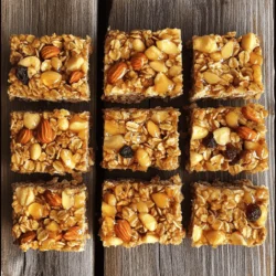 Here are the key ingredients to make these tasty homemade chewy granola bars: - 2 cups rolled oats - 1 cup mixed nuts (almonds, walnuts, and cashews) - 1/2 cup honey or maple syrup - 1/2 cup almond butter or peanut butter - 1 teaspoon vanilla extract - 1/2 teaspoon ground cinnamon - 1/2 cup dried fruits (raisins, cranberries, or chopped apricots) - 1/4 cup chia seeds (optional) - Pinch of salt You can switch up the nuts or dried fruits based on your taste. I love using walnuts and cranberries for a nice crunch and sweet bite. The oats give the bars a great base, while the nut butter and honey hold everything together. You can also use maple syrup for a vegan option. Don't forget the pinch of salt; it adds a nice balance to the sweetness. When I make these bars, I often add chia seeds for extra nutrition. They help with texture, too! You can find all these ingredients at your local store or online. Check out the Full Recipe for more details on how to bring this all together. - Preheat the oven to 350°F (175°C) and prepare the baking pan. - Mix dry ingredients in a bowl. Start by preheating your oven to 350°F (175°C). This step gets your oven ready for baking. Next, grab an 8x8 inch baking pan. Line it with parchment paper. Make sure to leave some paper hanging over the edges. This helps you lift the bars out later. In a big bowl, combine the rolled oats, mixed nuts, dried fruits, chia seeds (if you want), ground cinnamon, and a pinch of salt. Stir well. You want all the dry ingredients mixed evenly. - Heat honey/maple syrup and nut butter, stir in vanilla. - Combine wet and dry mixtures until thoroughly coated. Now, take a small saucepan and heat the honey or maple syrup. Add the almond butter or peanut butter. Stir it often over low heat until the mixture is smooth. This should take about 2 to 3 minutes. Once done, take it off the heat and stir in the vanilla extract. This adds a nice flavor. Pour the warm mixture over the dry ingredients in your bowl. Use a spatula or a wooden spoon to mix. Make sure the oats and nuts are well coated with the sticky mixture. This step is key to getting chewy bars. - Transfer the mixture to the pan, press down, and bake. - Cool down and cut into bars. Next, transfer the mixture into your prepared baking pan. Press it down firmly with a spatula or your hands. This helps the bars hold together after baking. Put the pan in your preheated oven. Bake for about 15 to 20 minutes. Look for a nice golden brown color and a sweet nutty smell. After baking, take the pan out and let it cool for at least 30 minutes. Once it cools, you can lift it out using the parchment paper. Place it on a cutting board. Now use a sharp knife to cut the cooled mixture into bars. Enjoy these healthy and tasty chewy granola bars, or store them in an airtight container. They will be good for up to a week. For the full recipe, check the detailed instructions above. To get chewy granola bars, you need to press the mixture firmly into the pan. The more you press, the better they hold together. If you want crunchy bars, add a few extra minutes to the baking time. This slight change can make a big difference. After baking, let them cool completely in the pan before cutting. This helps them set and stay chewy. You can add fun flavors to your bars. Try mixing in coconut flakes or a dash of nutmeg. You can also switch nut butters. Almond butter gives a sweet taste, while peanut butter offers a richer flavor. Each nut butter adds its own unique twist. Consider using sunflower seed butter for a nut-free option. Ovens can vary, so keep an eye on your bars as they bake. If your oven runs hot, check them a few minutes early. Look for a golden top and a nice nutty smell. If they look too brown, take them out right away. Remember, the bars will firm up as they cool. For the best results, always follow the guidelines in the Full Recipe. {{image_4}} If you want to make nut-free bars, seeds are a great option. Use pumpkin seeds or sunflower seeds instead of nuts. They give a nice crunch and are full of nutrients. If you love nuts, feel free to mix it up! Try using almonds, walnuts, or pecans based on what you like best. Each nut adds its own flavor and texture. You can swap honey or maple syrup for other sweeteners. Agave syrup works well too. If you prefer brown sugar, that’s an option too! Just remember, each sweetener has a different sweetness level. You may need to adjust the amount based on how sweet you want your bars. Get creative with your bars by adding extra ingredients. Chocolate chips make a tasty treat, and coconut flakes add a tropical flair. You can also mix in seasonal fruits like dried apples or peaches. These add flavor and make your granola bars unique. Check out the Full Recipe for more ideas. To keep your granola bars fresh, use an airtight container. Glass or plastic containers work well. Make sure the lid fits tightly to seal in freshness. You can also wrap each bar in parchment paper for easy grabbing. This keeps them from sticking together. For long-term storage, consider vacuum-sealing the bars. This method removes air and helps prevent spoilage. At room temperature, these bars last about one week. Store them away from direct sunlight and heat. If you want to keep them longer, freezing is a great option. Wrap the bars in plastic wrap and place them in a zip-top bag. They can last up to three months in the freezer. When ready, just thaw them in the fridge overnight before enjoying. Enjoy these bars as a quick snack or breakfast. They are great on their own. For a fun twist, serve them with yogurt or fresh fruit. You can also crumble them over a smoothie or salad for added crunch. Pairing with nut butter or honey can enhance the flavor even more. These simple ideas can make your snack time even better. Yes, you can easily make these bars vegan. Replace honey with maple syrup. Use a plant-based nut butter like peanut or sunflower seed butter. Choose dried fruits that are unsweetened and check labels for any animal-based additives. This way, you get a tasty vegan treat. If you don’t have almond butter, use peanut butter. It adds a rich flavor but may taste different. Sunflower seed butter is a great nut-free option. Be aware that each nut butter brings its own unique flavor and texture to the bars. For gluten-free bars, choose certified gluten-free oats. You can also skip nuts if allergies are a concern. Instead, use seeds like pumpkin or sunflower seeds. Always read labels to ensure that all ingredients are safe for your dietary needs. Yes, adding protein powder is easy! Mix in 1 to 2 scoops of your favorite protein powder with the dry ingredients. This may change the texture slightly, so add a bit more nut butter or liquid. This helps keep the bars chewy and delicious. Bars can fall apart for a few reasons. Not pressing the mixture firmly enough can lead to crumbling. Ensure your mixture is well combined so it sticks together. If you bake them for too short a time, they may not hold their shape. Follow the baking time closely for the best results. This blog post provided a clear guide to making delicious granola bars. You learned about key ingredients, easy steps, and helpful tips. Customizing your bars can enhance flavor and meet your needs. Remember to adjust baking times for best results. Store your bars properly to enjoy them longer. With these insights, you can create tasty snacks that fit your taste and lifestyle. Now, go ahead and make your own granola bars, and enjoy every bite!