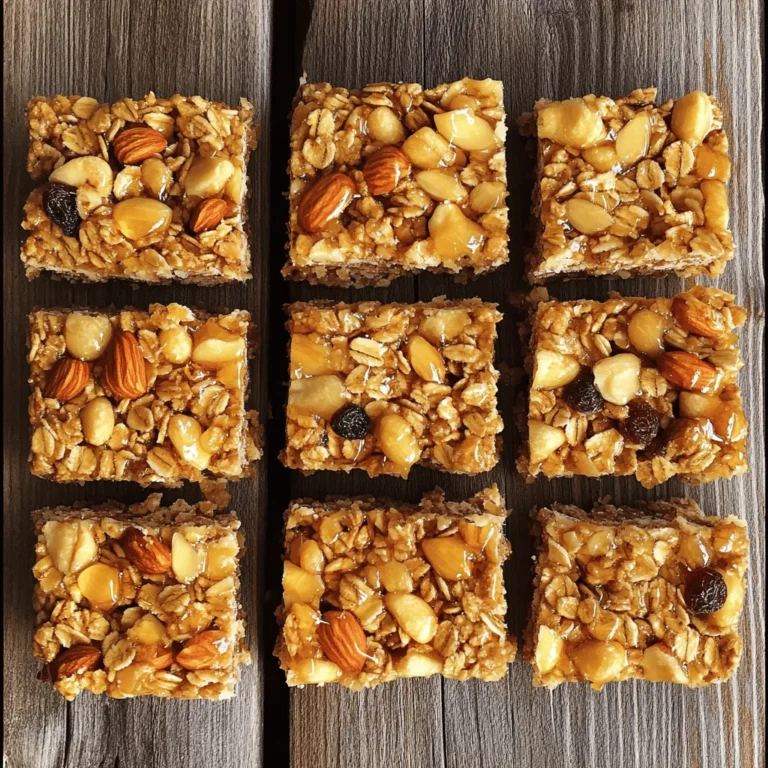 Here are the key ingredients to make these tasty homemade chewy granola bars: - 2 cups rolled oats - 1 cup mixed nuts (almonds, walnuts, and cashews) - 1/2 cup honey or maple syrup - 1/2 cup almond butter or peanut butter - 1 teaspoon vanilla extract - 1/2 teaspoon ground cinnamon - 1/2 cup dried fruits (raisins, cranberries, or chopped apricots) - 1/4 cup chia seeds (optional) - Pinch of salt You can switch up the nuts or dried fruits based on your taste. I love using walnuts and cranberries for a nice crunch and sweet bite. The oats give the bars a great base, while the nut butter and honey hold everything together. You can also use maple syrup for a vegan option. Don't forget the pinch of salt; it adds a nice balance to the sweetness. When I make these bars, I often add chia seeds for extra nutrition. They help with texture, too! You can find all these ingredients at your local store or online. Check out the Full Recipe for more details on how to bring this all together. - Preheat the oven to 350°F (175°C) and prepare the baking pan. - Mix dry ingredients in a bowl. Start by preheating your oven to 350°F (175°C). This step gets your oven ready for baking. Next, grab an 8x8 inch baking pan. Line it with parchment paper. Make sure to leave some paper hanging over the edges. This helps you lift the bars out later. In a big bowl, combine the rolled oats, mixed nuts, dried fruits, chia seeds (if you want), ground cinnamon, and a pinch of salt. Stir well. You want all the dry ingredients mixed evenly. - Heat honey/maple syrup and nut butter, stir in vanilla. - Combine wet and dry mixtures until thoroughly coated. Now, take a small saucepan and heat the honey or maple syrup. Add the almond butter or peanut butter. Stir it often over low heat until the mixture is smooth. This should take about 2 to 3 minutes. Once done, take it off the heat and stir in the vanilla extract. This adds a nice flavor. Pour the warm mixture over the dry ingredients in your bowl. Use a spatula or a wooden spoon to mix. Make sure the oats and nuts are well coated with the sticky mixture. This step is key to getting chewy bars. - Transfer the mixture to the pan, press down, and bake. - Cool down and cut into bars. Next, transfer the mixture into your prepared baking pan. Press it down firmly with a spatula or your hands. This helps the bars hold together after baking. Put the pan in your preheated oven. Bake for about 15 to 20 minutes. Look for a nice golden brown color and a sweet nutty smell. After baking, take the pan out and let it cool for at least 30 minutes. Once it cools, you can lift it out using the parchment paper. Place it on a cutting board. Now use a sharp knife to cut the cooled mixture into bars. Enjoy these healthy and tasty chewy granola bars, or store them in an airtight container. They will be good for up to a week. For the full recipe, check the detailed instructions above. To get chewy granola bars, you need to press the mixture firmly into the pan. The more you press, the better they hold together. If you want crunchy bars, add a few extra minutes to the baking time. This slight change can make a big difference. After baking, let them cool completely in the pan before cutting. This helps them set and stay chewy. You can add fun flavors to your bars. Try mixing in coconut flakes or a dash of nutmeg. You can also switch nut butters. Almond butter gives a sweet taste, while peanut butter offers a richer flavor. Each nut butter adds its own unique twist. Consider using sunflower seed butter for a nut-free option. Ovens can vary, so keep an eye on your bars as they bake. If your oven runs hot, check them a few minutes early. Look for a golden top and a nice nutty smell. If they look too brown, take them out right away. Remember, the bars will firm up as they cool. For the best results, always follow the guidelines in the Full Recipe. {{image_4}} If you want to make nut-free bars, seeds are a great option. Use pumpkin seeds or sunflower seeds instead of nuts. They give a nice crunch and are full of nutrients. If you love nuts, feel free to mix it up! Try using almonds, walnuts, or pecans based on what you like best. Each nut adds its own flavor and texture. You can swap honey or maple syrup for other sweeteners. Agave syrup works well too. If you prefer brown sugar, that’s an option too! Just remember, each sweetener has a different sweetness level. You may need to adjust the amount based on how sweet you want your bars. Get creative with your bars by adding extra ingredients. Chocolate chips make a tasty treat, and coconut flakes add a tropical flair. You can also mix in seasonal fruits like dried apples or peaches. These add flavor and make your granola bars unique. Check out the Full Recipe for more ideas. To keep your granola bars fresh, use an airtight container. Glass or plastic containers work well. Make sure the lid fits tightly to seal in freshness. You can also wrap each bar in parchment paper for easy grabbing. This keeps them from sticking together. For long-term storage, consider vacuum-sealing the bars. This method removes air and helps prevent spoilage. At room temperature, these bars last about one week. Store them away from direct sunlight and heat. If you want to keep them longer, freezing is a great option. Wrap the bars in plastic wrap and place them in a zip-top bag. They can last up to three months in the freezer. When ready, just thaw them in the fridge overnight before enjoying. Enjoy these bars as a quick snack or breakfast. They are great on their own. For a fun twist, serve them with yogurt or fresh fruit. You can also crumble them over a smoothie or salad for added crunch. Pairing with nut butter or honey can enhance the flavor even more. These simple ideas can make your snack time even better. Yes, you can easily make these bars vegan. Replace honey with maple syrup. Use a plant-based nut butter like peanut or sunflower seed butter. Choose dried fruits that are unsweetened and check labels for any animal-based additives. This way, you get a tasty vegan treat. If you don’t have almond butter, use peanut butter. It adds a rich flavor but may taste different. Sunflower seed butter is a great nut-free option. Be aware that each nut butter brings its own unique flavor and texture to the bars. For gluten-free bars, choose certified gluten-free oats. You can also skip nuts if allergies are a concern. Instead, use seeds like pumpkin or sunflower seeds. Always read labels to ensure that all ingredients are safe for your dietary needs. Yes, adding protein powder is easy! Mix in 1 to 2 scoops of your favorite protein powder with the dry ingredients. This may change the texture slightly, so add a bit more nut butter or liquid. This helps keep the bars chewy and delicious. Bars can fall apart for a few reasons. Not pressing the mixture firmly enough can lead to crumbling. Ensure your mixture is well combined so it sticks together. If you bake them for too short a time, they may not hold their shape. Follow the baking time closely for the best results. This blog post provided a clear guide to making delicious granola bars. You learned about key ingredients, easy steps, and helpful tips. Customizing your bars can enhance flavor and meet your needs. Remember to adjust baking times for best results. Store your bars properly to enjoy them longer. With these insights, you can create tasty snacks that fit your taste and lifestyle. Now, go ahead and make your own granola bars, and enjoy every bite!