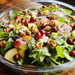 To make your cranberry walnut salad, gather these fresh ingredients: - 4 cups mixed salad greens (spinach, arugula, and romaine) - 1 cup fresh cranberries (or ½ cup dried cranberries) - 1 cup walnuts, toasted and coarsely chopped - 1 medium apple, diced (sweet varieties like Fuji or Honeycrisp) - ½ cup feta cheese, crumbled - ¼ cup red onion, thinly sliced - ¾ cup balsamic vinaigrette dressing - Salt and freshly ground black pepper, to taste - Optional: 2 tablespoons honey or maple syrup You can add a few optional ingredients to enhance your salad: - Sliced avocado for creaminess - Sliced strawberries for a sweet twist - Grated carrots for extra crunch - Chopped fresh herbs like parsley or mint for freshness If you’re missing some ingredients, here are some easy swaps: - Use baby kale instead of mixed greens for a heartier base. - Swap walnuts for pecans or almonds if preferred. - Replace feta with goat cheese for a tangy flavor. - Use apple cider vinegar instead of balsamic vinaigrette for a different taste. This recipe is a great way to combine flavors and textures. You can find the full recipe in the article to guide your cooking! Start by taking your mixed salad greens. I like a mix of spinach, arugula, and romaine. Place the greens in a large salad bowl. This creates a bright and fresh base for your salad. Make sure they are clean and dry. This step is key for a crisp texture. Next, grab fresh cranberries. If you can’t find fresh ones, dried cranberries work well too. Chop the fresh cranberries roughly to boost their flavor. Toss them into the bowl along with a diced sweet apple. I recommend Fuji or Honeycrisp apples for great taste. The crunch of the apple pairs beautifully with the tartness of the cranberries. Now, let’s add the nuts. Sprinkle in the toasted walnuts. Their crunch adds a nice contrast. Crumble the feta cheese over the top for creaminess. This combination makes every bite exciting. Now it’s time to mix! Take your hands and gently toss the salad. This combines all the ingredients without damaging the greens. Once mixed, taste it. You might want a pinch of salt or fresh black pepper. If you like it sweeter, add a little honey or maple syrup. Finally, you can serve this salad in individual bowls for a fancy touch. Or, you can serve it from your large bowl for a family-style meal. Either way, it looks great! For a nice presentation, use clear bowls to show off the colors. For the full recipe, check out the detailed instructions and tips. Enjoy your cranberry walnut salad! To make the best cranberry walnut salad, start with fresh ingredients. Use crisp salad greens like spinach and arugula. Wash them well and dry them off. This helps the dressing stick better. I suggest using a large bowl for mixing. It gives you space to toss without spilling. When you chop nuts, toast them lightly. This brings out rich flavors. Keep an eye on them while toasting. They can burn quickly. For cranberries, fresh ones are best, but dried ones work well too. If using dried cranberries, skip chopping them. They add sweetness without extra work. Adding a sweet element boosts the flavor. Honey or maple syrup gives a nice touch. Drizzle it in when you add the vinaigrette. This balances the tartness of the cranberries. Consider adding a squeeze of lemon juice for brightness. It adds a fresh zing to each bite. For a twist, sprinkle in some herbs. Fresh mint or parsley can liven up your salad. They add a lovely aroma and taste. You can also play with different vinaigrettes. Try a citrus or honey mustard dressing. Each brings a new taste while keeping it fresh. To make this salad ahead, prep the ingredients separately. Store the greens, fruits, and nuts in airtight containers. This keeps them fresh and crisp. You can mix everything right before serving. If you want to prepare the salad a day ahead, wait to add the dressing. This prevents soggy greens. You can also make the dressing in advance. Store it in the fridge for easy use. Just give it a good shake before pouring it over the salad. Enjoy the fresh and flavorful delight of this salad without the last-minute rush. For the full recipe, check out the complete instructions above. {{image_4}} You can change your cranberry walnut salad with the seasons. In spring, add fresh strawberries for a sweet twist. Toss in some blueberries during summer for a burst of juicy flavor. In fall, try adding roasted butternut squash for warmth. In winter, pomegranate seeds bring a festive touch and crunch. Each season offers unique fruits and veggies that can make your salad fresh and exciting. Adding protein can make your salad more filling. Grilled chicken or turkey works well with the cranberries. If you prefer seafood, shrimp or salmon adds a nice flavor. For a plant-based option, chickpeas or black beans are great choices. Tofu is another fantastic add-in if you want a vegetarian touch. These proteins complement the salad's flavors while boosting nutrition. You can easily modify this salad for different diets. For a vegan option, leave out the feta cheese and use a plant-based dressing. If you're gluten-free, check your dressing to ensure it contains no gluten. You can also reduce the sugar by omitting honey or maple syrup. This salad is flexible and can fit into many meal plans. Feel free to make it your own! For more ideas, check out the full recipe for inspiration! After enjoying your salad, store leftovers in an airtight container. This keeps the salad fresh. You can place it in the fridge for up to three days. Be aware that the greens may wilt over time. If you want to keep it crisp, store the dressing separately. Pour it over the salad just before serving. I do not recommend freezing cranberry walnut salad. Freezing changes the texture of the greens and apples. The cranberries may become mushy. If you have leftover nuts, you can freeze them. Just store in a bag or container. They can last for several months in the freezer. Cranberry walnut salad lasts in the fridge for about three days. The taste is best when fresh. If you notice any off smell or slimy greens, toss it out. Always check before eating. For the best flavor, enjoy it within the first day or two. For the full recipe, check back in the article! Cranberry walnut salad is packed with nutrients. It has fiber from the greens and fruits. The walnuts add healthy fats and protein. Cranberries are full of antioxidants. They help fight inflammation and boost immunity. Feta cheese adds calcium and protein too. Eating this salad can support heart health and digestion. Yes, you can use many nuts in this salad. Almonds, pecans, or pistachios work well. Each nut adds a unique flavor. Toasting the nuts enhances their taste. Feel free to mix and match for variety. Just remember to chop them coarsely for the best texture. If you want a different cheese, use goat cheese or blue cheese. Both add a tangy flavor. You can also skip cheese for a vegan option. Instead, try avocado for creaminess. Nutritional yeast can give a cheesy taste without dairy. Each choice will change the salad's flavor, so pick what you like best. For the complete recipe, check out the Full Recipe section. You now have all the tools to make a great salad. We covered the ingredients, steps, tips, and even ways to store it. You learned about substitutions and how to make it fit your needs. Remember, salads can change with the seasons and your tastes. Embrace the fun of mixing and matching. Enjoy your salad-making journey!