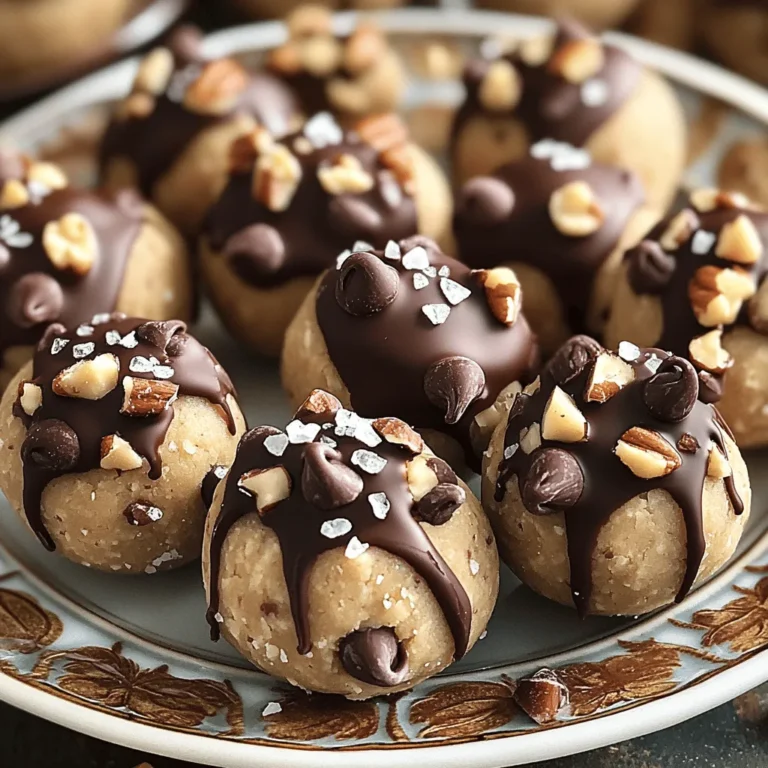 To make No Bake Cookie Dough Bites, you need a few key ingredients. Here’s what you will need: - 1 cup almond flour - 1/2 cup natural peanut butter (or any nut butter of your choice) - 1/4 cup maple syrup (or honey for sweetness) - 1 teaspoon pure vanilla extract - 1/4 teaspoon fine sea salt - 1/2 cup mini chocolate chips - 1/4 cup chopped nuts (optional; walnuts or pecans work beautifully) - 2 tablespoons chia seeds (for an added nutritional boost) These ingredients work together to create a tasty, chewy treat. Almond flour gives a nice texture, and peanut butter adds creaminess. Maple syrup or honey provides the right sweetness. You can customize your cookie dough bites easily. Here are some fun add-ins and variations: - Swap almond flour for oat flour for a different flavor. - Use almond butter instead of peanut butter for a nutty twist. - Add dried fruits like raisins or cranberries for a fruity touch. - Toss in some shredded coconut for a tropical flair. Feel free to mix and match these options to suit your taste. If you lack any main ingredients, here are some substitutions: - Use sunflower seed butter if you need a nut-free option. - Agave syrup can replace maple syrup for a vegan choice. - For a gluten-free version, ensure your almond flour is certified gluten-free. These substitutions help you adapt the recipe to your needs while still enjoying the great flavor. If you want the complete recipe, check out the Full Recipe. To start, gather your ingredients. You will need almond flour, peanut butter, maple syrup, and more. In a large mixing bowl, combine these key ingredients. Use a spatula to mix until smooth. This dough should feel sticky and hold together well. Next, gently fold in the mini chocolate chips and any optional nuts or chia seeds. Mix carefully to ensure they spread evenly. Once your mixture is ready, it's time to shape the bites. With clean hands, scoop out tablespoon-sized portions of the dough. Roll each piece into a small ball. Place them on a parchment-lined baking sheet. Make sure to leave space between each ball. This helps them stay round and not stick together. Now, let’s chill the bites. Transfer the baking sheet to the refrigerator. Allow them to chill for about 30 minutes. This step firms them up nicely. After chilling, they are ready to eat! Enjoy these tasty bites as a snack or dessert. Store any leftovers in an airtight container in the fridge. They will stay fresh and delicious for days. For a special touch, try drizzling melted dark chocolate over them before serving. To start, use a dry measuring cup for the almond flour. This ensures you get the right texture. Mix the almond flour and peanut butter well. You want a smooth and sticky dough. If it feels too dry, add a splash of maple syrup. If it’s too wet, sprinkle in a bit more almond flour. When rolling into balls, keep your hands slightly damp. This helps prevent sticking. Aim for roughly the same size for even bites. You’ll get about 12 to 16 bites from this recipe. Add a pinch of cinnamon for warmth. You can also swap in different nut butters. Each type adds a unique taste. For extra crunch, try adding toasted coconut flakes. They pair well with the chocolate chips. Also, consider using dark chocolate chips. They bring a richer flavor than milk chocolate. Drizzling melted chocolate over the bites adds a nice touch. It makes them look fancy and taste even better. One big mistake is not measuring the almond flour correctly. Too much flour can make the dough dry. Another error is skipping the chilling step. Chilling helps the bites firm up and taste better. Don’t forget to fold in the chocolate chips gently. You want them evenly spread. If you overmix, your bites may lose their shape. Lastly, avoid leaving them out of the fridge for too long. They taste best when chilled! {{image_4}} You can mix up the flavors of your no bake cookie dough bites. Try using different nut butters, like almond or cashew. Each nut butter adds its unique taste. You can also swap maple syrup for agave nectar for a twist. For a fun touch, add a teaspoon of cocoa powder. This will give your bites a chocolatey flavor without adding chocolate chips. Another great idea is adding spices like cinnamon or nutmeg. These spices can give your bites a warm, cozy taste. Making these bites fit your diet is easy. To make them vegan, simply use maple syrup instead of honey. Almond flour is already gluten-free, making this recipe great for those with gluten issues. If you're nut-free, you can use sunflower seed butter. This will help you avoid allergens while still enjoying the treat. Just make sure to check labels on all ingredients to avoid hidden gluten or dairy. Kids love these bites, and you can make them even more fun! Let your kids help mix the dough. They can also choose their favorite add-ins. Some great options are mini marshmallows, dried fruit, or colorful sprinkles. You can also shape the bites into fun forms. Instead of balls, try making them into bars or shapes using cookie cutters. These fun adaptations will keep kids excited about healthy snacks! For the full recipe, check out the detailed instructions and measurements above. I like to store my cookie dough bites in an airtight container. This keeps them fresh. You can place them in the fridge for up to one week. Make sure they are cool before sealing the container. If you want them to last longer, freezing is a great option. To freeze your cookie dough bites, first, place them on a baking sheet. Make sure they are not touching. Once they are frozen solid, transfer them to a freezer-safe bag. They can last for about three months in the freezer. When you're ready to eat them, simply let them thaw in the fridge. You don't need to reheat these bites. They taste great cold or at room temperature. If you prefer a warm treat, pop them in the microwave for about 10 seconds. Keep an eye on them to avoid melting. Enjoy your cookie dough bites fresh and tasty! For a full recipe, check the details above. Yes, you can use any nut butter you like. Almond butter, cashew butter, or sunflower seed butter all work well. Each one adds its own unique taste. If you want a nut-free option, try sunflower seed butter. It has a rich flavor and is safe for schools. These bites last about one week in the fridge. Store them in an airtight container to keep them fresh. If you want them to last longer, you can freeze them. They stay tasty in the freezer for up to three months. Absolutely! You can skip the chocolate chips if you prefer. You might try dried fruit or seeds for extra flavor. Raisins, cranberries, or even coconut flakes can be great substitutes. This option makes your bites a bit different but still yummy! For the full recipe, check out the details above. No Bake Cookie Dough Bites are simple and fun to make. This blog covered key ingredients, step-by-step instructions, and tips to perfect them. I shared options for different flavors and dietary needs. Remember to store them right for the best taste. Enjoy creating your own tasty bites. With practice, you’ll find your favorite versions. Keep experimenting, and soon you'll have a go-to treat everyone loves. Try new ideas and share them with friends!