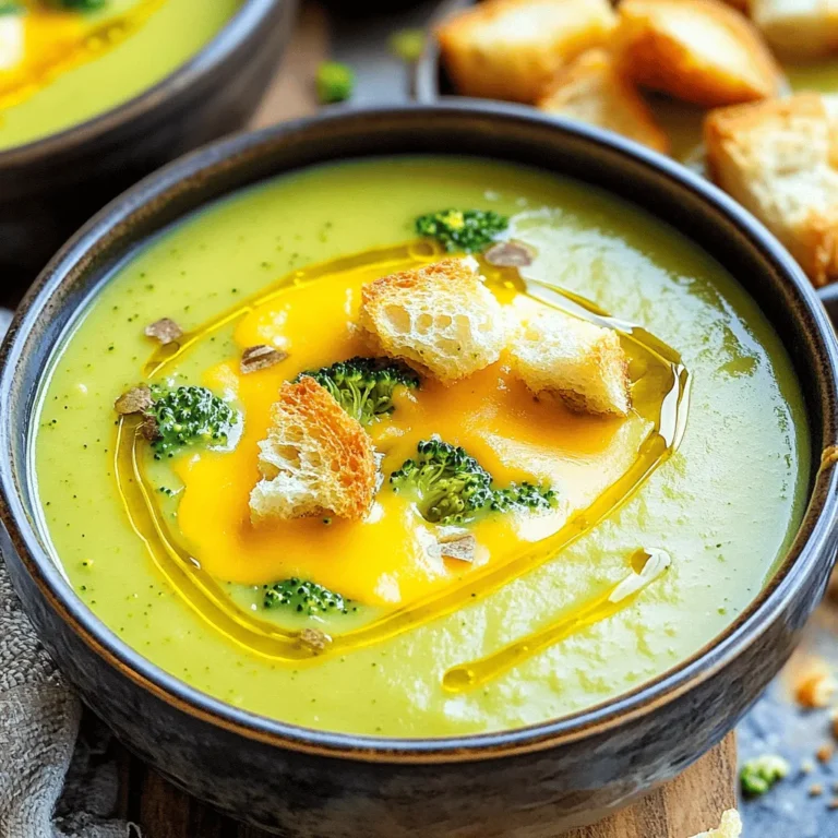 For a great broccoli cheddar soup, you need a few key items: - 4 cups fresh broccoli florets - 1 medium onion, finely diced - 2 cloves garlic, minced - 3 cups vegetable broth (homemade or store-bought) Fresh broccoli gives the soup its bright color and healthy crunch. Onions and garlic add a sweet and savory base. I love using vegetable broth for a rich flavor, but chicken broth works too. The creaminess of the soup comes from: - 1 cup heavy cream or full-fat coconut milk - 2 cups sharp cheddar cheese, freshly shredded Heavy cream makes it rich and smooth. If you want a dairy-free option, coconut milk is a great choice. Sharp cheddar adds a bold flavor that melts perfectly into the soup. To spice things up, you’ll need: - 1 teaspoon smoked paprika (for a deeper flavor) - Salt and freshly ground black pepper to taste - Optional: Crunchy croutons for garnish Smoked paprika gives the soup a nice twist. Salt and pepper enhance the taste. Croutons add a fun crunch on top, making the soup even better. For the full recipe, check out the complete guide. 1. In a large pot, heat the olive oil over medium heat. 2. Add the diced onion and minced garlic. Sauté them for about 5 minutes. 3. Wait until the onion turns translucent and smells great. 4. Now, add the fresh broccoli florets to the pot. 5. Sauté for an extra 3 minutes, stirring often. The broccoli should soften a bit. 1. Carefully pour in the vegetable broth. 2. Turn up the heat to bring the mixture to a boil. 3. Once boiling, lower the heat and cover the pot. 4. Let it simmer for 15 minutes. The broccoli should be tender. 5. Use an immersion blender to blend the soup until smooth. 6. If using a regular blender, pour in batches and be careful with hot steam. 1. Return the blended soup to the pot over low heat. 2. Stir in the heavy cream or coconut milk until mixed well. 3. Gradually add the shredded cheddar cheese. Keep stirring until it melts. 4. Season with smoked paprika, salt, and black pepper to taste. 5. Let it cook on low for another 5 minutes, so flavors blend. 6. Serve the creamy soup hot. Top with crunchy croutons for a fun crunch. This recipe will guide you to a warm bowl of comfort. Enjoy every spoonful! For the complete recipe, check out the Full Recipe section above. To make your broccoli cheddar soup shine, try different types of cheese. Sharp cheddar is great, but you can mix in Gruyère or Monterey Jack for more taste. Each cheese brings a unique flavor that can make your soup special. You can also add spices or herbs. A pinch of cayenne pepper can give it a nice kick. Fresh thyme or parsley can add a fresh note. Just remember, start small and taste as you go! Getting the right texture is key. Use an immersion blender for a smooth finish right in the pot. If you prefer a chunkier soup, blend just half of it. This gives you a mix of creamy and crunchy textures. If your soup is too thick, add a bit more broth or cream. Stir it in slowly until you reach your desired thickness. Remember, it’s easier to add than to fix a soup that’s too runny. Serving style matters! Use warm bowls to keep the soup hot. A sprinkle of cheese or a swirl of cream on top makes it look fancy. For a crunchy touch, add croutons right before serving. They’ll stay crispy and add great texture. For more ideas, check out the Full Recipe to explore all the options you can try! {{image_4}} You can switch up the cheese and cream to make a vegan version of this soup. Instead of cheddar, use a plant-based cheese that melts well. For cream, try coconut milk or cashew cream. Both options give a rich and creamy taste without dairy. If you want to add protein, consider chicken or tofu. Cooked chicken adds heartiness, while tofu keeps it plant-based. Just cube your choice and mix it in when you add the cheese. Feel free to add more veggies to your soup. Spinach or kale brings extra nutrients and color. They cook down quickly and blend in well. Another fun option is to use cauliflower instead of some broccoli. It gives a nice twist to the flavor and texture. Just chop it up and add it with the broccoli for a creamy blend. If you like heat, try adding chili flakes or jalapeños. They can kick up the flavor and make your soup exciting. Start with a little, then taste as you go. You can also infuse your soup with herbs like thyme or rosemary. These herbs add depth and a fresh taste. Just toss them in while the soup simmers, and let the flavors dance together. Store your broccoli cheddar soup in the fridge. Use an airtight container to keep it fresh. Make sure the soup cools down before sealing it. This keeps the soup tasty for up to four days. If you want, divide it into smaller portions for easy meals later. You can freeze this soup for later enjoyment. Let the soup cool completely. Pour it into freezer-safe bags or containers. Squeeze out as much air as you can before sealing. The soup stays good for about three months in the freezer. When you’re ready to eat, thaw it in the fridge overnight. You can reheat the soup on the stovetop or in the microwave. For the stovetop, pour the soup into a pot and heat on low. Stir often to keep it smooth. If using a microwave, heat in short bursts, stirring in between. To prevent separation, add a splash of broth or cream while reheating. Enjoy your creamy soup warm! To make broccoli cheddar soup gluten-free, you need to avoid certain ingredients. Regular vegetable broth may contain gluten. Always check the label or use homemade broth. You can use cornstarch as a thickener instead of flour. - Look for gluten-free vegetable broth. - Use cornstarch mixed with water to thicken. - Ensure the cheese is gluten-free. This way, you keep the creamy texture and rich flavor without gluten. Broccoli cheddar soup pairs well with many sides. A crusty bread or garlic toast adds a nice crunch. You can also serve it with a light salad for freshness. - Crusty bread or garlic toast - Light garden salad - Simple crackers or breadsticks These options balance the meal and enhance your soup experience. Broccoli cheddar soup lasts about 3 to 5 days in the fridge. Store it in an airtight container to keep it fresh. Make sure it cools down before you put it away. - Store in an airtight container. - Use within 3 to 5 days. This helps ensure the flavors stay vibrant and delicious. For longer storage, consider freezing the soup. Broccoli cheddar soup offers a delightful mix of flavors and textures. We explored its key ingredients, from fresh broccoli to rich cheese and spices. The step-by-step guide helps you cook it perfectly, while tips let you enhance flavors and adjust textures. Variations keep things exciting, allowing for vegan options and extra veggies. Lastly, we discussed storage and reheating to enjoy this soup at its best. With these insights, creating a delicious bowl of broccoli cheddar soup is both fun and easy. Enjoy your cooking journey!