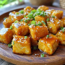 - 1 block (14 oz) firm tofu - 1/4 cup cornstarch - 1/4 cup soy sauce - 1/4 cup honey (or maple syrup for a vegan option) - 3 cloves garlic, finely minced - 1 teaspoon fresh ginger, grated - 1 tablespoon sesame oil - 1 tablespoon rice vinegar - 1 tablespoon green onions, finely chopped - Sesame seeds - Vegetable oil (for frying) When choosing your tofu, go for firm. It holds its shape well and gives a nice bite. Pressing the tofu is key. This helps remove excess moisture, making it crispier when cooked. Cornstarch helps create that golden crust. It coats the tofu, giving it a crunch that contrasts with the sweet sauce. For the sauce, I love using soy sauce and honey. They provide a perfect balance of salty and sweet. If you want a vegan option, maple syrup works just as well! Adding garlic and ginger gives the dish depth. Sesame oil adds a rich flavor too. Rice vinegar adds a touch of tang. For garnishing, chopped green onions and sesame seeds add color and crunch. Use vegetable oil for frying. It has a high smoke point, perfect for getting crispy tofu. You can find the full recipe to dive deeper into making this dish. First, cut the firm tofu into bite-sized cubes. Make sure the pieces are even. This helps them cook well. Next, press the tofu to remove extra water. This step is key for crispiness. After pressing, place the tofu cubes in a bowl. Sprinkle the cornstarch over the cubes. Toss gently to coat them well. Each piece should have a nice layer of cornstarch. This helps create a crispy crust when frying. Now it's time to fry the tofu. Heat vegetable oil in a large skillet over medium-high heat. Use enough oil to cover the bottom of the pan. When the oil shimmers, add the coated tofu cubes. Fry them for about 3-4 minutes on each side. Look for a golden brown color to know they are ready. Avoid overcrowding the pan; fry in batches if needed. Once crispy, transfer the tofu to a plate lined with paper towels to absorb extra oil. While the tofu is frying, make the honey garlic sauce. In a small bowl, combine soy sauce, honey (or maple syrup), minced garlic, grated ginger, sesame oil, and rice vinegar. Whisk these ingredients until they blend into a glossy sauce. This sauce is what makes the dish pop with flavor. Once the tofu is fried, return the skillet to medium heat. Pour the honey garlic sauce into the skillet. Let it simmer for 2-3 minutes until it thickens, stirring often. After the sauce thickens, add the crispy tofu back into the skillet. Toss the tofu so every piece gets coated in the sauce. Let it cook for another 2 minutes. This allows the tofu to soak up the delicious flavors. Now your Crispy Honey Garlic Tofu is ready to serve! For the full recipe, check out the detailed instructions above. To make your tofu extra crispy, start by properly pressing the tofu. This means removing as much water as possible. Wrap the tofu in a clean kitchen towel and place something heavy on top. Let it sit for at least 15-30 minutes. This helps to keep the tofu from being soggy during frying. Next, avoid overcrowding the pan. Fry the tofu in batches. If you add too many pieces at once, they will steam instead of fry. This will lead to less crispy tofu. Give each piece space to fry properly. You can boost the flavor of your crispy honey garlic tofu by adding spices or herbs. Consider adding a pinch of chili flakes for some heat. You can also sprinkle in dried herbs like basil or thyme. These will give your dish a unique twist. Adjusting the sweetness is also key. If you like your sauce sweeter, add more honey or maple syrup. If you prefer a less sweet flavor, reduce the amount. Taste the sauce before adding it to the tofu to find your perfect balance. Handling hot oil requires care. Always keep a close eye on the temperature. If the oil gets too hot, it can start to smoke. This is not safe and can ruin your dish. Use safe frying practices. Always use a long utensil to place tofu in hot oil. This keeps your hands away from the heat. If oil splatters, step back and stay calm. Keep a lid nearby to cover the pan if needed. For the full recipe, check [Full Recipe]. {{image_4}} You can easily make this dish vegan by switching honey for maple syrup. Maple syrup adds a sweet, rich taste that pairs well with the garlic. This small swap helps you enjoy the same great flavor while keeping it plant-based. You can make this dish even better by adding veggies. Bell peppers or broccoli work great. Just stir-fry them in the same pan before adding the sauce. You can also serve the crispy tofu over quinoa or rice. Both options soak up the sauce nicely and make your meal more filling. If you need a gluten-free option, look for gluten-free soy sauce. Many brands offer tasty substitutes that still work well in this recipe. For a low-calorie choice, consider using a light soy sauce. This keeps the flavor while cutting some calories. To keep your crispy honey garlic tofu fresh, refrigerate it right away. Place it in an airtight container. This method helps maintain flavor and texture. If you have extra sauce, store it separately. This way, your tofu does not get soggy. I recommend using glass containers for better preservation. They are easy to clean and don’t stain. When reheating, you want to keep that crispy texture. The best way is to use an oven or an air fryer. Preheat the oven to 350°F (175°C). Spread the tofu on a baking sheet and bake for about 10 minutes. Check for crispiness. If using an air fryer, set it to 350°F and heat for around 5-7 minutes. Avoid using a microwave since it makes tofu soggy. You can freeze leftover crispy honey garlic tofu for up to three months. To do this, let the tofu cool completely. Then, place it in a freezer-safe bag. Remove as much air as possible before sealing. When you want to eat it, thaw it in the fridge overnight. Reheat it in the oven or air fryer for the best results. Avoid reheating from frozen to keep the texture nice and crispy. To make tofu crispy, start by pressing it to remove water. This step is vital. Use firm tofu for the best results. After pressing, cut the tofu into even cubes. Coat the cubes in cornstarch. This creates a crunchy layer. Heat oil in a skillet over medium-high heat. Fry the tofu in batches. Avoid overcrowding the pan. Cook until golden brown on each side. This method gives you that perfect crispy texture. Yes, you can use other sweeteners. Maple syrup is a great vegan option. Agave nectar works well too. Brown sugar can add a nice depth of flavor. Experiment with your favorite sweeteners. Just remember to adjust the amount based on sweetness. Crispy Honey Garlic Tofu pairs well with many sides. Serve it with steamed rice for a classic combo. Stir-fried vegetables add color and nutrition. Quinoa is a healthy grain option too. You can also add a fresh salad for crunch. Each of these options complements the sweet and savory sauce. Crispy tofu lasts about 3-4 days in the fridge. Store it in an airtight container. For maximum freshness, keep the sauce separate. Reheat in the oven for best results. This helps maintain the crispy texture. Yes, pre-made sauces can save time. Look for honey garlic or teriyaki sauces. These can add great flavor without extra work. Just check the ingredients for quality. Adjust your cooking time based on the sauce's thickness. This guide covered key steps for making crispy honey garlic tofu. You learned how to prepare ingredients, fry the tofu, and make a tasty sauce. I shared tips for extra crispiness and suggested easy variations. Remember, you can store leftovers well and enjoy them later. Cooking tofu can be simple and fun. With practice, you’ll master this dish and impress others with your skills. Enjoy every bite and keep experimenting with flavors!