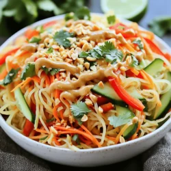 Gather these key ingredients to make a tasty Thai Peanut Noodle Salad: - 8 oz rice noodles - 1 cup shredded carrots - 1 red bell pepper, thinly sliced - 1 cucumber, julienned - 1 cup red cabbage, thinly sliced - 1/2 cup fresh cilantro, chopped - 1/4 cup chopped green onions - 1/2 cup peanuts, crushed (plus extra for garnish) These vegetables give the salad color and crunch. The rice noodles make it filling and fun to eat. For the peanut dressing, you will need: - 1/4 cup creamy peanut butter - 2 tablespoons soy sauce (or tamari for a gluten-free option) - 1 tablespoon freshly squeezed lime juice - 1 tablespoon maple syrup (or honey) - 1 teaspoon sesame oil - 1 garlic clove, minced - 1 teaspoon freshly grated ginger - 2-3 tablespoons warm water (to adjust thickness) This dressing ties the dish together. The mix of peanut butter, lime, and soy sauce creates a rich flavor. Add these garnishes for extra flair: - Crushed peanuts - Fresh cilantro Garnishes not only look great but also add more taste. The peanuts give a nice crunch, while cilantro adds freshness. For the full recipe, check the detailed instructions provided above. To start, boil water in a large pot. Once boiling, add 8 ounces of rice noodles. Make sure all noodles are submerged. Cook them for about 4 to 5 minutes. Once done, drain the noodles in a colander. Rinse them under cold water to stop cooking. Set them aside to cool. Next, grab a medium-sized mixing bowl. In it, add 1/4 cup of creamy peanut butter, 2 tablespoons of soy sauce, and 1 tablespoon of fresh lime juice. Then, mix in 1 tablespoon of maple syrup, 1 teaspoon of sesame oil, 1 minced garlic clove, and 1 teaspoon of grated ginger. Whisk everything together until it's smooth. If the dressing is too thick, add 2 to 3 tablespoons of warm water. Aim for a pourable consistency. Now, take a large mixing bowl. Combine 1 cup of shredded carrots, 1 thinly sliced red bell pepper, 1 julienned cucumber, and 1 cup of thinly sliced red cabbage. Also, add 1/2 cup of chopped cilantro and 1/4 cup of green onions. Stir gently to mix the vegetables well. Time to bring it all together! Add the cooled rice noodles to the bowl with vegetables. Drizzle the peanut dressing on top. Use tongs or two large forks to toss everything together. Make sure the noodles and vegetables are well-coated in the dressing. Enjoy this vibrant dish! For the full recipe, check out the details above. To make the best peanut dressing, start with creamy peanut butter. It gives a rich taste. Measure out 1/4 cup and put it in a bowl. Then, add 2 tablespoons of soy sauce. This adds salt and umami. Next, squeeze in 1 tablespoon of lime juice for a bright flavor. Add 1 tablespoon of maple syrup for sweetness. Mix in 1 teaspoon of sesame oil for depth. Don’t forget 1 minced garlic clove and 1 teaspoon of grated ginger. These bring warmth and spice. Whisk everything until smooth. If it’s too thick, add 2-3 tablespoons of warm water. This helps get the right consistency. You can serve this salad in many ways. For a light meal, enjoy it cold. It’s great on a hot day. If you want a heartier dish, add grilled chicken or shrimp. Both pair well with the peanut flavors. You can also serve it as a side dish. It pairs nicely with grilled meats. Consider serving it at a picnic or barbecue. This salad is colorful and vibrant, making it a crowd-pleaser. For a stunning presentation, use a clear bowl. This shows off the bright colors of the veggies. Layer the salad neatly. Start with the noodles, then add the veggies. Finish with the crushed peanuts on top. Add lime wedges around the bowl. This not only looks nice but gives guests a zesty option. You can also sprinkle fresh cilantro for a pop of green. This salad is not only tasty but beautiful, too! {{image_4}} You can easily make this salad vegetarian or vegan. The base of rice noodles and fresh veggies is already plant-based. For the dressing, use maple syrup instead of honey. This switch keeps it vegan and just as sweet. Feel free to add more veggies like edamame or snap peas for extra crunch. Adding protein makes the salad heartier. You can use grilled chicken, shrimp, or marinated tofu. If you choose chicken or shrimp, cook them first, then slice them thinly. For tofu, press it to remove extra water, then cube and sauté until golden. Mix your protein right into the salad for a filling meal. If you need a gluten-free option, just use tamari in the dressing instead of soy sauce. Rice noodles are naturally gluten-free, so you’re already set there. You can also try zucchini noodles instead of rice noodles for a fun twist. This keeps the dish light and fresh while still being gluten-free. For the full recipe, check the link above and dive into making this delicious dish! To keep your Thai Peanut Noodle Salad fresh, place leftovers in a container. Seal it tightly to keep air out. Store it in the fridge. It will stay tasty for about 3 days. If you like, keep the dressing separate. This helps prevent the noodles from getting soggy. Rice noodles can be tricky when reheated. If you need to warm them up, add a splash of water to the noodles. Then, microwave them for about 30 seconds. Stir often to heat evenly. You can also sauté them in a pan with a bit of oil. This keeps them from sticking and adds flavor. Choose airtight containers for storage. Glass containers work great because they don't stain. BPA-free plastic containers are good too. Make sure they have a secure lid. This ensures your salad stays fresh and tasty longer. Enjoy your meal later without losing flavor! You can find the full recipe in the earlier sections. Yes, you can make Thai Peanut Noodle Salad ahead of time. It’s a great meal prep option. Store the salad in the fridge for up to one day. Keep the dressing separate. This way, the noodles and veggies stay fresh and crisp. When you are ready to eat, mix in the dressing. This keeps the flavors bright. If you need a peanut butter substitute, try almond butter or sunflower seed butter. Both options give a similar creamy texture. They also add a unique flavor twist. For a nut-free option, sunflower seed butter is a great choice. You can also use tahini. It adds a rich taste and works well in the dressing. The Thai Peanut Noodle Salad lasts for about three days in the fridge. After that, the noodles may get soggy. To keep it fresh, store it in a tightly sealed container. If you see any signs of spoilage, it’s best to toss it. Enjoy this salad while it’s still vibrant and tasty! For the full recipe, check out the earlier section. Thai Peanut Noodle Salad is a simple, delicious dish. You start with key ingredients like rice noodles, fresh veggies, and a tasty peanut dressing. I shared step-by-step instructions for making it easy. Tips helped you perfect the dressing and made it look great. You can also try different proteins and storage methods. In the end, this salad is fun to make and enjoy. Try it today for a tasty meal!