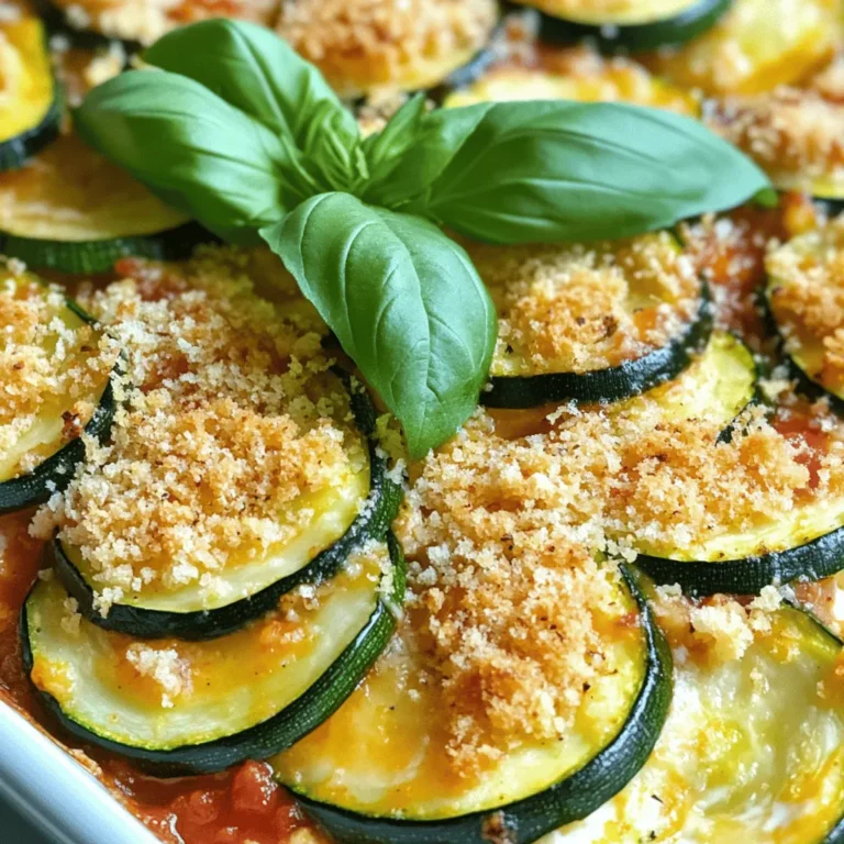 To make a tasty Baked Zucchini Parmesan Casserole, gather these ingredients: - 4 medium zucchinis, thinly sliced - 2 cups marinara sauce (store-bought or homemade) - 1 cup ricotta cheese - 1 cup grated Parmesan cheese - 1 cup shredded mozzarella cheese - 2 cloves garlic, minced - 1 teaspoon dried basil - 1 teaspoon dried oregano - Salt and freshly cracked black pepper to taste - 1 tablespoon olive oil - 1 cup breadcrumbs (preferably seasoned) - Fresh basil leaves for garnish You can swap some ingredients based on your taste or what you have at home. Try these ideas: - Use eggplant instead of zucchini for a different flavor. - Substitute cottage cheese for ricotta for a lighter option. - Swap mozzarella with provolone for a stronger taste. - Instead of marinara, use pesto for a fresh twist. - Use gluten-free breadcrumbs for a gluten-free dish. To ensure your casserole turns out well, measure carefully. Here are my tips: - Use dry measuring cups for solids like cheese and breadcrumbs. - Level off ingredients with a knife for precise measurements. - When using liquids, check the measurement at eye level. - For herbs, crushed or dried options can be more potent, so adjust as needed. - Keep your ingredients fresh for the best flavor and texture. For more details, check out the Full Recipe. To start, gather all your ingredients. You need fresh zucchini, marinara sauce, ricotta cheese, Parmesan cheese, mozzarella cheese, garlic, and spices. First, preheat your oven to 375°F (190°C). Next, slice the zucchinis thinly. Place the slices in a bowl and sprinkle them with salt. Let them sit for 15 minutes. This helps remove excess water, so your casserole won’t be soggy. After 15 minutes, pat the zucchini dry with paper towels. In a skillet, heat olive oil over medium heat. Add minced garlic and cook it for a minute until fragrant. Then, add the zucchini slices. Sauté them for 5 to 7 minutes. You want them soft but still firm. Once done, set the skillet aside. In another bowl, mix ricotta cheese, half of the grated Parmesan, dried basil, dried oregano, salt, and pepper. Stir until combined. Grab a 9x13 inch baking dish. Spread a thin layer of marinara sauce on the bottom. Then, layer half of the sautéed zucchini on top. Follow this with half of the ricotta mixture. Spread more marinara sauce over the ricotta. Repeat the layers with the rest of the zucchini and ricotta. Finish with mozzarella cheese, the remaining Parmesan, and breadcrumbs on top. Now, cover the dish tightly with aluminum foil and bake for 25 minutes. After that, remove the foil and bake for another 15 minutes. The top should be golden brown and bubbly. Let it cool for 10 minutes before serving. Enjoy your delicious Baked Zucchini Parmesan Casserole! For the full recipe, check out the earlier section. To get the best texture in your casserole, start by salting the zucchini. This step helps remove excess water. Let the zucchini rest for 15 minutes, then pat it dry. This will keep your casserole from becoming soggy. Cook the zucchini until it is tender but still firm. This gives a nice bite in each serving. You can boost the flavor by adding more herbs. Fresh basil adds a bright taste. Try mixing in some red pepper flakes for a little heat. A splash of balsamic vinegar can also deepen the flavor. If you love cheese, sprinkle some extra Parmesan on top before baking. The cheese will melt and create a tasty crust. One common mistake is skipping the salting step. This can lead to a watery dish. Another mistake is packing the layers too tightly. Make sure to spread each layer evenly. Lastly, don’t skip letting it cool before serving. This way, it holds its shape better on the plate. With these tips, your Baked Zucchini Parmesan Casserole will shine. For a full recipe, check out the section above. {{image_4}} You can make Baked Zucchini Parmesan Casserole gluten-free. Use gluten-free breadcrumbs instead of regular ones. This small change keeps the dish tasty without gluten. You can also check the marinara sauce for gluten. Most brands are safe, but it’s always good to read the label. This casserole is already vegetarian, but you can add more veggies. Try adding mushrooms, bell peppers, or spinach. These will add flavor and nutrition. You can also swap ricotta for a tofu mixture if you want a dairy-free option. Blend tofu with nutritional yeast and a bit of lemon juice for a creamy texture. Get creative with your casserole by adding extra flavors. Consider mixing in cooked ground turkey or chicken for protein. You can also add fresh herbs like thyme or parsley for a bright taste. For a spicy kick, toss in some red pepper flakes or jalapeños. These little changes can make your casserole unique and fun! For the full recipe, check out the detailed instructions above. To keep your baked zucchini parmesan casserole fresh, let it cool first. After it cools, cover it tightly with plastic wrap or aluminum foil. You can also place it in an airtight container. Store it in the fridge for up to three days. If you want to keep it longer, freezing is a great choice. Reheat your casserole in the oven for the best results. Preheat the oven to 350°F (175°C). Place the casserole in an oven-safe dish and cover it with foil. Bake for about 20-25 minutes or until it's hot all the way through. If you prefer the top crispy, remove the foil during the last 5 minutes. You can also reheat individual servings in the microwave. Just cover the dish with a microwave-safe lid and heat for 2-3 minutes. If you want to freeze the casserole, follow these steps. First, let it cool completely. Then, cut it into portions. Wrap each piece in plastic wrap, then place them in a freezer-safe bag or container. Label it with the date. You can freeze the casserole for up to three months. To enjoy, thaw it in the fridge overnight and reheat as mentioned above. This method keeps the flavors and texture intact. Baked Zucchini Parmesan Casserole takes about 60 minutes to cook. This includes 25 minutes covered and 15 minutes uncovered in the oven. You want the top to be golden and bubbly. Yes, you can make Baked Zucchini Parmesan Casserole ahead of time. Prepare it up to the baking step. Cover it and store it in the fridge for up to 24 hours. When ready to bake, add a few extra minutes to the cooking time. You can serve Baked Zucchini Parmesan Casserole with a crisp side salad. A slice of rustic bread also pairs well. Both options add freshness and help balance the rich flavors. For the full recipe, check out the detailed instructions above. In this blog post, we explored every aspect of making a Baked Zucchini Parmesan Casserole. From the full list of ingredients to helpful substitutions and measuring tips, we set you up for success. I provided clear steps for preparation, cooking, and assembly. You also learned ways to enhance flavor and avoid common mistakes. Keep these tips in mind as you experiment with variations, storage, and reheating methods. Now, enjoy making this dish your own and share it with family and friends.