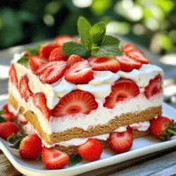 To create a tasty No Bake Strawberry Icebox Cake, gather these simple ingredients: - 2 cups fresh strawberries, hulled and sliced - Zest of 1 lemon (optional) - Fresh mint leaves for garnish (optional) - 1 cup heavy whipping cream - 1 cup cream cheese, softened to room temperature - 3/4 cup powdered sugar - 1 package (14.1 oz) graham crackers - 1 teaspoon vanilla extract Using fresh strawberries makes this cake bright and flavorful. You can add lemon zest for a fresh twist. For a touch of elegance, top with mint leaves. The cream cheese, whipped cream, and sugar create a rich and smooth filling. Graham crackers serve as the base, giving a nice crunch. This recipe is simple and fun. You can find the Full Recipe to guide you through making it step by step. Enjoy every bite! To start, take 1 cup of heavy whipping cream. Use an electric mixer on medium-high speed. Whip it until soft peaks form, which takes about 3 to 5 minutes. Watch out! Over-whipping can make it grainy. Next, grab a separate bowl. Combine 1 cup of softened cream cheese, 3/4 cup of powdered sugar, and 1 teaspoon of vanilla extract. Mix these until smooth. You want a creamy texture with no lumps. Now, it's time to assemble! Take a 9x13 inch dish. Lay down a layer of graham crackers to cover the bottom. Spread half of the cream mixture over the crackers. Then, layer half of the sliced strawberries on top. Repeat this process with another layer of graham crackers, the rest of the cream, and the remaining strawberries on top. Cover the dish tightly and refrigerate for at least 4 hours, or overnight if you can wait! This chilling is key for flavors to blend. When ready, slice into squares and enjoy your delicious creation! For a touch of elegance, add fresh mint leaves as a garnish. You can find the Full Recipe linked above. To get great whipped cream, start with cold cream. Use a chilled bowl to help. Beat the cream until soft peaks form. This step takes about 3-5 minutes. Be careful not to over-whip. Over-whipped cream can turn grainy. You want a smooth, airy texture that holds its shape well. When building your icebox cake, even layers are key. Spread the cream mixture evenly over the graham crackers. Use a spatula to help with this. Place the strawberries in a single layer. Make sure they cover the cream well. This step makes your cake look pretty and inviting. Each layer should be visible when you slice it. To make your cake even more special, serve it on chilled plates. You can drizzle a bit of strawberry puree on the plate. This adds color and sweetness. A sprig of fresh mint on top gives a nice touch. It looks elegant and tastes fresh. These small details can make a big difference. Enjoy your no bake strawberry icebox cake! {{image_4}} You can switch up the strawberries for other fruits. Raspberries, blueberries, or blackberries work well. You can also try peaches or mangoes for a tropical twist. Each fruit adds its own flavor and makes the cake unique. Just make sure the fruit is fresh. This keeps the taste bright and clean. Adding flavors can make your dessert special. Try a bit of almond extract for a warm touch. Cinnamon or nutmeg can add a nice spice to the cream. You can also add a splash of orange juice or zest for brightness. These little changes can make a big difference in taste. Experiment with what you like best. Want a gluten-free version? Just swap graham crackers for gluten-free cookies. You can use gluten-free vanilla wafers or almond flour cookies. They work great and keep the cake's texture. Always check the labels to make sure they fit your needs. Making this cake gluten-free means everyone can enjoy it! For the full recipe, please check the detailed instructions above. To store leftovers, cover the dish tightly with plastic wrap. This keeps the cake fresh and moist. Place it in the fridge for up to three days. If the cake is not covered, it may dry out. Always check for any off smells before eating. You can freeze the icebox cake for later enjoyment. First, cut it into squares. Wrap each piece in plastic wrap, then place them in a freezer-safe bag. This way, you can pull out just what you need. The cake stays good in the freezer for up to a month. Just remember to let it thaw in the fridge overnight before serving. No Bake Strawberry Icebox Cake tastes best within three days of making it. After this, the texture may change as the crackers soak up moisture. If frozen, the cake maintains its quality well. To enjoy the best flavor, eat it fresh. For full details, check the Full Recipe. Yes, you can make this cake ahead of time. I often prepare it the day before. This allows the flavors to blend and the texture to improve. It tastes even better after a night in the fridge. Just cover it well to keep it fresh. You have options for heavy cream. You can use whole milk or half-and-half. For a non-dairy option, try coconut cream or almond milk. Each will change the flavor slightly, but they work well in this recipe. Look for a few signs that your cake is ready. It should feel firm and set when you touch it. The graham crackers will soften and blend into the cream. If it has chilled for at least four hours, it should be perfect. Enjoy slicing into this treat! In this blog, I shared how to make a no-bake strawberry icebox cake. We covered fresh ingredients, dairy essentials, and the base components. I showed you step-by-step instructions and essential tips for perfect layers. You learned simple variations and storage tips to keep it fresh. This cake is easy to make and good for any occasion. Enjoy experimenting with flavors to make it your own!