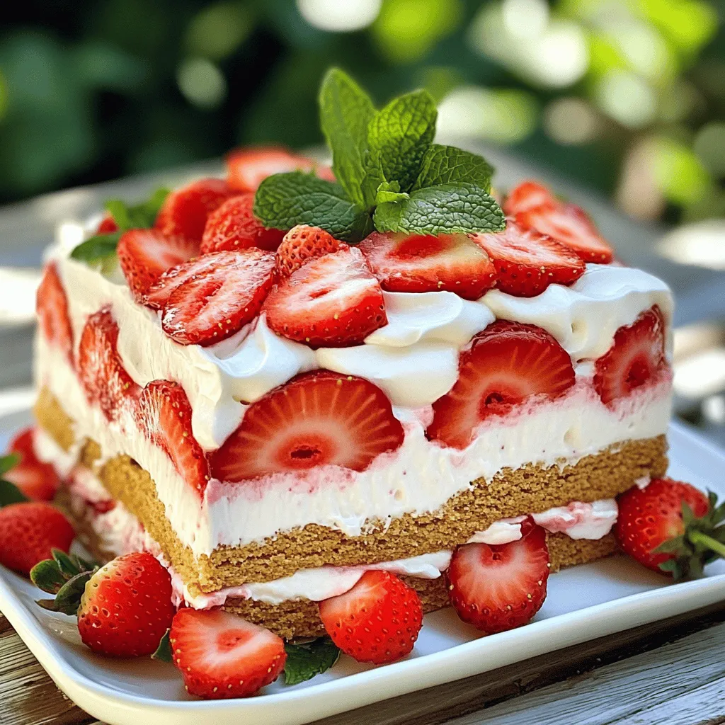 To create a tasty No Bake Strawberry Icebox Cake, gather these simple ingredients: - 2 cups fresh strawberries, hulled and sliced - Zest of 1 lemon (optional) - Fresh mint leaves for garnish (optional) - 1 cup heavy whipping cream - 1 cup cream cheese, softened to room temperature - 3/4 cup powdered sugar - 1 package (14.1 oz) graham crackers - 1 teaspoon vanilla extract Using fresh strawberries makes this cake bright and flavorful. You can add lemon zest for a fresh twist. For a touch of elegance, top with mint leaves. The cream cheese, whipped cream, and sugar create a rich and smooth filling. Graham crackers serve as the base, giving a nice crunch. This recipe is simple and fun. You can find the Full Recipe to guide you through making it step by step. Enjoy every bite! To start, take 1 cup of heavy whipping cream. Use an electric mixer on medium-high speed. Whip it until soft peaks form, which takes about 3 to 5 minutes. Watch out! Over-whipping can make it grainy. Next, grab a separate bowl. Combine 1 cup of softened cream cheese, 3/4 cup of powdered sugar, and 1 teaspoon of vanilla extract. Mix these until smooth. You want a creamy texture with no lumps. Now, it's time to assemble! Take a 9x13 inch dish. Lay down a layer of graham crackers to cover the bottom. Spread half of the cream mixture over the crackers. Then, layer half of the sliced strawberries on top. Repeat this process with another layer of graham crackers, the rest of the cream, and the remaining strawberries on top. Cover the dish tightly and refrigerate for at least 4 hours, or overnight if you can wait! This chilling is key for flavors to blend. When ready, slice into squares and enjoy your delicious creation! For a touch of elegance, add fresh mint leaves as a garnish. You can find the Full Recipe linked above. To get great whipped cream, start with cold cream. Use a chilled bowl to help. Beat the cream until soft peaks form. This step takes about 3-5 minutes. Be careful not to over-whip. Over-whipped cream can turn grainy. You want a smooth, airy texture that holds its shape well. When building your icebox cake, even layers are key. Spread the cream mixture evenly over the graham crackers. Use a spatula to help with this. Place the strawberries in a single layer. Make sure they cover the cream well. This step makes your cake look pretty and inviting. Each layer should be visible when you slice it. To make your cake even more special, serve it on chilled plates. You can drizzle a bit of strawberry puree on the plate. This adds color and sweetness. A sprig of fresh mint on top gives a nice touch. It looks elegant and tastes fresh. These small details can make a big difference. Enjoy your no bake strawberry icebox cake! {{image_4}} You can switch up the strawberries for other fruits. Raspberries, blueberries, or blackberries work well. You can also try peaches or mangoes for a tropical twist. Each fruit adds its own flavor and makes the cake unique. Just make sure the fruit is fresh. This keeps the taste bright and clean. Adding flavors can make your dessert special. Try a bit of almond extract for a warm touch. Cinnamon or nutmeg can add a nice spice to the cream. You can also add a splash of orange juice or zest for brightness. These little changes can make a big difference in taste. Experiment with what you like best. Want a gluten-free version? Just swap graham crackers for gluten-free cookies. You can use gluten-free vanilla wafers or almond flour cookies. They work great and keep the cake's texture. Always check the labels to make sure they fit your needs. Making this cake gluten-free means everyone can enjoy it! For the full recipe, please check the detailed instructions above. To store leftovers, cover the dish tightly with plastic wrap. This keeps the cake fresh and moist. Place it in the fridge for up to three days. If the cake is not covered, it may dry out. Always check for any off smells before eating. You can freeze the icebox cake for later enjoyment. First, cut it into squares. Wrap each piece in plastic wrap, then place them in a freezer-safe bag. This way, you can pull out just what you need. The cake stays good in the freezer for up to a month. Just remember to let it thaw in the fridge overnight before serving. No Bake Strawberry Icebox Cake tastes best within three days of making it. After this, the texture may change as the crackers soak up moisture. If frozen, the cake maintains its quality well. To enjoy the best flavor, eat it fresh. For full details, check the Full Recipe. Yes, you can make this cake ahead of time. I often prepare it the day before. This allows the flavors to blend and the texture to improve. It tastes even better after a night in the fridge. Just cover it well to keep it fresh. You have options for heavy cream. You can use whole milk or half-and-half. For a non-dairy option, try coconut cream or almond milk. Each will change the flavor slightly, but they work well in this recipe. Look for a few signs that your cake is ready. It should feel firm and set when you touch it. The graham crackers will soften and blend into the cream. If it has chilled for at least four hours, it should be perfect. Enjoy slicing into this treat! In this blog, I shared how to make a no-bake strawberry icebox cake. We covered fresh ingredients, dairy essentials, and the base components. I showed you step-by-step instructions and essential tips for perfect layers. You learned simple variations and storage tips to keep it fresh. This cake is easy to make and good for any occasion. Enjoy experimenting with flavors to make it your own!