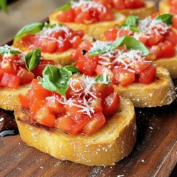 For the best Tomato Basil Bruschetta, use fresh ingredients. Here’s what you need: - 1 baguette, sliced diagonally into 1/2 inch thick pieces - 4 ripe tomatoes, diced into small cubes - 1/4 cup fresh basil leaves, finely chopped - 2 cloves garlic, minced to a paste - 3 tablespoons extra-virgin olive oil, divided - 1 tablespoon balsamic vinegar - Salt and freshly cracked black pepper to taste - Shavings of Parmesan cheese for garnish (optional) Choosing ripe tomatoes and fresh basil makes all the difference. Ripe tomatoes burst with flavor. Fresh basil adds a bright, herbal note. This combination creates a zesty topping that sings on the palate. Gather these kitchen tools for making your bruschetta: - Baking sheet - Pastry brush - Mixing bowl - Spoon for serving Optional items can enhance your presentation. A large, elegant platter shows off your bruschetta beautifully. You might also want a small bowl of extra balsamic vinegar for drizzling. This invites guests to customize their bites. You can find the full recipe [here](#). To make the perfect tomato basil bruschetta, start with fresh ingredients. Preheat your oven to 400°F (200°C). This step is key for crisp bread. While the oven heats, slice your baguette into 1/2 inch thick pieces. Lay them out on a large baking sheet. Now, brush each slice with olive oil. Use about 1 tablespoon for even coverage. This helps the bread toast nicely. Place the baking sheet in the oven. Bake for 5-7 minutes until golden brown. Flip the slices halfway through for even crispness. Next, let’s prepare the topping. In a bowl, combine diced tomatoes, chopped basil, and minced garlic. Add balsamic vinegar and the remaining olive oil. Season with salt and black pepper. Mix gently to blend the flavors. You want the texture to be chunky, not mushy. This gives your bruschetta a fresh and vibrant taste. Once your bread cools slightly, it's time to assemble. Spoon the tomato basil mixture onto each slice. Pile it high for a burst of flavor! If you want to impress, add Parmesan shavings on top. For presentation, arrange the bruschetta on a large platter. Garnish with whole basil leaves for color. You can also add a small bowl of balsamic vinegar on the side. This lets guests add more flavor if they wish. Serve immediately to enjoy the warm, crispy bread with fresh toppings. When picking tomatoes, look for ripe, firm ones. The best types are Roma or vine-ripened tomatoes. These have great flavor and texture. If you want a sweeter taste, try cherry tomatoes. They add a nice pop of color too. For basil, choose fresh leaves that are bright green and fragrant. Avoid any that look wilted or brown. If fresh basil is hard to find, use dried basil. Just remember, dried herbs are stronger, so use less. If you have dietary needs, there are great swaps. For gluten-free eaters, use gluten-free bread. You can also skip the cheese to make it dairy-free. This keeps the dish tasty for everyone. To get the perfect crispiness for the baguette, choose a good quality bread. A fresh baguette makes all the difference. Slice it diagonally into half-inch pieces. This gives a larger surface area for toasting. Brush each slice with olive oil before toasting. This oil helps achieve that golden brown color. Toast the slices in the oven at 400°F for about 5-7 minutes. Flip them halfway to ensure even toasting. Avoid crowding the baking sheet; this keeps air flowing around each piece. Don’t let the bread burn! Keep an eye on it as it toasts. You want crispy, not crunchy. To elevate your bruschetta, consider adding toppings. A drizzle of balsamic glaze adds sweetness. Crumbled feta or goat cheese can add a tangy flavor. You can also try thinly sliced olives or roasted peppers. Herbs like oregano or thyme work well too. They can give a nice earthy taste that pairs well with tomatoes. For a spicy kick, add a sprinkle of red pepper flakes. Try serving bruschetta with a side of fresh mozzarella. This can balance the acidity of the tomatoes. It also makes your dish more filling. Enjoy experimenting with flavors! For the full recipe, check out the complete guide. {{image_4}} Bruschetta is more than just tomatoes and basil. You can mix it up! Try smoked salmon for a rich taste. Feta cheese adds a creamy texture, too. You can even use roasted red peppers or olives for a punch of flavor. In Italy, each region has its own twist on bruschetta. In Tuscany, they may add white beans for a heartier bite. In Naples, you might find bruschetta topped with fresh mozzarella and cherry tomatoes. These variations keep the dish exciting and fresh! Need to make bruschetta vegan? Easy! Just skip the cheese and use a good olive oil. Gluten-free? Choose gluten-free bread or even polenta instead of baguette. For a healthier option, use whole grain bread. You can swap out balsamic vinegar for lemon juice to brighten the flavors. This way, everyone can enjoy this tasty treat without worry! To keep any leftover bruschetta tasty, store the toppings and bread separately. Place the fresh tomato basil mixture in an airtight container. This keeps it fresh for up to three days in the fridge. For the toasted bread, store it in a paper bag. Avoid using plastic, as it can make the bread soggy. If you have unbaked bread slices, wrap them in plastic and freeze for later use. When you want to enjoy your bruschetta again, reheating is key. Preheat your oven to 350°F (175°C). Lay the toasted slices on a baking sheet. Heat them for about five minutes until warm. This keeps them crispy. Avoid using the microwave, as it can make the bread chewy. Never reheat the tomato topping in the oven. Instead, let it sit at room temperature. This ensures each bite tastes fresh. Watch out for common mistakes, like leaving the bread too long in the oven. This can dry it out. Keep an eye on it to enjoy that perfect crunch again. For the full recipe, check out the instructions above and enjoy! What is the history of bruschetta in Italian cuisine? Bruschetta dates back to ancient Rome. The name comes from "bruscare," which means to toast. This dish started as a simple snack for farmers. They topped toasted bread with fresh ingredients. Over time, it became popular across Italy, with each region adding its twist. Can I make bruschetta in advance for a party? Yes, you can prepare the topping ahead of time. Make the tomato basil mix and store it in the fridge. Toast the bread just before serving. This way, the bread stays crunchy and fresh. How can I customize the tomato basil bruschetta recipe? You can add other toppings like mozzarella or olives. Try using different herbs like oregano or parsley. For a spicy kick, add red pepper flakes. Feel free to mix and match to suit your taste. What is the best type of bread for bruschetta? A baguette works great for bruschetta. Its crusty outside and soft inside make it perfect for toasting. Ciabatta is another good choice. It has a nice texture and holds toppings well. How long can I keep bruschetta in the fridge? The tomato basil topping lasts about 2-3 days in the fridge. However, the toasted bread will become soggy if stored. Keep them separate for the best taste and texture. Can I freeze bruschetta toppings? Yes, you can freeze the toppings. Store them in an airtight container. They will keep for about a month. Thaw them in the fridge before using, but the texture might change slightly. For the freshest taste, I suggest making the topping fresh when you can. In this blog post, we explored how to make delicious Tomato Basil Bruschetta. We started with the fresh ingredients that make this dish shine, emphasizing the need for ripe tomatoes and sweet basil. You learned the necessary kitchen tools, step-by-step preparation, and tips for perfecting your toast. We also shared creative variations and dietary-friendly options to suit everyone. Lastly, I provided great storage and reheating advice. Enjoy making this classic dish that’s perfect for any gathering!