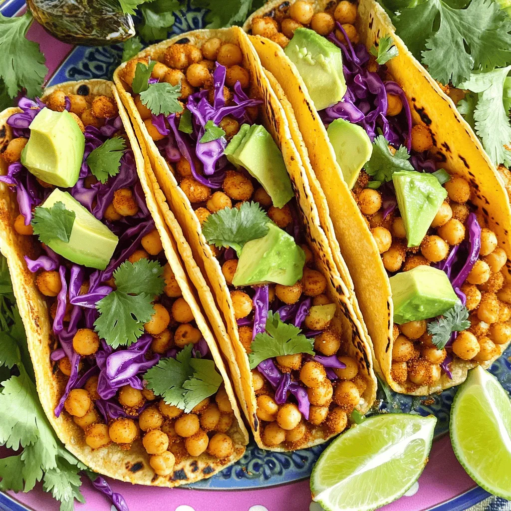 To make crispy chickpea tacos, you need these main ingredients: - 1 can (15 oz) chickpeas, thoroughly drained and rinsed - 1 tablespoon extra-virgin olive oil - 1 teaspoon smoked paprika - 1 teaspoon ground cumin - 1/2 teaspoon garlic powder - 1/2 teaspoon onion powder - Salt and freshly ground black pepper, to taste - 8 small corn tortillas These ingredients work together to create a tasty base for your tacos. The chickpeas provide a hearty texture, while spices add depth and flavor. You can amp up the flavor with these optional ingredients: - 1 cup finely shredded red cabbage - 1 ripe avocado, sliced into thin wedges - 1/2 cup fresh cilantro, roughly chopped - Lime wedges, for serving - Your favorite hot sauce for an extra kick Adding these toppings gives your tacos a fresh crunch and a burst of color. Don’t skip the lime; it brightens the dish! Chickpeas are packed with protein and fiber, making them great for a filling meal. Olive oil adds healthy fats, while spices like cumin and paprika provide antioxidants. Here’s a quick look at the nutritional benefits: - Chickpeas: High in protein and fiber, good for digestion - Olive oil: Contains healthy fats, supports heart health - Spices: Boost metabolism and add flavor without calories These ingredients not only taste good, but they also support a healthy lifestyle. For the full recipe, check out the detailed instructions. Start by preheating your oven to 400°F (200°C). This heat will make the chickpeas crispy. Take a can of chickpeas, drain them well, and rinse under cold water. This step helps remove any extra salt. In a medium bowl, mix the chickpeas with olive oil and spices. Use smoked paprika and cumin for great flavor. Add garlic powder, onion powder, salt, and pepper. Stir well so every chickpea gets coated. Spread the seasoned chickpeas on a baking sheet lined with parchment paper. This makes cleanup easy. Roast in the oven for 25-30 minutes. Stir them halfway through. Keep an eye on them so they don't burn. You want them golden and crunchy. This roasting makes the chickpeas the star of your tacos. Once the chickpeas are ready, it’s time to build your tacos. Warm the corn tortillas in a skillet for about 30 seconds on each side. This makes them soft and tasty. For each tortilla, add a generous spoonful of roasted chickpeas. Top with shredded red cabbage for crunch. Then, add avocado slices for creaminess. Finish with fresh cilantro for color and flavor. Serve with lime wedges and hot sauce if you like it spicy. Enjoy your crispy chickpea tacos! For the full recipe, check out [Full Recipe]. To make your chickpeas crispy, start with dry ones. Drain and rinse them well. Pat them dry using a clean towel. This step is key. The less moisture, the better the crunch. Use high heat when roasting. Set your oven to 400°F (200°C). Roast for 25-30 minutes, stirring halfway through. Keep an eye on them to avoid burning. You want them golden brown and crunchy. For extra flavor, season well with spices before roasting. Smoked paprika and cumin work great. For the best tacos, use small corn tortillas. They hold up well and add flavor. Look for fresh ones at the store. If you can, warm them in a skillet. This makes them soft and pliable. Toast each side for about 30 seconds. This step enhances their taste. If you prefer, you can also use flour tortillas. They are softer and can be more filling. Choose what you like best! Add layers of flavor to your tacos! Shredded red cabbage adds crunch and color. Avocado slices give creaminess. Fresh cilantro brightens up the dish. For a zesty kick, serve lime wedges on the side. You can also drizzle hot sauce for heat. Experiment with other toppings like salsa or diced tomatoes. Consider adding pickled onions for a tangy twist. The more you add, the more fun your tacos become. Check out the Full Recipe for more ideas! {{image_4}} These tacos are already vegan and gluten-free. Chickpeas are plant-based and gluten-free, making them a great choice. You can use corn tortillas, which are naturally gluten-free. Always check labels to ensure they are safe for your diet. You can change up the toppings for fun! Try adding diced tomatoes for freshness. Pickled red onions can give a tangy bite. You might also enjoy a drizzle of tahini or vegan sour cream for creaminess. Don’t forget some crunchy radishes for extra texture! If you love heat, add jalapeños or a spicy salsa. For milder flavors, use a cooling yogurt or avocado cream. You can also swap out the spices in the chickpeas. Use chili powder for a warm kick or keep it simple with just salt and pepper. These variations let you customize your tacos to suit your taste. For a full recipe, check out the main section. If you have leftover chickpeas, store them in an airtight container. Place them in the fridge. They stay fresh for up to four days. You can enjoy them in salads or as a snack. Just remember to keep them dry for the best taste. Assembled tacos can get soggy quickly. It's best to store the filling and tortillas separately. Wrap the tortillas in foil or plastic wrap. Place the chickpea filling in a different container. This way, your tacos will stay crispy. They can last in the fridge for one day. To reheat the chickpeas, spread them on a baking sheet. Bake them at 400°F (200°C) for about 10 minutes. This will help them regain their crispiness. For tortillas, heat them in a dry skillet for about 30 seconds on each side. This will bring back their soft texture. Enjoy your crispy chickpea tacos fresh! For the full recipe, check out the [Full Recipe]. You can use black beans or lentils. Both options give a nice texture. They also have great flavors. If you want a nutty taste, try using roasted sunflower seeds. Yes, you can prepare the chickpeas in advance. Store them in an airtight container. They will stay fresh for about three days. Just reheat before serving. You can also prep the toppings, but keep them separate. This keeps everything fresh and crunchy. To make chickpeas crispy, start with dry ones. Drain and rinse them well. Pat them dry with a towel to remove moisture. This helps them get crispy. Toss them with oil and spices for flavor. Spread them in a single layer on a baking sheet. Roast at 400°F (200°C) for 25-30 minutes. Stir halfway through to cook evenly. Yes, canned chickpeas work great. Just make sure to drain and rinse them. This will remove excess sodium and improve flavor. I love using shredded cabbage for crunch. Avocado adds creaminess, while cilantro gives freshness. You can also add salsa or hot sauce for extra flavor. To add spice, use jalapeños or a hot sauce. You can sprinkle red pepper flakes on top, too. Adjust the spice to fit your taste. Yes! Chickpeas are high in protein and fiber. The tacos are also packed with veggies. This makes them a healthy choice for any meal. You can freeze cooked chickpeas. Place them in a freezer-safe bag. They will last for about three months. Thaw them in the fridge before using. Serve them warm with lime wedges. This adds a zesty kick. You can also pair them with a fresh salad or rice for a full meal. You can find the full recipe for crispy chickpea tacos above. It gives you all the details to make this dish at home. Crispy chickpea tacos are fun and easy to make. We covered key ingredients, like chickpeas, for a tasty meal. I shared steps to prepare, roast, and assemble your tacos. You learned tips for crispiness and best tortillas. We also explored various topping options and how to store leftovers. In closing, these tacos offer flavor and nutrition. Enjoy experimenting with your recipes and find your favorites!
