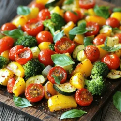 - 1 cup cherry tomatoes, halved - 1 bell pepper, chopped into bite-sized pieces - 1 medium zucchini, sliced into half-moons - 1 medium yellow squash, sliced into half-moons - 1 red onion, roughly chopped into wedges - 2 cups fresh broccoli florets - 3 tablespoons extra virgin olive oil - 1 teaspoon garlic powder - 1 teaspoon onion powder - 1 teaspoon smoked paprika - Salt and freshly ground black pepper, to taste - Fresh basil leaves, for garnish To make oven roasted vegetables, you need these ingredients. Each one brings a unique flavor. Cherry tomatoes add sweetness. Bell peppers give crunch. Zucchini and yellow squash provide a soft texture. The red onion adds a touch of sharpness. Broccoli gives a nice bite. - Suggested seasonings and herbs: You can try thyme, rosemary, or Italian seasoning. - Alternate vegetable options: Carrots, Brussels sprouts, or cauliflower work well too. - Flavor enhancers such as balsamic vinegar or lemon juice: A drizzle can brighten up your dish. Feel free to change the vegetables based on what you have. Using different herbs or seasonings can make it fun. You can also add a splash of balsamic vinegar or lemon juice for extra zing. This way, you can create your own twist on the recipe. For the full recipe, check the section above! 1. First, preheat your oven to 425°F (220°C). This helps the veggies roast well. 2. Grab a large bowl. Chop your vegetables and add them in. Use: - 1 cup cherry tomatoes, halved - 1 bell pepper, chopped - 1 medium zucchini, sliced - 1 medium yellow squash, sliced - 1 red onion, roughly chopped - 2 cups broccoli florets 3. Drizzle 3 tablespoons of extra virgin olive oil over the veggies. 4. Sprinkle in 1 teaspoon garlic powder, 1 teaspoon onion powder, and 1 teaspoon smoked paprika. Add salt and pepper to taste. 5. Toss the mixture with a spoon or your hands. Make sure every piece is coated. 1. Line a baking sheet with parchment paper. Transfer the veggies onto it. Spread them out in a single layer. 2. Put the baking sheet in the oven. Roast for 25-30 minutes. 3. Halfway through, stir the vegetables. This helps them cook evenly. 4. Check for doneness. The veggies should be tender and slightly caramelized. 5. Remove the baking sheet from the oven. Let the vegetables cool for a few minutes before serving. For the full recipe, check the recipe section. To get the best oven roasted vegetables, follow these tips: - Ensure Even Cooking: Cut your veggies into uniform sizes. This helps them cook at the same rate. Smaller pieces will roast faster, while larger ones may need more time. - Use High-Quality Olive Oil and Spices: Choose extra virgin olive oil for better flavor. Fresh herbs and spices bring out the best taste. Garlic powder and smoked paprika add a wonderful kick. - Importance of Space on the Baking Sheet: Spread the vegetables out in a single layer. If they are too crowded, they will steam instead of roast. This means less flavor and a soggier texture. Now that your vegetables are roasted, here are some tasty ways to enjoy them: - Ideal Pairings with Proteins or Grains: Serve them alongside grilled chicken, fish, or quinoa. They can also enhance a salad or bowl dish. The mix of textures and flavors is delightful. - Garnishing Ideas for Presentation: Fresh herbs like basil or parsley add color and aroma. A sprinkle of feta cheese or goat cheese can add creaminess. - Suggestions for Dipping Sauces or Dressings: Pair your vegetables with hummus, tzatziki, or a balsamic reduction. These dips can add even more flavor and excitement to your dish. For a complete recipe, check out the Full Recipe. {{image_4}} You can mix and match vegetables based on what’s fresh and in season. Try using: - Carrots - Sweet potatoes - Brussels sprouts - Eggplants Each mix offers a new flavor experience. You can also explore global flavors. For a Mediterranean twist, add olives and feta cheese. To capture Asian tastes, try sesame oil and soy sauce. Using seasonal herbs enhances the taste. Fresh thyme or rosemary works well. Basil adds a nice touch too. Just chop them up and sprinkle before roasting. These roasted veggies fit many diets. They are naturally vegan and gluten-free. To add protein, toss in chickpeas or tofu. This makes the dish heartier. If you want sugar-free or low-carb options, focus on non-starchy veggies. Zucchini and bell peppers are great choices. They keep the dish light and healthy. You can find even more ideas in the [Full Recipe]. To keep your oven roasted vegetables fresh, use airtight containers. Glass or plastic containers work great. They keep moisture in and prevent odors from mixing. Once your veggies cool, store them in these containers. For fresh, uncooked vegetables, refrigerate them in a crisper drawer. Keep them in breathable bags or containers. This helps them stay crisp for longer. When reheating, aim for the oven or stovetop. These methods keep the texture nice. Try heating at 350°F (175°C) for about 10 minutes. This way, they warm evenly and stay tasty. You can also use your air fryer for a quick reheat. Just a few minutes can bring back that roasted crunch. For leftover veggies, be creative! Toss them in salads, stir-fries, or omelets. They add great flavor and color to many dishes. This way, you reduce waste and enjoy your food again. How long do you roast vegetables in the oven? You should roast vegetables for about 25-30 minutes at 425°F (220°C). Stir them halfway through. This helps them cook evenly and get that nice caramelized look. What vegetables are best for roasting? Great choices for roasting include: - Cherry tomatoes - Bell peppers - Zucchini - Yellow squash - Red onion - Broccoli These vegetables roast well and taste fantastic when cooked. Can you roast frozen vegetables and how? Yes, you can roast frozen vegetables. Just spread them out on the baking sheet. Add a little extra oil and adjust the cooking time. They may need a few more minutes to get tender. Why is my roasted vegetables burning? Burning can happen if your oven is too hot or if the veggies are too crowded. Make sure to spread them out evenly and check your oven temperature. Can I use a convection oven for roasting? Absolutely! A convection oven can help cook your vegetables faster and more evenly. Just reduce the temperature by about 25°F (14°C). How can I get a crispy texture? To achieve crispy texture, use a hot oven and space out the veggies. A little extra olive oil can also help them crisp up nicely. For extra crunch, you can broil them for the last few minutes. For a full recipe and to explore more cooking ideas, check out the Full Recipe. Oven-roasted vegetables are simple and delicious. We covered essential and optional ingredients, step-by-step prep, and roasting tips. You can customize flavors with herbs or sauces. Remember to store leftovers well for future meals. Roasted veggies pair perfectly with proteins or grains. Explore different vegetable mixes and try global flavors for variety. With these tips, you can enjoy flavorful, perfectly roasted vegetables any time. Enjoy being creative in your kitchen!