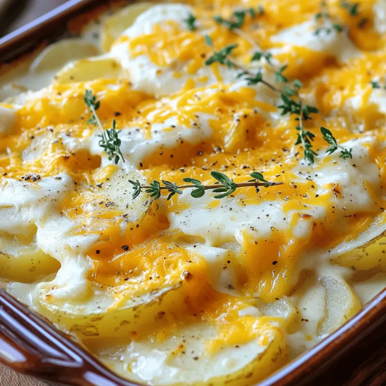 To make cheesy scalloped potatoes, you need a few key items. Gather the following ingredients: - 3 large russet potatoes, thinly sliced - 2 cups shredded sharp cheddar cheese - 1 cup milk - 1 cup heavy cream - 2 tablespoons butter (for greasing) - 3 cloves garlic, minced - 1 teaspoon fresh thyme leaves (or ½ teaspoon dried thyme) - 1 teaspoon salt - ½ teaspoon black pepper - ¼ teaspoon cayenne pepper (optional, for a little kick) - ¼ cup grated Parmesan cheese (for topping) You can make this dish your own by adding some optional ingredients. Consider these for extra flavor: - Sliced onions for sweetness - Cooked bacon for a smoky taste - Spinach or kale for added greens - Different cheese types like Gruyère or mozzarella - Fresh herbs like parsley or chives for garnish Selecting the right potatoes and cheese is crucial for great flavor. Here are some tips: - Potatoes: Go for russet potatoes. They are starchy and make for creamy layers. Look for firm potatoes without blemishes. - Cheese: Choose sharp cheddar for a bold taste. Aged cheeses add depth, while fresh cheeses offer creaminess. - Freshness: Always check the expiration date on dairy products. Fresh ingredients yield the best results. When you use high-quality potatoes and cheese, your cheesy scalloped potatoes will shine. For the complete recipe, check out the [Full Recipe]. Start by preheating your oven to 350°F (175°C). This helps the dish cook evenly. While the oven heats, grab a large baking dish. Use two tablespoons of butter to grease the inside. This step prevents the cheesy goodness from sticking. In a big mixing bowl, take three large russet potatoes. Slice them thinly. Add three minced garlic cloves, one teaspoon of salt, and half a teaspoon of black pepper. If you want a little heat, add a quarter teaspoon of cayenne pepper. Toss the potatoes gently until they are coated with the seasoning. Next, add one teaspoon of fresh thyme leaves. Mix it all well. Now, it’s time to build your layers! Spread half of the potato mixture evenly in the greased baking dish. Then, sprinkle one cup of shredded sharp cheddar cheese over the first layer. Add the rest of the potato mixture on top of the cheese. In a separate bowl, whisk together one cup of milk and one cup of heavy cream. Pour this creamy mix over the layered potatoes. Top everything with the remaining cheddar cheese and a quarter cup of grated Parmesan cheese. Cover the dish with aluminum foil to keep moisture in. Bake it for 45 minutes. After that, remove the foil and bake for another 15-20 minutes. You want the potatoes to be fork-tender and the top to be bubbly and golden brown. Once cooked, let the dish rest for about 10 minutes before serving. This helps the cheese set. Now you are ready to enjoy your cheesy scalloped potatoes! For a full recipe, don’t forget to check the details! To make your scalloped potatoes great, slice the potatoes thin. Aim for about 1/8 inch thick. This helps them cook evenly. Use a mandoline slicer for even slices. Layer half of the potatoes, then sprinkle cheese. Repeat this for the second layer. This stacking adds flavor and texture. For a great cheese melt, mix different cheeses. Sharp cheddar adds a nice tang. Adding some Gruyère or mozzarella can create a creamy texture. Grate the cheese yourself for better melting. Pre-shredded cheese often contains anti-caking agents that can affect the melt. Add cheese on top before baking, and cover with foil to keep moisture in. One mistake is not seasoning the potatoes. Always add salt and spices to enhance flavor. Another issue is not using enough liquid. Ensure the potatoes are submerged in the cream mixture. Don’t skip the resting time after baking. This step helps the dish set and makes serving easier. For the full recipe, check out the details above! Enjoy your cooking! {{image_4}} You can make cheesy scalloped potatoes even better by adding veggies or proteins. Try spinach, broccoli, or sliced mushrooms for a fresh taste. To add protein, use cooked bacon, ham, or chicken. Just layer them in with the potatoes. This way, you create a heartier dish that everyone will love. Cheese is the star of this dish, so mix it up! While sharp cheddar is classic, you can use Gruyère or mozzarella for a different flavor. Mixing cheeses adds depth and richness. Consider adding a little blue cheese for a bold twist. Each combination will give your scalloped potatoes a unique touch. If you like heat, spice things up! Add cayenne pepper or sliced jalapeños for a kick. You can also add a dash of hot sauce to the cream mixture. For more flavor, try stirring in a teaspoon of mustard or smoked paprika. These spices will enhance the creamy goodness of your cheesy scalloped potatoes. For a complete guide on how to make this dish, check out the Full Recipe. To keep cheesy scalloped potatoes fresh, let them cool first. Place them in an airtight container. This will help lock in moisture and flavor. Store them in the fridge for up to three days. If you see any signs of spoilage, like off smells or mold, throw them away. When you’re ready to enjoy leftovers, preheat your oven to 350°F (175°C). Place the potatoes in an oven-safe dish. Cover it with foil to keep the moisture in. Heat for about 20 minutes or until the cheese is bubbly again. For a crispier top, remove the foil for the last five minutes. If you want to save cheesy scalloped potatoes for later, freezing works well. Cool the dish completely first. Use a freezer-safe container or wrap it tightly in plastic wrap. Label it with the date. You can freeze it for up to three months. To reheat, let it thaw overnight in the fridge. Then follow the reheating instructions above. This way, you’ll enjoy that cheesy goodness any time you wish! Scalloped potatoes use cream or milk for a rich sauce. They don’t have cheese mixed in. On the other hand, au gratin potatoes include cheese in the sauce and often have a crispy cheese topping. Both are delicious, but they offer different flavors and textures. If you love cheese, go for au gratin. If you prefer a creamier dish, choose scalloped. Yes, you can make cheesy scalloped potatoes ahead of time. Prepare them fully and store in the fridge. Cover the dish with foil or plastic wrap to keep it fresh. When ready to bake, let it sit at room temperature for 20 minutes. Then, bake as the recipe states. This way, you save time and still enjoy a yummy meal. Cheesy scalloped potatoes go well with many dishes. Here are a few ideas: - Roast chicken or turkey - Grilled steak or pork chops - Steamed green beans or broccoli - A fresh garden salad These pairings balance the richness of the potatoes and add variety to your meal. They help you create a comforting dinner that everyone will love. For the full recipe, check out the Cheesy Scalloped Potatoes Delight section. You learned about making cheesy scalloped potatoes, from ingredients to storage. Choosing quality potatoes and cheese is key. Layering techniques will help your dish shine. You can even customize with vegetables or different cheeses. Always store leftovers properly for the best taste. Now you can create a delicious meal that wows everyone. Enjoy the cooking process and share your tasty creation!