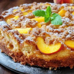 To make a delicious Peach Streusel Coffee Cake, you will need the following ingredients: - 2 cups all-purpose flour - 1 cup granulated sugar - ½ cup unsalted butter, softened - 3 large eggs - 1 cup Greek yogurt - 2 teaspoons baking powder - ½ teaspoon baking soda - ¼ teaspoon salt - 2 cups ripe peaches, diced - 1 teaspoon vanilla extract For the streusel topping, gather these ingredients: - ½ cup brown sugar - ⅓ cup all-purpose flour - ¼ cup oats - ¼ cup unsalted butter, melted - 1 teaspoon cinnamon These simple ingredients combine to create a cake that is both moist and flavorful. The peaches add a sweet, juicy touch, while the streusel topping gives it that crunchy, buttery finish. You can find the full recipe to create this delightful treat later in the article. Each ingredient plays a key role in the taste and texture of the cake, making it a perfect companion for your morning coffee. - Set your oven to 350°F (175°C) - Prepare the baking pan Start by preheating your oven. This step gets your cake cooking evenly. I suggest using a 9x13 inch pan. You can grease it with butter or line it with parchment paper. This makes it easy to lift the cake out later. - Cream butter and sugar - Add eggs and yogurt In a large bowl, cream the softened butter and sugar. Use a mixer to combine them well. This should take about three to four minutes. You want it light and fluffy. Next, add the eggs, one at a time. Make sure each egg is mixed in before adding the next. Then, stir in the Greek yogurt and vanilla extract until smooth. This gives your cake a rich flavor. - Mix flour, baking powder, baking soda, and salt - Incorporate dry ingredients into wet In a separate bowl, mix the flour, baking powder, baking soda, and salt. This helps to avoid lumps. Slowly add the dry mix to the wet ingredients. Mix gently until just combined. Be careful not to overmix; this keeps your cake light. - Add diced peaches carefully Now it's time for the peaches! Gently fold in the diced peaches. Try to keep them whole to add nice chunks to your cake. This step brings a burst of flavor to every bite. - Mix brown sugar, flour, oats, melted butter, and cinnamon In another bowl, combine brown sugar, flour, oats, melted butter, and cinnamon. Mix until you have a crumbly texture. This streusel topping adds a sweet crunch to the cake. - Pour batter into the baking pan - Sprinkle streusel topping and bake Pour the batter into your prepared pan. Spread it evenly. Then, sprinkle the streusel topping across the top. Bake in your preheated oven for 40-45 minutes. Check for doneness by inserting a toothpick into the center. It should come out clean. For the full recipe, please refer to the section above. - Always check for doneness with a toothpick. Insert it in the center. If it comes out clean, your cake is ready. - Every oven is different. You may need to adjust the baking time. Start checking a few minutes early. - A light dusting of powdered sugar adds charm. It makes your cake look special. - Fresh peach slices on top make it colorful and fresh. They also enhance the flavor. - This coffee cake pairs perfectly with coffee or tea. The flavors complement each other well. - You can serve it warm or at room temperature. Both ways are delicious. Enjoy it fresh for the best taste. For the full recipe, check out [Full Recipe]. {{image_4}} You can switch up the fruit in this cake. Instead of peaches, try blueberries, apples, or even cherries. Each fruit will give the cake a new taste. Blueberries add a burst of sweetness. Apples bring a nice crunch. Cherries add a rich flavor. Feel free to mix and match fruits to find your favorite combo. If you need a gluten-free cake, you can easily make this switch. Use a gluten-free flour blend in place of all-purpose flour. Make sure the blend has a good mix of starches and proteins. This will keep the cake moist and tasty. Always check that other ingredients, like baking powder, are also gluten-free. To make this cake vegan, you can replace the eggs and yogurt. Use flax eggs instead of regular eggs. To make a flax egg, mix one tablespoon of ground flaxseed with three tablespoons of water. Let it sit for five minutes. For yogurt, use a plant-based yogurt like almond or coconut. These small changes keep the cake delicious and fluffy. For the full recipe and more details, check out the [Full Recipe]. You can enjoy this cake in many ways! Cool your Peach Streusel Coffee Cake completely before storing. This step helps keep the cake fresh. Place the cooled cake in an airtight container. This keeps moisture and prevents drying out. If you don't have a container, wrap it tightly in plastic wrap. If you want to save some for later, wrap slices tightly for freezing. Use plastic wrap or foil to keep air out. Label the package with the date. When you want a slice, just thaw it before serving. Leave it at room temperature for a few hours. This cake is best consumed within 3-5 days at room temperature. After that, the taste may fade. If it lasts longer, check for any signs of spoilage. Enjoy it fresh for the best taste and texture. For the full recipe, check back to create this delightful treat! Yes, but ensure they are well-drained. Canned peaches can add moisture. Just check for any extra syrup. Too much liquid may make the cake soggy. Insert a toothpick; it should come out clean. If it has wet batter, bake a bit longer. This simple test helps you get a perfect cake every time. Yes, it can be made a day ahead and stored properly. Wrap it tightly in plastic wrap. This keeps the cake fresh and ready to serve. Warm with a dusting of powdered sugar or as is. I love serving it warm; it enhances the flavors. You can also pair it with coffee or tea. Absolutely, it’s easy to transport and serve! Just cut it into squares. Everyone will love the sweet peach and crunchy topping. You now have a simple and tasty peach coffee cake recipe. We covered the ingredients, step-by-step instructions, and tips for baking and serving. You learned how to store it, variations to try, and answered some FAQs. This cake is perfect for sharing or enjoying at home. I hope you feel inspired to bake and share this delightful treat!
