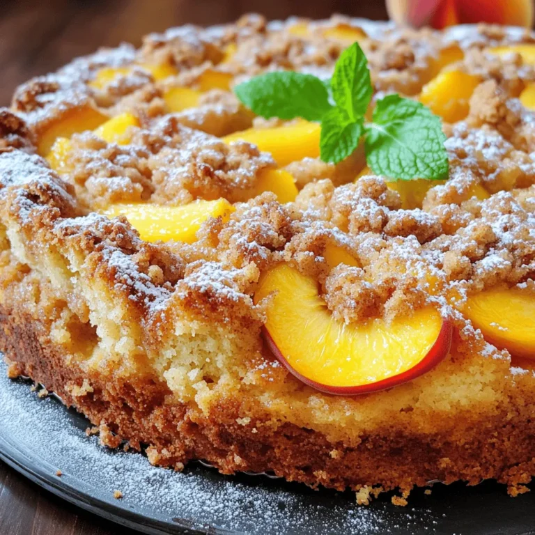 To make a delicious Peach Streusel Coffee Cake, you will need the following ingredients: - 2 cups all-purpose flour - 1 cup granulated sugar - ½ cup unsalted butter, softened - 3 large eggs - 1 cup Greek yogurt - 2 teaspoons baking powder - ½ teaspoon baking soda - ¼ teaspoon salt - 2 cups ripe peaches, diced - 1 teaspoon vanilla extract For the streusel topping, gather these ingredients: - ½ cup brown sugar - ⅓ cup all-purpose flour - ¼ cup oats - ¼ cup unsalted butter, melted - 1 teaspoon cinnamon These simple ingredients combine to create a cake that is both moist and flavorful. The peaches add a sweet, juicy touch, while the streusel topping gives it that crunchy, buttery finish. You can find the full recipe to create this delightful treat later in the article. Each ingredient plays a key role in the taste and texture of the cake, making it a perfect companion for your morning coffee. - Set your oven to 350°F (175°C) - Prepare the baking pan Start by preheating your oven. This step gets your cake cooking evenly. I suggest using a 9x13 inch pan. You can grease it with butter or line it with parchment paper. This makes it easy to lift the cake out later. - Cream butter and sugar - Add eggs and yogurt In a large bowl, cream the softened butter and sugar. Use a mixer to combine them well. This should take about three to four minutes. You want it light and fluffy. Next, add the eggs, one at a time. Make sure each egg is mixed in before adding the next. Then, stir in the Greek yogurt and vanilla extract until smooth. This gives your cake a rich flavor. - Mix flour, baking powder, baking soda, and salt - Incorporate dry ingredients into wet In a separate bowl, mix the flour, baking powder, baking soda, and salt. This helps to avoid lumps. Slowly add the dry mix to the wet ingredients. Mix gently until just combined. Be careful not to overmix; this keeps your cake light. - Add diced peaches carefully Now it's time for the peaches! Gently fold in the diced peaches. Try to keep them whole to add nice chunks to your cake. This step brings a burst of flavor to every bite. - Mix brown sugar, flour, oats, melted butter, and cinnamon In another bowl, combine brown sugar, flour, oats, melted butter, and cinnamon. Mix until you have a crumbly texture. This streusel topping adds a sweet crunch to the cake. - Pour batter into the baking pan - Sprinkle streusel topping and bake Pour the batter into your prepared pan. Spread it evenly. Then, sprinkle the streusel topping across the top. Bake in your preheated oven for 40-45 minutes. Check for doneness by inserting a toothpick into the center. It should come out clean. For the full recipe, please refer to the section above. - Always check for doneness with a toothpick. Insert it in the center. If it comes out clean, your cake is ready. - Every oven is different. You may need to adjust the baking time. Start checking a few minutes early. - A light dusting of powdered sugar adds charm. It makes your cake look special. - Fresh peach slices on top make it colorful and fresh. They also enhance the flavor. - This coffee cake pairs perfectly with coffee or tea. The flavors complement each other well. - You can serve it warm or at room temperature. Both ways are delicious. Enjoy it fresh for the best taste. For the full recipe, check out [Full Recipe]. {{image_4}} You can switch up the fruit in this cake. Instead of peaches, try blueberries, apples, or even cherries. Each fruit will give the cake a new taste. Blueberries add a burst of sweetness. Apples bring a nice crunch. Cherries add a rich flavor. Feel free to mix and match fruits to find your favorite combo. If you need a gluten-free cake, you can easily make this switch. Use a gluten-free flour blend in place of all-purpose flour. Make sure the blend has a good mix of starches and proteins. This will keep the cake moist and tasty. Always check that other ingredients, like baking powder, are also gluten-free. To make this cake vegan, you can replace the eggs and yogurt. Use flax eggs instead of regular eggs. To make a flax egg, mix one tablespoon of ground flaxseed with three tablespoons of water. Let it sit for five minutes. For yogurt, use a plant-based yogurt like almond or coconut. These small changes keep the cake delicious and fluffy. For the full recipe and more details, check out the [Full Recipe]. You can enjoy this cake in many ways! Cool your Peach Streusel Coffee Cake completely before storing. This step helps keep the cake fresh. Place the cooled cake in an airtight container. This keeps moisture and prevents drying out. If you don't have a container, wrap it tightly in plastic wrap. If you want to save some for later, wrap slices tightly for freezing. Use plastic wrap or foil to keep air out. Label the package with the date. When you want a slice, just thaw it before serving. Leave it at room temperature for a few hours. This cake is best consumed within 3-5 days at room temperature. After that, the taste may fade. If it lasts longer, check for any signs of spoilage. Enjoy it fresh for the best taste and texture. For the full recipe, check back to create this delightful treat! Yes, but ensure they are well-drained. Canned peaches can add moisture. Just check for any extra syrup. Too much liquid may make the cake soggy. Insert a toothpick; it should come out clean. If it has wet batter, bake a bit longer. This simple test helps you get a perfect cake every time. Yes, it can be made a day ahead and stored properly. Wrap it tightly in plastic wrap. This keeps the cake fresh and ready to serve. Warm with a dusting of powdered sugar or as is. I love serving it warm; it enhances the flavors. You can also pair it with coffee or tea. Absolutely, it’s easy to transport and serve! Just cut it into squares. Everyone will love the sweet peach and crunchy topping. You now have a simple and tasty peach coffee cake recipe. We covered the ingredients, step-by-step instructions, and tips for baking and serving. You learned how to store it, variations to try, and answered some FAQs. This cake is perfect for sharing or enjoying at home. I hope you feel inspired to bake and share this delightful treat!