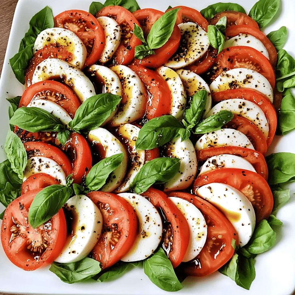 For a classic Caprese salad, you need three main fresh ingredients: - Ripe tomatoes - Fresh mozzarella cheese - Fresh basil leaves Ripe tomatoes are best for this dish. They should be juicy and flavorful. Choose tomatoes that are firm yet slightly soft to the touch. Fresh mozzarella cheese adds creaminess and a mild taste. Look for mozzarella that is soft and moist. Fresh basil leaves bring a bright flavor and aroma. They should be vibrant green and not wilted. To enhance the salad, use these additional seasonings: - Extra-virgin olive oil - Balsamic glaze - Salt and pepper Extra-virgin olive oil adds richness. It also helps blend the flavors. Balsamic glaze gives a sweet and tangy kick. Use a good quality glaze for the best taste. Salt and pepper are key for balance. A sprinkle of each brings out the natural flavors of the ingredients. You can add these optional ingredients for a twist: - Avocado - Pesto - Cucumber Avocado brings creaminess and healthy fats. Pesto adds a herby depth and extra flavor. Cucumber adds a refreshing crunch. Feel free to mix and match these options based on your taste. For the full recipe, check out the section above. To make a classic Caprese salad, you need to start with a large, flat platter. Arrange the sliced tomatoes in a circle. Each slice should sit close but not touch. Next, add the sliced mozzarella cheese on top of the tomatoes. Alternate the slices slightly for a nice look. Now, it’s time to add the fresh basil leaves. Tuck them between the layers of tomatoes and mozzarella. This step adds great aroma and flavor. Once you have your layers ready, it’s time for the olive oil. Take three tablespoons of extra-virgin olive oil and drizzle it evenly over the entire salad. This enhances all the flavors. Next, swirl two tablespoons of balsamic glaze on top. This gives a sweet and tangy touch. Finally, sprinkle salt and freshly cracked black pepper over the salad. This is key to bringing out the best taste. For the best serving experience, let the salad sit for about five minutes. This allows the flavors to blend. Serve the Caprese on a large white platter. The colors pop against the white background. For a nice touch, add a few whole basil leaves on top. If you want to pair this salad, consider serving it with crusty bread or a light white wine. This can enhance the meal and make it even more enjoyable. For the full recipe, check out the details above. Choosing ripe tomatoes Pick tomatoes that are bright and firm. They should feel heavy for their size. Look for tomatoes with smooth skin and a rich color. A good tomato will smell sweet and earthy. Avoid any with bruises or dark spots. Ripe tomatoes make the salad shine. Picking mozzarella quality Always choose fresh mozzarella. Look for cheese packed in water or whey. It should feel soft and creamy. Avoid pre-shredded cheese; it lacks flavor. Fresh mozzarella brings a wonderful texture. It melts in your mouth and pairs perfectly with tomatoes. Platter suggestions Use a large, white platter for serving. The white color makes the salad pop. Arrange the tomatoes and cheese in a circle. This creates a beautiful display. You can also stack them in layers for a fun look. Make sure to leave space for basil. Garnishing techniques Garnish with whole basil leaves on top. This adds color and fragrance. Drizzle a little extra olive oil around the edges. It gives a nice shine to the dish. You can also sprinkle some salt on the top for a finishing touch. Additional herbs Basil is classic, but you can try others too. Fresh oregano can add a new twist. Chopped parsley gives a fresh taste. Experiment with flavors to keep it interesting. Just remember to balance them well. Infused olive oils Consider using flavored olive oils. Garlic or chili-infused oils can add depth. These oils enhance the dish without overpowering it. They also provide a unique twist to your classic Caprese salad. {{image_4}} Caprese salad is simple but so fun to change up. Here are some classic and seasonal ideas to try. Caprese Salad with Avocado Adding creamy avocado makes the salad richer. Slice ripe avocado and layer it with the tomato and mozzarella. The buttery taste pairs well with fresh basil and olive oil. Caprese Salad with Balsamic Reduction Drizzling balsamic reduction adds sweetness. To make this, simmer balsamic vinegar until it thickens. Then, drizzle it over the salad for a tangy twist. Summer Caprese with Peaches In summer, swap tomatoes for juicy peaches. The sweet flavor of peaches brightens the dish. Layer peach slices with mozzarella and basil for a fresh taste. Winter Caprese with Roasted Veggies For winter, use roasted veggies like bell peppers or zucchini. Roasting brings out their sweetness. Combine with mozzarella and fresh herbs for a cozy salad. Vegan mozzarella options If you want a dairy-free version, use vegan mozzarella. There are many brands that melt well. They keep the same creamy texture. Low-sodium seasonings For a healthier choice, use low-sodium salt or herbs. This way, you can enjoy the flavors without too much salt. By exploring these variations, you can enjoy the classic Caprese salad in new and exciting ways! Try the Full Recipe for the basic version, and then let your creativity shine! To keep your Caprese salad fresh, store it in the fridge. Use an airtight container. This helps maintain the flavors and textures. - Place leftovers in a container. - Cover it tightly to avoid air exposure. - Consume within two days for best taste. If you have leftover ingredients, store them separately. This way, the tomatoes and mozzarella stay fresh longer. Freezing Caprese salad isn't ideal. The tomatoes and mozzarella can become mushy. However, you can prep some ingredients for later use. - Slice and freeze tomatoes for sauces. - Mozzarella can be shredded and frozen. - Basil can be blended with oil and frozen in ice cube trays. This allows you to enjoy some flavors later. Just remember to use them in cooked dishes for best results. Fresh ingredients have different shelf lives. Here’s a quick guide: - Tomatoes: Last about 5 to 7 days at room temp, up to 2 weeks in the fridge. - Mozzarella: Keep it sealed; lasts about 5 days after opening. - Basil: Fresh leaves usually last about 1 week in the fridge. Watch for signs of spoilage. Tomatoes may become mushy or wrinkled. Mozzarella might smell sour or become slimy. Basil turns dark and wilts. For the full recipe, check back on our detailed steps to enjoy this vibrant dish! Caprese Salad comes from Italy. It hails from the island of Capri. This salad is simple yet full of flavor. It showcases fresh ingredients like tomatoes, mozzarella, and basil. The colors of the salad mirror the Italian flag. This dish has roots dating back to the early 20th century. Locals made it to celebrate summer's bounty. It quickly gained fame and is now loved worldwide. Yes, you can prepare Caprese Salad ahead of time. This makes it a great choice for gatherings. To do this, slice the tomatoes and mozzarella in advance. Keep them in separate containers to stay fresh. Add the basil leaves just before serving. If you want to make a dress, mix olive oil and balsamic glaze. Drizzle this on right before serving. This helps keep the salad looking vibrant and delicious. When it comes to mozzarella, freshness is key. Look for mozzarella labeled as "fresh" or "di bufala." This type is made from water buffalo milk and is creamier. The cheese should feel soft and moist. It should have a mild, milky flavor. Avoid mozzarella that is overly dry or rubbery. You want a cheese that will melt in your mouth when you take a bite. This enhances the experience of your Caprese Salad. For the full recipe, check out the previous sections. This blog post walks through making a delicious Caprese salad. You learned about fresh ingredients like ripe tomatoes and basil. We explored step-by-step instructions for assembling and serving the salad. Tips on selecting the best ingredients and enhancing flavors were shared too. In the end, enjoy the process of creating your Caprese salad. Feel free to try variations and make it your own. Fresh ingredients and simple steps lead to great taste every time. Enjoy and share your salad with loved ones!