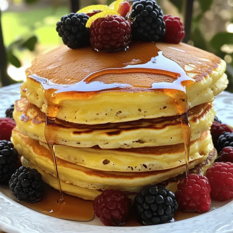 When making lemon ricotta pancakes, you need to gather a few key ingredients. Each one plays a part in making your pancakes fluffy and flavorful. Here’s the detailed list of ingredients you will use: - 1 cup ricotta cheese - 1 cup all-purpose flour - 1 tablespoon baking powder - 1/4 teaspoon salt - 1/4 cup granulated sugar - Zest of 1 lemon (approximately 1 tablespoon) - 1/2 cup milk (any variety) - 2 large eggs - 2 tablespoons fresh lemon juice - 1 teaspoon pure vanilla extract - Butter or cooking spray for frying - Fresh berries (such as blueberries or strawberries) and maple syrup for serving (optional) Each ingredient adds a unique flavor or texture. Ricotta gives the pancakes a rich creaminess. The flour forms the base and helps with structure. Baking powder makes them rise, while salt balances the sweetness. Granulated sugar adds a touch of sweetness and enhances the lemon flavor. Lemon zest is vital for that bright citrus kick. Fresh lemon juice brings tartness, and vanilla adds a lovely aroma. Milk keeps the batter moist, and butter or spray helps with cooking. Finally, fresh berries and syrup create a delicious topping to enjoy. For the full recipe, check out the Full Recipe section. In a large bowl, start by whisking together the ricotta cheese, milk, eggs, lemon juice, and vanilla extract. Mix until the texture is smooth and creamy. The ricotta adds a rich flavor and makes the pancakes fluffy. This step is key to a great start. In a separate bowl, sift together the all-purpose flour, baking powder, salt, granulated sugar, and lemon zest. Sifting removes lumps and helps the dry mix combine well. This step ensures your pancakes rise nicely. Now, take the dry mixture and gently fold it into the wet mixture. Use a spatula to combine them carefully. You want to mix until just combined. Don’t worry if a few lumps remain; they help keep the pancakes fluffy. Overmixing can make them tough. Preheat a non-stick skillet over medium heat. Lightly grease it with butter or cooking spray. For each pancake, pour about 1/4 cup of batter onto the skillet. Cook for 2-3 minutes. Watch for small bubbles on the surface. When they form, the edges will look set. Flip the pancakes and cook for another 2-3 minutes until golden brown. Repeat until all the batter is used. Serve the pancakes warm, topped with fresh berries and a drizzle of maple syrup. For a nice touch, stack the pancakes high on a plate. Sprinkle with powdered sugar and add fresh lemon wedges for color and flavor. Enjoy this delightful breakfast that’s both fluffy and flavorful! For the full recipe, check the details above. To make your pancakes fluffy, do not overmix the batter. If you stir too much, the pancakes can turn dense. When you mix the wet and dry ingredients, just fold until combined. It’s okay if some lumps remain. This keeps air in the batter and helps the pancakes rise. Setting the right heat on your skillet is key. Medium heat works best for cooking these pancakes. If the heat is too high, the outside will burn before the inside cooks. If it’s too low, the pancakes won’t brown nicely. You want a golden color on both sides. You can add spices or extracts for extra flavor. A pinch of cinnamon or a splash of almond extract can change the taste. You might try adding a bit of nutmeg for warmth. These small tweaks can make your pancakes even more delightful. For the full recipe, check the recipe section. {{image_4}} You can spice up your lemon ricotta pancakes in fun ways. One idea is to add chocolate chips. Just fold in a handful of mini chocolate chips into the batter. They melt slightly, making each bite a sweet surprise. Another option is to infuse your pancakes with herbs. Try adding finely chopped fresh basil. It gives a unique twist that pairs well with the lemon. You can also use mint for a refreshing taste. These flavors can elevate your breakfast and impress your guests. If you need gluten-free options, you can use alternative flours. Almond flour or oat flour works well in this recipe. Just swap the all-purpose flour with an equal amount of your chosen flour. This keeps the pancakes delicious and fluffy. For vegan adaptations, replace the eggs with flaxseed meal. Mix one tablespoon of flaxseed meal with three tablespoons of water. Let it sit for a few minutes to thicken. Use plant-based milk instead of regular milk. This way, everyone can enjoy these tasty pancakes. Explore the [Full Recipe] for all the details you need to make these variations! You can keep your lemon ricotta pancakes in the fridge for up to three days. Store them in an airtight container. This will help keep them fresh and moist. To prevent sticking, place parchment paper between layers if you stack them. For long-term storage, freeze your pancakes. Lay them flat on a baking sheet first. Once frozen, stack them in a freezer-safe bag or container. They will stay good for about two months. Label the bag with the date to keep track. When it's time to enjoy your pancakes again, reheating is simple. You can use the microwave, skillet, or oven. - Microwave: Heat for 20-30 seconds. Check if they are warm enough. - Skillet: Place on low heat for about 1-2 minutes per side. - Oven: Preheat to 350°F (175°C) and warm for 10 minutes. These methods will help keep your pancakes fluffy and tasty! To make Lemon Ricotta Pancakes from scratch, follow a simple process. Start by mixing the wet ingredients. In a large bowl, whisk together ricotta cheese, milk, eggs, lemon juice, and vanilla extract. This creates a smooth base. Next, sift together the dry ingredients in another bowl. Combine flour, baking powder, salt, sugar, and lemon zest. Gradually fold the dry mix into the wet mix. Be careful not to overmix; some lumps are okay. Preheat a skillet and grease it lightly. Pour 1/4 cup of batter for each pancake. Cook until bubbles form, then flip and cook until golden brown. This method ensures fluffy and flavorful pancakes. You can find the full recipe for detailed steps. Yes, you can use low-fat ricotta cheese in this recipe. Substituting low-fat ricotta can slightly change the texture. The pancakes may be less creamy but still tasty. They will remain fluffy and light. If you want a richer flavor, stick with full-fat ricotta. Experimenting with different types of ricotta can be fun. Just remember, the key is to find a balance between flavor and texture. To check if pancakes are done, look for a few signs. First, watch for small bubbles forming on the surface. This shows that the batter is cooking. Next, check the edges; they should look set and slightly dry. When you flip the pancake, it should be golden brown. Cook the other side until it looks similar. If you use a toothpick, it should come out clean when inserted into the middle. These tips help ensure perfectly cooked pancakes every time. You’ve learned how to make fluffy lemon ricotta pancakes. We covered the key ingredients and step-by-step instructions. I shared tips to achieve great texture and flavor. You can also make fun variations and store leftovers. Try these pancakes for breakfast or brunch. They’re tasty and easy to make. Cooking can be fun, so enjoy this recipe. Happy cooking!