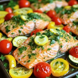 - 4 salmon fillets (approximately 6 ounces each) - 2 tablespoons extra-virgin olive oil - 2 tablespoons freshly squeezed lemon juice - 1 teaspoon lemon zest (finely grated) - 3 cloves fresh garlic, minced - 1 teaspoon dried oregano - 1 teaspoon dried thyme - Salt and freshly ground black pepper, to taste - 1 cup cherry tomatoes, halved - 1 medium zucchini, sliced into half-moons - 1 yellow bell pepper, sliced into thin strips In this dish, salmon shines as the star. You can find it fresh at your local market. It cooks quickly and stays moist. Pair it with colorful vegetables like cherry tomatoes, zucchini, and yellow bell pepper. They bring bright flavors and nutrition. For seasoning, we use simple yet tasty ingredients. Olive oil adds richness. Lemon juice and zest brighten the dish. Garlic, oregano, and thyme bring depth. Salt and pepper enhance the flavors. - Fresh parsley - Lemon slices These garnishes add a pop of color. Fresh parsley gives a nice touch. Lemon slices add flair and can boost flavor. You can sprinkle parsley over the dish just before serving. It makes the meal look fresh and inviting. For the full recipe, check out the complete guide on preparing One Pan Lemon Herb Salmon! 1. Preheat the oven: Start by preheating your oven to 400°F (200°C). This heat is key for even cooking. 2. Prepare the lemon herb seasoning: In a small bowl, mix 2 tablespoons of extra-virgin olive oil, 2 tablespoons of freshly squeezed lemon juice, and 1 teaspoon of lemon zest. Add 3 minced garlic cloves, 1 teaspoon of dried oregano, and 1 teaspoon of dried thyme. Toss in a pinch of salt and pepper to taste. Whisk until it blends well. Set this mix aside. 1. Arrange ingredients on the baking sheet: Grab a large rimmed baking sheet. Place 4 salmon fillets in the center. Surround them with 1 cup of halved cherry tomatoes, 1 medium sliced zucchini, and 1 sliced yellow bell pepper. Spread everything out evenly. 2. Add the lemon herb mixture: Drizzle your prepared lemon herb sauce over the salmon and veggies. Make sure all pieces get coated for great flavor. 3. Bake in the oven: Place the baking sheet in your preheated oven. Bake for 15 to 20 minutes. The salmon should flake easily with a fork, and the veggies should be tender. 1. Garnish and serve: After baking, take the sheet out of the oven and let it rest for a couple of minutes. This helps the flavors meld. 2. Serve: Just before serving, sprinkle chopped fresh parsley over the salmon and vegetables. This adds brightness and color to your dish. You can follow the Full Recipe for more detailed steps and tips. Enjoy your meal! - Checking for doneness To know when your salmon is done, use a fork. Gently poke the salmon. If it flakes easily, it is ready. Look for a light pink color. Undercooked salmon is safe but can taste better when fully cooked. - Adjusting seasoning to taste Taste the lemon herb sauce before adding it to the salmon. If it needs more salt or pepper, add some. You can also add extra lemon juice for more zing. Always season to your liking for the best flavor. - Serving directly from the baking sheet One great way to serve this dish is right from the baking sheet. This gives a homey and casual feel. Just make sure to use a nice baking sheet for a good look. - Plating creatively For a fancier look, use a large platter. Arrange the salmon and veggies nicely. Drizzle the juices from the baking sheet on top. Add a sprinkle of fresh parsley for color. This little touch can wow your guests! For the full recipe, check out the One Pan Lemon Herb Salmon. {{image_4}} You can easily swap the salmon for other fish like trout or cod. Both fish have nice flavors and cook well in the oven. If you want a fun twist, try using a firm white fish. You can also change up the veggies. Instead of cherry tomatoes, zucchini, and yellow bell pepper, try asparagus, broccoli, or bell peppers of different colors. Each option brings a new taste to the dish. To boost the taste, add some spices like paprika or cumin. Paprika adds a sweet kick, while cumin gives a warm, earthy flavor. Sprinkle them on the fish and veggies before baking. Fresh herbs can also add a bright touch. Try adding basil or dill for a fragrant twist. Just chop them and sprinkle on top before serving. These changes will make the dish even more exciting. For the full recipe, check out the One Pan Lemon Herb Salmon section. To keep your One Pan Lemon Herb Salmon fresh, follow these tips. First, let it cool to room temperature. This step helps prevent condensation in your storage container. Next, place the salmon and veggies in an airtight container. You can put a layer of parchment paper between layers to keep it nice. Store the container in the fridge for up to three days. If you want to keep it longer, freeze the leftovers. Just wrap them tightly in plastic wrap and then foil. This way, it can last for up to three months. When it's time to enjoy your leftovers, reheating properly is key. Avoid the microwave if you can, as it tends to dry out salmon. Instead, preheat your oven to 350°F (175°C). Place the salmon and veggies on a baking sheet. Cover them loosely with foil to keep moisture in. Heat for about 10 to 15 minutes or until warmed through. You can also add a splash of lemon juice before reheating for added flavor. Enjoy your meal as if it were freshly made! To check if your salmon is cooked, look for these signs: - The salmon should change from translucent to opaque. - It will flake easily with a fork. - The internal temperature should reach 145°F (63°C). Perfectly cooked salmon feels firm to the touch but is still moist. If it looks dry or overly flaky, it may be overcooked. Yes, you can use frozen salmon. Here are some tips: - Thaw salmon in the fridge overnight for best results. - If you're in a hurry, place the sealed salmon in cold water for quick thawing. - Cook the salmon straight from frozen, but adjust the cooking time. Frozen salmon may need a few extra minutes in the oven. Always check for doneness. Pair your One Pan Lemon Herb Salmon with these great sides: - Steamed green beans for a fresh crunch. - Quinoa or rice for a hearty base. - A simple green salad for lightness. - Roasted asparagus for added flavor. These sides will enhance your meal and bring balance to the dish. You’ll have a colorful and satisfying plate! In this article, I covered how to make One Pan Lemon Herb Salmon. We discussed the key ingredients, including salmon, fresh vegetables, and seasoning. I provided step-by-step instructions for preparing and cooking the dish, along with tips for great results. You can add your own twists with different fish or veggies. Remember to store leftovers properly and consider easy reheating methods. Enjoy creating this tasty meal that fits any occasion!