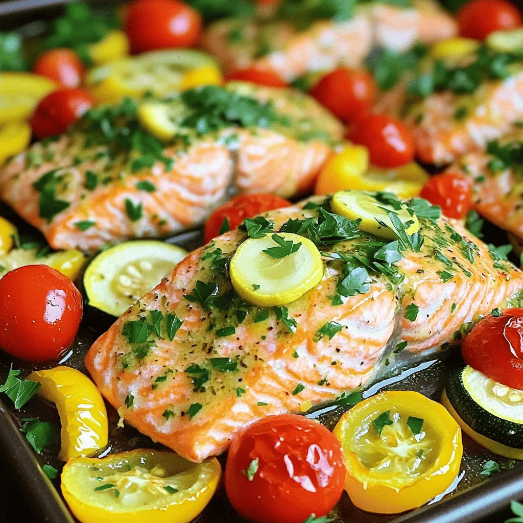 - 4 salmon fillets (approximately 6 ounces each) - 2 tablespoons extra-virgin olive oil - 2 tablespoons freshly squeezed lemon juice - 1 teaspoon lemon zest (finely grated) - 3 cloves fresh garlic, minced - 1 teaspoon dried oregano - 1 teaspoon dried thyme - Salt and freshly ground black pepper, to taste - 1 cup cherry tomatoes, halved - 1 medium zucchini, sliced into half-moons - 1 yellow bell pepper, sliced into thin strips In this dish, salmon shines as the star. You can find it fresh at your local market. It cooks quickly and stays moist. Pair it with colorful vegetables like cherry tomatoes, zucchini, and yellow bell pepper. They bring bright flavors and nutrition. For seasoning, we use simple yet tasty ingredients. Olive oil adds richness. Lemon juice and zest brighten the dish. Garlic, oregano, and thyme bring depth. Salt and pepper enhance the flavors. - Fresh parsley - Lemon slices These garnishes add a pop of color. Fresh parsley gives a nice touch. Lemon slices add flair and can boost flavor. You can sprinkle parsley over the dish just before serving. It makes the meal look fresh and inviting. For the full recipe, check out the complete guide on preparing One Pan Lemon Herb Salmon! 1. Preheat the oven: Start by preheating your oven to 400°F (200°C). This heat is key for even cooking. 2. Prepare the lemon herb seasoning: In a small bowl, mix 2 tablespoons of extra-virgin olive oil, 2 tablespoons of freshly squeezed lemon juice, and 1 teaspoon of lemon zest. Add 3 minced garlic cloves, 1 teaspoon of dried oregano, and 1 teaspoon of dried thyme. Toss in a pinch of salt and pepper to taste. Whisk until it blends well. Set this mix aside. 1. Arrange ingredients on the baking sheet: Grab a large rimmed baking sheet. Place 4 salmon fillets in the center. Surround them with 1 cup of halved cherry tomatoes, 1 medium sliced zucchini, and 1 sliced yellow bell pepper. Spread everything out evenly. 2. Add the lemon herb mixture: Drizzle your prepared lemon herb sauce over the salmon and veggies. Make sure all pieces get coated for great flavor. 3. Bake in the oven: Place the baking sheet in your preheated oven. Bake for 15 to 20 minutes. The salmon should flake easily with a fork, and the veggies should be tender. 1. Garnish and serve: After baking, take the sheet out of the oven and let it rest for a couple of minutes. This helps the flavors meld. 2. Serve: Just before serving, sprinkle chopped fresh parsley over the salmon and vegetables. This adds brightness and color to your dish. You can follow the Full Recipe for more detailed steps and tips. Enjoy your meal! - Checking for doneness To know when your salmon is done, use a fork. Gently poke the salmon. If it flakes easily, it is ready. Look for a light pink color. Undercooked salmon is safe but can taste better when fully cooked. - Adjusting seasoning to taste Taste the lemon herb sauce before adding it to the salmon. If it needs more salt or pepper, add some. You can also add extra lemon juice for more zing. Always season to your liking for the best flavor. - Serving directly from the baking sheet One great way to serve this dish is right from the baking sheet. This gives a homey and casual feel. Just make sure to use a nice baking sheet for a good look. - Plating creatively For a fancier look, use a large platter. Arrange the salmon and veggies nicely. Drizzle the juices from the baking sheet on top. Add a sprinkle of fresh parsley for color. This little touch can wow your guests! For the full recipe, check out the One Pan Lemon Herb Salmon. {{image_4}} You can easily swap the salmon for other fish like trout or cod. Both fish have nice flavors and cook well in the oven. If you want a fun twist, try using a firm white fish. You can also change up the veggies. Instead of cherry tomatoes, zucchini, and yellow bell pepper, try asparagus, broccoli, or bell peppers of different colors. Each option brings a new taste to the dish. To boost the taste, add some spices like paprika or cumin. Paprika adds a sweet kick, while cumin gives a warm, earthy flavor. Sprinkle them on the fish and veggies before baking. Fresh herbs can also add a bright touch. Try adding basil or dill for a fragrant twist. Just chop them and sprinkle on top before serving. These changes will make the dish even more exciting. For the full recipe, check out the One Pan Lemon Herb Salmon section. To keep your One Pan Lemon Herb Salmon fresh, follow these tips. First, let it cool to room temperature. This step helps prevent condensation in your storage container. Next, place the salmon and veggies in an airtight container. You can put a layer of parchment paper between layers to keep it nice. Store the container in the fridge for up to three days. If you want to keep it longer, freeze the leftovers. Just wrap them tightly in plastic wrap and then foil. This way, it can last for up to three months. When it's time to enjoy your leftovers, reheating properly is key. Avoid the microwave if you can, as it tends to dry out salmon. Instead, preheat your oven to 350°F (175°C). Place the salmon and veggies on a baking sheet. Cover them loosely with foil to keep moisture in. Heat for about 10 to 15 minutes or until warmed through. You can also add a splash of lemon juice before reheating for added flavor. Enjoy your meal as if it were freshly made! To check if your salmon is cooked, look for these signs: - The salmon should change from translucent to opaque. - It will flake easily with a fork. - The internal temperature should reach 145°F (63°C). Perfectly cooked salmon feels firm to the touch but is still moist. If it looks dry or overly flaky, it may be overcooked. Yes, you can use frozen salmon. Here are some tips: - Thaw salmon in the fridge overnight for best results. - If you're in a hurry, place the sealed salmon in cold water for quick thawing. - Cook the salmon straight from frozen, but adjust the cooking time. Frozen salmon may need a few extra minutes in the oven. Always check for doneness. Pair your One Pan Lemon Herb Salmon with these great sides: - Steamed green beans for a fresh crunch. - Quinoa or rice for a hearty base. - A simple green salad for lightness. - Roasted asparagus for added flavor. These sides will enhance your meal and bring balance to the dish. You’ll have a colorful and satisfying plate! In this article, I covered how to make One Pan Lemon Herb Salmon. We discussed the key ingredients, including salmon, fresh vegetables, and seasoning. I provided step-by-step instructions for preparing and cooking the dish, along with tips for great results. You can add your own twists with different fish or veggies. Remember to store leftovers properly and consider easy reheating methods. Enjoy creating this tasty meal that fits any occasion!