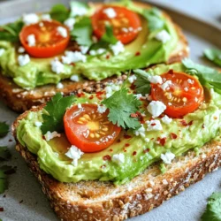 - 2 ripe avocados - 4 slices of whole grain or sourdough bread - 1 tablespoon fresh lemon juice - 1 small clove of garlic, finely minced - 1/4 teaspoon red pepper flakes - Sea salt and freshly ground black pepper, to taste - Fresh cilantro or basil leaves, for garnish - Cherry tomatoes, halved (optional) - Creamy feta cheese, crumbled (optional) When making smashed avocado toast, you need fresh and ripe avocados. They should feel slightly soft when you press them gently. Whole grain or sourdough bread adds great flavor and texture. You can use any kind of bread you like, but these are my favorites. Fresh lemon juice brightens the taste. It also keeps the avocado from turning brown. Minced garlic adds a nice kick. Use just a small clove to avoid strong flavors. Red pepper flakes give the toast a spicy touch. Adjust the amount to your liking. Sea salt and black pepper enhance all the flavors in the dish. For garnish, you can choose fresh cilantro or basil. Both add color and fresh taste. Halved cherry tomatoes and crumbled feta cheese are great optional toppings. They make the dish more colorful and tasty. This recipe is so simple yet delightful. Check out the Full Recipe to dive deeper into this fun dish! - Toasting the bread: Start by toasting your bread. I recommend using whole grain or sourdough. Use a toaster or a skillet. Toast until golden and crisp. This usually takes about 3-5 minutes. - Ensuring perfect crispness: Flip the bread if using a skillet. Check for an even toast. You want that satisfying crunch when you bite in. - Cutting and scooping out the avocado: While the bread toasts, grab your avocados. Cut them in half and remove the pit. Use a spoon to scoop the creamy green flesh into a bowl. - Mashing techniques for desired texture: Take a fork and start mashing. For a chunky texture, mash gently. If you want it smooth, keep mashing until you reach that velvety feel. - Mixing in lemon juice and seasonings: Add fresh lemon juice to the mashed avocado. Toss in minced garlic, red pepper flakes, sea salt, and black pepper. Mix well to blend the flavors. - Spreading avocado on toast and adding toppings: Once the bread is perfectly toasted, spread a thick layer of avocado on each slice. Make sure to cover the corners. If you like, top it with cherry tomatoes and crumbled feta cheese. Finish with fresh cilantro or basil for a pop of color and taste. For more details, check the Full Recipe. To get that perfect creamy avocado, start with ripe avocados. Look for ones that yield slightly when you press them. If they feel hard, give them a few days to ripen. When mashing, use a fork for a rustic look or a potato masher for a smoother texture. Remember, less is more if you want chunks. Plating makes a big difference. Arrange the toast on a rustic board or a colorful plate. A drizzle of olive oil adds shine and taste. Use lemon wedges on the side for a pop of color and freshness. Try different toppings like sliced radishes, poached eggs, or even smoked salmon. A sprinkle of sesame seeds can also add a nice crunch. Avocados are rich in healthy fats. They provide fiber and vitamins that boost your health. Eating avocados can help lower bad cholesterol. Whole grain bread is better than white bread. It has more fiber and nutrients. Whole grains can help keep you full longer, making it a smart choice. For the full recipe, check out the Smashed Avocado Toast Delight. {{image_4}} Smashed avocado toast is simple, but you can make it special with toppings. Here are some ideas: - Fried Egg: Add a sunny-side-up or poached egg for protein. - Smoked Salmon: This gives a nice, rich flavor. - Radishes: Thinly sliced radishes add crunch and spice. - Pickled Onions: These add tang and color. - Hummus: Spread a layer of hummus before the avocado for extra creaminess. Different regions have unique toppings. In Mexico, try adding crumbled queso fresco and fresh lime. In Japan, a sprinkle of furikake can add an umami twist. You don’t have to stick to just one type of bread. Here are some fun alternatives: - Gluten-Free Bread: Great for those with dietary needs. - Rye Bread: Offers a hearty flavor. - Pita Bread: Cut in half for a fun twist. - Bagels: Perfect for a filling breakfast. Each bread type changes the toast's taste and texture. Experiment to find your favorite! Smashed avocado toast is not just for breakfast. Here are some ideas for other meals: - Lunch: Serve it with a side salad for a full meal. - Snack: Top with cheese and serve with apple slices. - Appetizer: Cut into small pieces for a party platter. You can also pair smashed avocado toast with soup. The creamy avocado complements a hot, hearty bowl nicely. Try these variations to keep your smashed avocado toast fun and exciting. For the full recipe, check the previous section! To keep avocados fresh, store them in a cool place. If they are ripe, put them in the fridge. This slows down ripening. If you have unripe avocados, leave them on the counter. Check them daily until they feel soft. To store a prepared avocado mixture, place it in an airtight container. Add a bit of lemon juice on top. This helps prevent browning. Cover the container tightly to keep air out. Use it within a day or two for the best taste. If you have leftover toast, eat it as soon as you can. The bread will get soggy if you wait too long. If you must save it, keep the avocado separate. Store the toast in a paper towel to absorb moisture. To reheat, pop the toast in a toaster. This keeps it crisp. You can also use an oven at 350°F for a few minutes. Avoid microwaving, as it makes the toast chewy. Enjoy your Smashed Avocado Toast Delight with fresh toppings for extra flavor! For the full recipe, check the earlier section. To make smashed avocado toast vegan, you can easily swap out some ingredients. Here are simple substitutions: - Use whole grain or sourdough bread that is labeled vegan. - Replace feta cheese with a vegan cheese or leave it out. - Make sure any spices or seasonings do not contain animal products. These small changes create a tasty vegan version without losing flavor. The best avocados for smashed avocado toast are Hass avocados. They have a creamy texture and rich flavor. Look for ripe avocados that give slightly when you press them. Other options include Fuerte and Bacon avocados, but they are less common. Always choose ripe avocados for the best taste and ease of mashing. You can store smashed avocado in an airtight container for up to two days in the fridge. To keep it fresh, add a thin layer of lemon juice on top before sealing. This helps slow down browning. If you see browning, just stir it back in. For best taste, eat your smashed avocado toast fresh. Smashed avocado toast is a simple yet delicious dish. We covered essential ingredients like avocados, whole grain bread, and seasonings. I shared step-by-step instructions to help you make the perfect toast. Tips on achieving creaminess and serving suggestions enhance your experience. Plus, I explored creative toppings and variations for every palate. Enjoy experimenting with your own mixes. This dish is versatile for meals or snacks. Keep your avocados fresh and manage leftovers easily. Embrace the health benefits and flavor of this amazing dish.