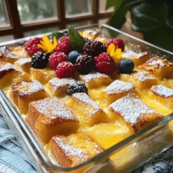 - 8 slices of day-old brioche or challah bread - 6 large eggs - 2 cups whole milk - 1/2 cup heavy cream - 1/4 cup pure maple syrup - 1 tablespoon vanilla extract - 1 teaspoon ground cinnamon - 1/4 teaspoon freshly grated nutmeg - A pinch of salt - 1/2 cup chopped pecans (optional) - Powdered sugar for dusting - Fresh berries for serving To start, I love using day-old brioche or challah bread. This type of bread has a great texture and taste. The stale bread soaks up all the yummy egg mixture. You can cut it into cubes to ensure every piece gets that tasty flavor. Next, you need six large eggs. Eggs help bind the casserole together and create a nice custard texture. Whole milk and heavy cream add richness and creaminess. The combination gives your casserole that decadent feel. For sweetness, I use pure maple syrup. It brings a warm, natural flavor. Add a tablespoon of vanilla extract for a lovely aroma. Ground cinnamon and freshly grated nutmeg give it a cozy, spiced taste. Don’t forget a pinch of salt! It enhances all the flavors. If you want a little crunch, consider adding chopped pecans. They are optional but add a nice texture. Finally, when serving, I like to dust the top with powdered sugar. It adds a sweet touch. Fresh berries make a perfect garnish. They add color and a fresh taste to the dish. For the full recipe, check out the detailed instructions to make this easy French toast casserole. 1. Preheat the oven and prepare the baking dish: Start by preheating your oven to 350°F (175°C). Grease a 9x13 inch baking dish with butter or non-stick spray. This step is key to ensure your casserole comes out easily. 2. Mix the egg and milk mixture: In a large bowl, whisk together 6 large eggs, 2 cups of whole milk, and 1/2 cup of heavy cream. Add 1/4 cup of pure maple syrup, 1 tablespoon of vanilla extract, 1 teaspoon of ground cinnamon, 1/4 teaspoon of freshly grated nutmeg, and a pinch of salt. Mix until it’s frothy and all ingredients blend well. 3. Combine the bread with the egg mixture: Cut 8 slices of day-old brioche or challah bread into cubes. Gently fold these cubes into your egg mixture. Make sure each piece is well coated. If you like, add 1/2 cup of chopped pecans for extra crunch. 4. Refrigerate for flavor absorption: Pour the mixture into the prepared baking dish. Spread it out evenly. Cover the dish with aluminum foil and refrigerate for at least 30 minutes. You can also leave it overnight for even more flavor. 5. Bake the casserole: When you're ready to bake, remove the casserole from the fridge. Place it in the preheated oven and bake it for 25 minutes covered. Then, carefully take off the foil and bake for an additional 15-20 minutes. Look for a golden brown top and a firm, custard-like center. - Timing for best results: The key is to bake the casserole until the center is set. Keep an eye on the time to avoid over-baking. - Ensuring a custard-like center: Make sure to whisk the egg mixture well so that it gets nice and fluffy. This helps create that soft custard texture you want. - Tips for even baking: Rotate the casserole halfway through baking. This helps it cook evenly and prevents one side from browning too much. Check out the Full Recipe for more details and enjoy making this tasty dish! To make your French toast casserole even better, think about spices. You can swap vanilla extract for almond extract for a nutty twist. If you want more warmth, add a dash of ginger or cardamom. For sweetness, use brown sugar instead of maple syrup. This adds a deeper flavor. When serving, top your casserole with fresh berries. Strawberries, blueberries, and raspberries bring color and taste. You can also sprinkle powdered sugar on top for a sweet touch. For drinks, serve with coffee or a creamy hot chocolate. These pair well and make breakfast feel special. You can prepare this casserole the night before. Just mix the bread and egg mixture, then let it sit in the fridge. This helps the flavors blend. If you need to reheat leftovers, do it slowly in the oven. Set the oven to 300°F and bake until warm. This keeps the texture soft and tasty. For the full recipe, check out the Decadent French Toast Casserole guide. {{image_4}} You can change the bread used in this dish. If you do not have brioche or challah, try using sourdough or French bread. These options give a nice texture and flavor. You can also use whole wheat bread for a healthier choice. If you need dairy-free options, choose almond milk or oat milk instead of whole milk. You can swap the heavy cream for coconut cream or a dairy-free version. These swaps make the dish lighter but still tasty. Adding chocolate chips or dried fruits can make this casserole even better. Dark chocolate chips add a rich taste. Dried fruits like raisins or cranberries give a nice chew. You can mix in these treats right before baking for a sweet surprise. Don’t forget about seasonal fruits! In summer, fresh berries work great. In fall, you can add sliced apples or pears. These toppings not only add flavor but also make the dish look pretty. For gluten-free options, use gluten-free bread. Many brands offer good choices that work just as well. You can even make your own bread if you want a fun challenge. If you need low-sugar modifications, try using less maple syrup. You can also use a sugar substitute, like stevia or monk fruit. These changes keep the dish sweet without all the sugar. You can find the full recipe for this Easy French Toast Casserole to try these variations! To keep your Easy French Toast Casserole fresh, store it well. First, let any leftovers cool to room temperature. Then, place them in an airtight container. A glass or plastic container works best. Make sure to cover it tightly. This helps keep moisture in and air out, preserving flavor. You can refrigerate the casserole for up to four days. If you want to save some for later, freezing is a great option. Cut the casserole into individual portions before freezing. Wrap each piece in plastic wrap and then place them in a freezer-safe bag. This method prevents freezer burn and keeps them fresh. When you're ready to eat, thaw them in the fridge overnight. Reheat in the oven or microwave until warm. This way, you maintain the tasty texture. Your French Toast Casserole can last in the fridge for four days. If properly frozen, it can last up to three months. However, always check for signs of spoilage. Look for changes in color, smell, or texture. If it smells off or looks weird, it's best to throw it away. Enjoy your dish while it’s fresh for the best taste. To check if your casserole is ready, look for two main signs. First, the top should be golden brown. Second, the center should feel firm when you gently shake the dish. You can also use a food thermometer to check. The internal temperature should reach 160°F (70°C). This ensures that the eggs are fully cooked. Yes, making it the night before is a great idea! Here’s how to do it step-by-step: 1. Follow the recipe to mix your egg and milk mixture. 2. Combine the cubed bread in the egg mixture as usual. 3. Pour everything into your greased baking dish. 4. Cover the dish with aluminum foil or plastic wrap. 5. Place it in the fridge overnight. This lets the bread soak up the flavors nicely. If you lack brioche or challah, don’t worry! You can use other bread types. Here are some good options: - White bread - Whole grain bread - French bread - Sourdough bread These will still give you a tasty casserole, just with a different texture. Absolutely! You can make your casserole even more exciting. Here are some ideas: - Add a pinch of ground ginger or cardamom for warmth. - Stir in some chocolate chips for a sweet twist. - Mix in fruit like diced apples or bananas for added flavor. Feel free to experiment, as every twist adds its own charm! This blog post covered a delicious French toast casserole recipe. You learned about ingredients, step-by-step instructions, and tips to enhance flavor. I shared advice on serving ideas, storage, and variations. Making this dish can be easy and fun. Remember to experiment with flavors and toppings. Whether for breakfast or a treat, it’s sure to delight. Enjoy your cooking and savor each bite!
