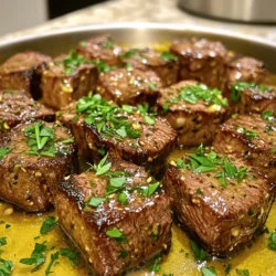 To make garlic butter steak bites, you need: - 1 pound sirloin steak, cut into 1-inch bite-sized cubes - 4 tablespoons unsalted butter - 4 cloves garlic, finely minced - 1 teaspoon fresh thyme leaves (or ½ teaspoon dried thyme) - 1 teaspoon fresh rosemary, finely chopped (or ½ teaspoon dried rosemary) - Sea salt and freshly ground black pepper, to taste - 1 tablespoon olive oil - Fresh parsley, finely chopped (for garnish) You’ll need these tools for this recipe: - A large, heavy-bottomed skillet - A sharp knife for cutting steak - A cutting board - A spatula for flipping steak bites - Measuring spoons for accurate ingredients - A serving plate for the finished dish Choosing the right steak is key for great flavor. Here are some tips: - Look for marbling: Marbling means fat within the meat. This adds flavor and juiciness. - Choose sirloin: Sirloin steak is tender and great for quick cooking. - Check the color: Fresh steak should be bright red. Avoid any that looks brown or dry. - Ask your butcher: Don’t hesitate to ask for advice. They can help you pick the best cut. These tips will help you make irresistible garlic butter steak bites. Enjoy the cooking! Start by cutting your sirloin steak into 1-inch cubes. This size helps them cook evenly. Next, season the cubes with sea salt and black pepper. Make sure each piece gets a good coating. This step adds flavor to your steak bites. Now, heat your skillet over medium-high heat. Add olive oil and let it get hot. Place the seasoned steak bites in a single layer. Avoid overcrowding the pan; this helps them brown nicely. Sear them for about 2-3 minutes without moving them. This creates a rich, brown crust. Flip the bites and cook for another 1-2 minutes, based on how well-done you like your steak. Once ready, take them out and set them aside on a plate. Lower the heat to medium and add unsalted butter to the same skillet. Let it melt completely. Once it melts, add minced garlic, thyme, and rosemary. Stir this mix for about 1 minute. Watch the garlic closely so it doesn’t burn. Return the steak bites to the skillet. Gently toss them in the garlic butter mix. Heat them through for about 1-2 minutes. Taste and adjust seasoning with more salt or pepper if needed. Finally, garnish with fresh parsley. Serve these garlic butter steak bites warm. They look great on a wooden platter, drizzled with extra garlic butter. For the full recipe, check here. For steak bites, doneness matters. You can cook them rare, medium, or well-done. Here’s how to check. - Rare: Cook for about 2 minutes per side. Aim for an internal temp of 120°F. - Medium: Cook for 3-4 minutes per side. Look for 130°F inside. - Well-Done: Cook for 5 minutes per side. The temp should reach 160°F. Use a meat thermometer for accuracy. This tool helps you avoid guesswork. Marinades add depth to your steak bites. Here’s a quick way to enhance flavor: - Simple Marinade: Mix olive oil, soy sauce, garlic, and lemon juice. - Let the steak cubes soak for at least 30 minutes. - This adds flavor and makes the meat tender. You can also try different herbs or spices to create new tastes. Steak bites can go wrong easily. Avoid these common errors: - Overcrowding the Pan: This makes the meat steam instead of sear. Cook in batches. - Not Letting the Meat Rest: After cooking, let the steak sit for 5 minutes. This keeps it juicy. - Skipping Seasoning: Always season your steak before cooking. This helps build flavor. By following these tips, you can create perfect garlic butter steak bites every time. For a full guide, check the Full Recipe. {{image_4}} You can use various cuts of steak for this dish. Sirloin is great, but try ribeye or tenderloin for more flavor and tenderness. Each cut brings its unique taste and texture. Ribeye has more fat, making it juicy and flavorful. Tenderloin is lean and very soft. Adjust cooking times based on the cut you choose to keep it tender. While garlic and butter are the stars, you can play with herbs. Try using fresh oregano or basil for a different touch. You can also mix in some chili flakes for a hint of heat. Experiment with different combinations to find what you love. This recipe is all about making it yours! If you like spice, add some heat! A pinch of cayenne or crushed red pepper works well. You could also stir in some hot sauce into the garlic butter. This adds an exciting kick that pairs well with the savory steak. Adjust the spice level to fit your taste. Enjoy the bold flavors! For the full recipe, check out the [Full Recipe]. To store leftover garlic butter steak bites, let them cool first. Place them in an airtight container. Make sure to keep them in the fridge. They will stay fresh for up to three days. If you put them in the fridge right away, they will hold their flavor better. When you want to eat the leftovers, reheat them gently. You can use a skillet over low heat. Add a bit of butter or olive oil to keep them moist. Stir often to ensure even heating. You can also use the microwave. Heat in short bursts to avoid overcooking. Cover the dish to keep moisture in. If you want to freeze the steak bites, do it right after they cool. Put them in a freezer-safe bag or container. Remove as much air as possible. They can last up to three months in the freezer. When you’re ready to eat them, thaw them in the fridge overnight. Reheat using the skillet method for the best taste. For a full recipe, check the details above. The best way to cook garlic butter steak bites is to sear them in a hot skillet. Start with a heavy pan and heat olive oil until it shimmers. Add the seasoned steak bites in a single layer. Cook without moving them for 2 to 3 minutes for a nice brown crust. Flip and cook for another 1 to 2 minutes. This method gives you juicy bites with a rich flavor. Cooking steak bites takes about 10 to 15 minutes. You need 2 to 3 minutes on one side and 1 to 2 minutes on the other side. After that, you’ll want to toss them in the garlic butter for an extra 1 to 2 minutes. The total time, from prep to plate, is around 20 minutes. Quick and easy! Yes, you can use garlic powder instead of fresh garlic. However, fresh garlic gives a better flavor. If you use powder, add about 1 teaspoon to the melted butter. Mix it in well with the herbs. This change can still create a tasty dish, but fresh garlic really shines in this recipe. - Is this recipe suitable for meal prep? Yes, this recipe is great for meal prep. You can cook the steak bites ahead of time and store them in the fridge for up to 3 days. Just reheating them in a skillet will keep them tasty. Pair them with sides like rice or veggies for a quick meal. - What can I serve with garlic butter steak bites? You can serve garlic butter steak bites with many sides. Here are some ideas: - Mashed potatoes for creaminess - Steamed broccoli for crunch - Rice to soak up the garlic butter - A fresh salad for a light touch These options make your meal balanced and delicious! For the full recipe, check out the section above. Enjoy cooking! In this post, we explored how to create tasty garlic butter steak bites. We covered essential ingredients, cooking tools, and tips for picking the right steak. I guided you through preparing, searing, and making a flavorful garlic butter sauce. We also shared tips for doneness, flavor enhancements, and how to avoid common mistakes. You now have the tools to make a delicious dish. Enjoy your cooking adventure!