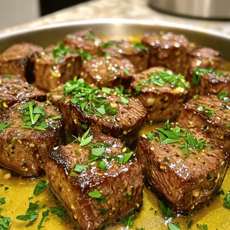 To make garlic butter steak bites, you need: - 1 pound sirloin steak, cut into 1-inch bite-sized cubes - 4 tablespoons unsalted butter - 4 cloves garlic, finely minced - 1 teaspoon fresh thyme leaves (or ½ teaspoon dried thyme) - 1 teaspoon fresh rosemary, finely chopped (or ½ teaspoon dried rosemary) - Sea salt and freshly ground black pepper, to taste - 1 tablespoon olive oil - Fresh parsley, finely chopped (for garnish) You’ll need these tools for this recipe: - A large, heavy-bottomed skillet - A sharp knife for cutting steak - A cutting board - A spatula for flipping steak bites - Measuring spoons for accurate ingredients - A serving plate for the finished dish Choosing the right steak is key for great flavor. Here are some tips: - Look for marbling: Marbling means fat within the meat. This adds flavor and juiciness. - Choose sirloin: Sirloin steak is tender and great for quick cooking. - Check the color: Fresh steak should be bright red. Avoid any that looks brown or dry. - Ask your butcher: Don’t hesitate to ask for advice. They can help you pick the best cut. These tips will help you make irresistible garlic butter steak bites. Enjoy the cooking! Start by cutting your sirloin steak into 1-inch cubes. This size helps them cook evenly. Next, season the cubes with sea salt and black pepper. Make sure each piece gets a good coating. This step adds flavor to your steak bites. Now, heat your skillet over medium-high heat. Add olive oil and let it get hot. Place the seasoned steak bites in a single layer. Avoid overcrowding the pan; this helps them brown nicely. Sear them for about 2-3 minutes without moving them. This creates a rich, brown crust. Flip the bites and cook for another 1-2 minutes, based on how well-done you like your steak. Once ready, take them out and set them aside on a plate. Lower the heat to medium and add unsalted butter to the same skillet. Let it melt completely. Once it melts, add minced garlic, thyme, and rosemary. Stir this mix for about 1 minute. Watch the garlic closely so it doesn’t burn. Return the steak bites to the skillet. Gently toss them in the garlic butter mix. Heat them through for about 1-2 minutes. Taste and adjust seasoning with more salt or pepper if needed. Finally, garnish with fresh parsley. Serve these garlic butter steak bites warm. They look great on a wooden platter, drizzled with extra garlic butter. For the full recipe, check here. For steak bites, doneness matters. You can cook them rare, medium, or well-done. Here’s how to check. - Rare: Cook for about 2 minutes per side. Aim for an internal temp of 120°F. - Medium: Cook for 3-4 minutes per side. Look for 130°F inside. - Well-Done: Cook for 5 minutes per side. The temp should reach 160°F. Use a meat thermometer for accuracy. This tool helps you avoid guesswork. Marinades add depth to your steak bites. Here’s a quick way to enhance flavor: - Simple Marinade: Mix olive oil, soy sauce, garlic, and lemon juice. - Let the steak cubes soak for at least 30 minutes. - This adds flavor and makes the meat tender. You can also try different herbs or spices to create new tastes. Steak bites can go wrong easily. Avoid these common errors: - Overcrowding the Pan: This makes the meat steam instead of sear. Cook in batches. - Not Letting the Meat Rest: After cooking, let the steak sit for 5 minutes. This keeps it juicy. - Skipping Seasoning: Always season your steak before cooking. This helps build flavor. By following these tips, you can create perfect garlic butter steak bites every time. For a full guide, check the Full Recipe. {{image_4}} You can use various cuts of steak for this dish. Sirloin is great, but try ribeye or tenderloin for more flavor and tenderness. Each cut brings its unique taste and texture. Ribeye has more fat, making it juicy and flavorful. Tenderloin is lean and very soft. Adjust cooking times based on the cut you choose to keep it tender. While garlic and butter are the stars, you can play with herbs. Try using fresh oregano or basil for a different touch. You can also mix in some chili flakes for a hint of heat. Experiment with different combinations to find what you love. This recipe is all about making it yours! If you like spice, add some heat! A pinch of cayenne or crushed red pepper works well. You could also stir in some hot sauce into the garlic butter. This adds an exciting kick that pairs well with the savory steak. Adjust the spice level to fit your taste. Enjoy the bold flavors! For the full recipe, check out the [Full Recipe]. To store leftover garlic butter steak bites, let them cool first. Place them in an airtight container. Make sure to keep them in the fridge. They will stay fresh for up to three days. If you put them in the fridge right away, they will hold their flavor better. When you want to eat the leftovers, reheat them gently. You can use a skillet over low heat. Add a bit of butter or olive oil to keep them moist. Stir often to ensure even heating. You can also use the microwave. Heat in short bursts to avoid overcooking. Cover the dish to keep moisture in. If you want to freeze the steak bites, do it right after they cool. Put them in a freezer-safe bag or container. Remove as much air as possible. They can last up to three months in the freezer. When you’re ready to eat them, thaw them in the fridge overnight. Reheat using the skillet method for the best taste. For a full recipe, check the details above. The best way to cook garlic butter steak bites is to sear them in a hot skillet. Start with a heavy pan and heat olive oil until it shimmers. Add the seasoned steak bites in a single layer. Cook without moving them for 2 to 3 minutes for a nice brown crust. Flip and cook for another 1 to 2 minutes. This method gives you juicy bites with a rich flavor. Cooking steak bites takes about 10 to 15 minutes. You need 2 to 3 minutes on one side and 1 to 2 minutes on the other side. After that, you’ll want to toss them in the garlic butter for an extra 1 to 2 minutes. The total time, from prep to plate, is around 20 minutes. Quick and easy! Yes, you can use garlic powder instead of fresh garlic. However, fresh garlic gives a better flavor. If you use powder, add about 1 teaspoon to the melted butter. Mix it in well with the herbs. This change can still create a tasty dish, but fresh garlic really shines in this recipe. - Is this recipe suitable for meal prep? Yes, this recipe is great for meal prep. You can cook the steak bites ahead of time and store them in the fridge for up to 3 days. Just reheating them in a skillet will keep them tasty. Pair them with sides like rice or veggies for a quick meal. - What can I serve with garlic butter steak bites? You can serve garlic butter steak bites with many sides. Here are some ideas: - Mashed potatoes for creaminess - Steamed broccoli for crunch - Rice to soak up the garlic butter - A fresh salad for a light touch These options make your meal balanced and delicious! For the full recipe, check out the section above. Enjoy cooking! In this post, we explored how to create tasty garlic butter steak bites. We covered essential ingredients, cooking tools, and tips for picking the right steak. I guided you through preparing, searing, and making a flavorful garlic butter sauce. We also shared tips for doneness, flavor enhancements, and how to avoid common mistakes. You now have the tools to make a delicious dish. Enjoy your cooking adventure!