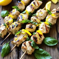 - Chicken and Marinade Components - 1 lb boneless, skinless chicken breasts, cut into 1-inch cubes - 2 tablespoons extra virgin olive oil - 1 teaspoon garlic powder - Zest of 1 large lemon (2 teaspoons) - Juice of 1 large lemon (3 tablespoons) - 1/4 cup fresh basil leaves, chopped - Salt and pepper to taste - 1/2 teaspoon red pepper flakes (optional) - Optional Ingredients for Extra Flavor - Add a pinch of smoked paprika for depth. - Toss in some chopped sun-dried tomatoes for sweetness. - Equipment Needed - Bamboo or metal skewers (remember to soak bamboo skewers for 30 minutes) - Grill or grill pan for cooking - Mixing bowl and whisk for the marinade When I make Lemon Basil Chicken Skewers, I focus on fresh and simple ingredients. The fresh basil and zesty lemon make the chicken taste great. You can also play with flavors by adding a few extra items. Using the right tools makes cooking easier and more fun. Enjoy crafting these tasty skewers! For the full recipe, check out the recipe in the article. To make the marinade, start with a large bowl. Add the extra virgin olive oil, garlic powder, lemon zest, lemon juice, and chopped basil. Whisk these ingredients together until they mix well. This step helps each flavor blend into the chicken. Marinating time is key. Place the chicken pieces in the marinade. Toss them to coat each piece well. Cover the bowl with plastic wrap or a lid and put it in the fridge. Let it marinate for at least 30 minutes. For the best flavor, you can leave it for up to 2 hours. The longer it sits, the more it soaks in that tasty lemon and basil flavor. Once marinated, it's time to assemble the skewers. Grab your bamboo or metal skewers. If you use bamboo, soak them in water for 30 minutes first. This helps prevent burning on the grill. Now, carefully thread the chicken onto the skewers. Leave a little space between each piece. This space helps the chicken cook evenly. It also gives nice grill marks, which look and taste great! Before grilling, preheat your grill or grill pan to medium-high heat. A hot grill ensures that the chicken cooks well and gets that nice char. Place the skewers on the grill. Grill them for about 10 to 12 minutes. Turn them occasionally. This helps them cook evenly and get that golden color. To check if they are done, ensure the chicken reaches an internal temperature of 165°F (74°C). After grilling, take the skewers off the heat. Let them rest for a few minutes. This resting time helps keep the chicken juicy and tender. Enjoy your Lemon Basil Chicken Skewers! For full details, check the Full Recipe. To make the best marinade, mix all ingredients well. This ensures every piece of chicken gets flavor. Use fresh ingredients like basil for a bright taste. Marinate chicken for at least 30 minutes. If time allows, go for 2 hours. This deepens the flavor. For spice, adjust red pepper flakes to your liking. Start with less if you prefer mild. You can always add more later. To get great grill marks, preheat your grill to medium-high heat. Avoid crowding the skewers on the grill. This lets the heat circulate and gives even cooking. Cook the chicken for about 10-12 minutes. Turn them often for even browning. Use a meat thermometer to check the temperature. Chicken is done when it reaches 165°F (74°C). This keeps it safe and juicy. Pair your Lemon Basil Chicken Skewers with fresh sides. A simple salad or grilled veggies works well. For a bright touch, serve with lemon wedges. They add color and flavor. When plating, arrange the skewers neatly on a platter. Add fresh basil sprigs for a nice look. This makes the dish more appealing. For the full recipe, check the details above. {{image_4}} You can switch things up by using shrimp, tofu, or beef. Shrimp cooks fast and adds a nice touch. Just marinate it like chicken. Tofu absorbs flavors well. Use firm or extra-firm tofu for best results. Cut it into cubes, and marinate as you would chicken. For beef, tender cuts like sirloin work great. Adjust cooking times for each protein to ensure they are cooked well. Feel free to play with flavors! Try different herbs like cilantro or parsley for a fresh twist. Mint can also pair well with lemon. You can add spices too, like cumin or paprika, for depth. For a kick, add more red pepper flakes or a dash of cayenne. These changes keep the dish exciting and new. You don’t have to grill. You can bake or broil the skewers. For baking, preheat your oven to 400°F (200°C). Place the skewers on a baking sheet lined with parchment paper. Bake for 15-20 minutes, turning halfway through. Broiling gives you a nice char. Place skewers on a broiler pan and broil for 8-10 minutes, flipping once. Each method gives you tasty Lemon Basil Chicken Skewers. Check out the Full Recipe for more cooking tips! After you enjoy your Lemon Basil Chicken Skewers, store any leftovers quickly. Place the skewers in an airtight container. This helps keep them fresh. Store them in the fridge for up to 3 days. If you want to keep them longer, consider freezing. To reheat your chicken skewers, use the oven or stovetop. Preheat your oven to 350°F (175°C). Place the skewers on a baking tray. Cover them with foil to keep moisture in. Heat for about 10-15 minutes. On the stovetop, use a skillet over medium heat. Add a splash of water and cover. This method helps keep the chicken moist. To freeze your chicken skewers, first wrap them well. Use plastic wrap or aluminum foil. Place the wrapped skewers in a freezer bag. Squeeze out the air before sealing. They can last up to 3 months in the freezer. When you're ready to eat, thaw them in the fridge overnight. Reheat as mentioned above for best results. Enjoy your tasty meal again! For the full recipe, check out the detailed instructions above. You can check if the chicken is cooked by using a meat thermometer. The safe internal temperature is 165°F (74°C). If you don’t have a thermometer, cut into a piece of chicken. It should be white all the way through, with no pink parts. Juices should run clear. Yes, you can prepare the marinade a day ahead. It will save you time on cooking day. Storing it overnight in the fridge helps the flavors blend well. Just remember to add the chicken when you are ready to cook. These skewers pair well with many sides. You can serve them with: - Rice or quinoa - Grilled vegetables - A fresh salad - Garlic bread - Pasta with olive oil and herbs If you use bamboo skewers, soaking them is important. Soak them in water for at least 30 minutes. This prevents them from burning on the grill. Metal skewers do not need soaking. Yes, you can use a store-bought lemon basil marinade. It can save you time. Just make sure to check the ingredients for quality. Fresh flavors are always best, but store-bought is a good shortcut if you are in a hurry. For the complete recipe, check out the Full Recipe section. To make tasty lemon basil chicken skewers, follow each step closely. Start with fresh ingredients and let the chicken soak in the marinade for great flavor. Skewering and grilling bring out the best taste and texture. If you want variety, try different proteins or spices. Save any leftovers correctly, and you can enjoy them later. With practice, you’ll impress friends and family with your grilling skills. Enjoy this fun cooking adventure!