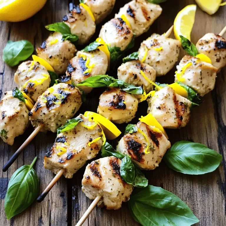 - Chicken and Marinade Components - 1 lb boneless, skinless chicken breasts, cut into 1-inch cubes - 2 tablespoons extra virgin olive oil - 1 teaspoon garlic powder - Zest of 1 large lemon (2 teaspoons) - Juice of 1 large lemon (3 tablespoons) - 1/4 cup fresh basil leaves, chopped - Salt and pepper to taste - 1/2 teaspoon red pepper flakes (optional) - Optional Ingredients for Extra Flavor - Add a pinch of smoked paprika for depth. - Toss in some chopped sun-dried tomatoes for sweetness. - Equipment Needed - Bamboo or metal skewers (remember to soak bamboo skewers for 30 minutes) - Grill or grill pan for cooking - Mixing bowl and whisk for the marinade When I make Lemon Basil Chicken Skewers, I focus on fresh and simple ingredients. The fresh basil and zesty lemon make the chicken taste great. You can also play with flavors by adding a few extra items. Using the right tools makes cooking easier and more fun. Enjoy crafting these tasty skewers! For the full recipe, check out the recipe in the article. To make the marinade, start with a large bowl. Add the extra virgin olive oil, garlic powder, lemon zest, lemon juice, and chopped basil. Whisk these ingredients together until they mix well. This step helps each flavor blend into the chicken. Marinating time is key. Place the chicken pieces in the marinade. Toss them to coat each piece well. Cover the bowl with plastic wrap or a lid and put it in the fridge. Let it marinate for at least 30 minutes. For the best flavor, you can leave it for up to 2 hours. The longer it sits, the more it soaks in that tasty lemon and basil flavor. Once marinated, it's time to assemble the skewers. Grab your bamboo or metal skewers. If you use bamboo, soak them in water for 30 minutes first. This helps prevent burning on the grill. Now, carefully thread the chicken onto the skewers. Leave a little space between each piece. This space helps the chicken cook evenly. It also gives nice grill marks, which look and taste great! Before grilling, preheat your grill or grill pan to medium-high heat. A hot grill ensures that the chicken cooks well and gets that nice char. Place the skewers on the grill. Grill them for about 10 to 12 minutes. Turn them occasionally. This helps them cook evenly and get that golden color. To check if they are done, ensure the chicken reaches an internal temperature of 165°F (74°C). After grilling, take the skewers off the heat. Let them rest for a few minutes. This resting time helps keep the chicken juicy and tender. Enjoy your Lemon Basil Chicken Skewers! For full details, check the Full Recipe. To make the best marinade, mix all ingredients well. This ensures every piece of chicken gets flavor. Use fresh ingredients like basil for a bright taste. Marinate chicken for at least 30 minutes. If time allows, go for 2 hours. This deepens the flavor. For spice, adjust red pepper flakes to your liking. Start with less if you prefer mild. You can always add more later. To get great grill marks, preheat your grill to medium-high heat. Avoid crowding the skewers on the grill. This lets the heat circulate and gives even cooking. Cook the chicken for about 10-12 minutes. Turn them often for even browning. Use a meat thermometer to check the temperature. Chicken is done when it reaches 165°F (74°C). This keeps it safe and juicy. Pair your Lemon Basil Chicken Skewers with fresh sides. A simple salad or grilled veggies works well. For a bright touch, serve with lemon wedges. They add color and flavor. When plating, arrange the skewers neatly on a platter. Add fresh basil sprigs for a nice look. This makes the dish more appealing. For the full recipe, check the details above. {{image_4}} You can switch things up by using shrimp, tofu, or beef. Shrimp cooks fast and adds a nice touch. Just marinate it like chicken. Tofu absorbs flavors well. Use firm or extra-firm tofu for best results. Cut it into cubes, and marinate as you would chicken. For beef, tender cuts like sirloin work great. Adjust cooking times for each protein to ensure they are cooked well. Feel free to play with flavors! Try different herbs like cilantro or parsley for a fresh twist. Mint can also pair well with lemon. You can add spices too, like cumin or paprika, for depth. For a kick, add more red pepper flakes or a dash of cayenne. These changes keep the dish exciting and new. You don’t have to grill. You can bake or broil the skewers. For baking, preheat your oven to 400°F (200°C). Place the skewers on a baking sheet lined with parchment paper. Bake for 15-20 minutes, turning halfway through. Broiling gives you a nice char. Place skewers on a broiler pan and broil for 8-10 minutes, flipping once. Each method gives you tasty Lemon Basil Chicken Skewers. Check out the Full Recipe for more cooking tips! After you enjoy your Lemon Basil Chicken Skewers, store any leftovers quickly. Place the skewers in an airtight container. This helps keep them fresh. Store them in the fridge for up to 3 days. If you want to keep them longer, consider freezing. To reheat your chicken skewers, use the oven or stovetop. Preheat your oven to 350°F (175°C). Place the skewers on a baking tray. Cover them with foil to keep moisture in. Heat for about 10-15 minutes. On the stovetop, use a skillet over medium heat. Add a splash of water and cover. This method helps keep the chicken moist. To freeze your chicken skewers, first wrap them well. Use plastic wrap or aluminum foil. Place the wrapped skewers in a freezer bag. Squeeze out the air before sealing. They can last up to 3 months in the freezer. When you're ready to eat, thaw them in the fridge overnight. Reheat as mentioned above for best results. Enjoy your tasty meal again! For the full recipe, check out the detailed instructions above. You can check if the chicken is cooked by using a meat thermometer. The safe internal temperature is 165°F (74°C). If you don’t have a thermometer, cut into a piece of chicken. It should be white all the way through, with no pink parts. Juices should run clear. Yes, you can prepare the marinade a day ahead. It will save you time on cooking day. Storing it overnight in the fridge helps the flavors blend well. Just remember to add the chicken when you are ready to cook. These skewers pair well with many sides. You can serve them with: - Rice or quinoa - Grilled vegetables - A fresh salad - Garlic bread - Pasta with olive oil and herbs If you use bamboo skewers, soaking them is important. Soak them in water for at least 30 minutes. This prevents them from burning on the grill. Metal skewers do not need soaking. Yes, you can use a store-bought lemon basil marinade. It can save you time. Just make sure to check the ingredients for quality. Fresh flavors are always best, but store-bought is a good shortcut if you are in a hurry. For the complete recipe, check out the Full Recipe section. To make tasty lemon basil chicken skewers, follow each step closely. Start with fresh ingredients and let the chicken soak in the marinade for great flavor. Skewering and grilling bring out the best taste and texture. If you want variety, try different proteins or spices. Save any leftovers correctly, and you can enjoy them later. With practice, you’ll impress friends and family with your grilling skills. Enjoy this fun cooking adventure!