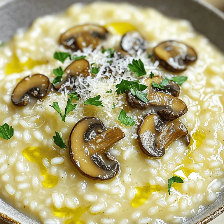 - 1 cup Arborio rice - 4 cups low-sodium vegetable broth - 1 cup sliced mushrooms (cremini or shiitake recommended) - 1 medium onion, finely chopped - 2 cloves garlic, minced - ½ cup heavy cream - ½ cup grated Parmesan cheese - 2 tablespoons olive oil - 2 tablespoons unsalted butter - Salt and freshly cracked pepper, to taste - Fresh parsley, finely chopped (for garnish) The ingredients in this creamy mushroom risotto are simple yet powerful. Arborio rice shines in this recipe. This rice absorbs flavors well and creates a creamy texture. Low-sodium vegetable broth keeps the dish rich without being too salty. Mushrooms add an earthy taste. I love using cremini or shiitake for their depth of flavor. Onions and garlic form the aromatic base. They cook down into a sweet and fragrant mixture. Heavy cream and Parmesan cheese finish the dish. They bring richness and a smooth texture. Olive oil and unsalted butter work together to sauté the base and enhance flavor. Season with salt and pepper to suit your taste. Fresh parsley adds a pop of color and a hint of freshness on top. This combination makes each bite a delight! Check out the Full Recipe for more details. To start, you need to keep your vegetable broth warm. Place it in a medium saucepan and heat it on low. This step helps the risotto cook evenly. A warm broth absorbs better into the rice. Using low-sodium broth is key. This choice lets you control the saltiness of your dish. You can add salt to your taste later. This way, your risotto won't end up too salty or bland. Next, let’s sauté the base. Heat olive oil and one tablespoon of butter in a large skillet. Once the butter melts, add finely chopped onion. Cook it for 3-4 minutes. You want it to become soft and sweet-smelling. Now, add minced garlic and sliced mushrooms to the pan. Cook them for about 5-6 minutes. Stir occasionally until the mushrooms become tender. This step releases their moisture, creating a tasty base for your risotto. Now for the fun part: cooking the risotto! Add Arborio rice to the skillet. Stir it well to coat the grains in the flavorful mixture. Toast the rice for 1-2 minutes. This enhances its nutty flavor. Gradually add the warm vegetable broth, one cup at a time. Stir constantly and wait until the rice absorbs each cup before adding more. This process takes about 20-25 minutes. It helps the rice release starches, making the dish creamy. Once the rice is al dente and creamy, remove the skillet from heat. Stir in half a cup of heavy cream and the last tablespoon of butter. This step creates a rich texture. Next, fold in grated Parmesan cheese. Season with salt and freshly cracked pepper to your taste. Allow the risotto to sit for a couple of minutes. This helps it thicken before serving. For a complete experience, check out the Full Recipe. To get that creamy texture, add broth slowly. Start with one cup, stir, and let it soak in. This method allows the rice to release starches. Each addition helps build a rich, velvety risotto. When it’s done, serve it warm in shallow bowls. Top with parsley and extra cheese for a nice finish. You can adjust the taste based on what you like. Add salt and pepper to suit your palate. Fresh herbs like thyme or rosemary can add depth too. For a twist, try a pinch of nutmeg or a sprinkle of lemon zest. These touches brighten the dish and enhance its flavor. Be careful not to overcook the rice. It should be tender but still have a slight bite, known as al dente. Also, always use warm broth. Cold broth slows down cooking and can ruin the creamy texture. Keep it gentle and warm for the best risotto. For the full recipe, check out the detailed steps above. {{image_4}} If you want a vegan version, swap the heavy cream and cheese. Use cashew cream or coconut milk instead. Nutritional yeast gives a cheesy flavor without dairy. For gluten-free risotto, use certified gluten-free vegetable broth. Arborio rice is naturally gluten-free, so you can enjoy this dish without worry. You can add peas or spinach for extra color and nutrients. Both add a fresh taste that complements the mushrooms. Try different mushroom types too! Shiitake, oyster, or portobello mushrooms bring unique flavors to your risotto. Each variety can change the dish’s taste and texture. Risotto pairs well with proteins like chicken or shrimp. Grilled chicken breast adds nice protein and flavor. Shrimp cooked in garlic butter makes the dish feel special. You can also use risotto as a base for a main dish. Top it with grilled vegetables or a light salad for a complete meal. For the full recipe, check out the details above. To store your risotto, let it cool first. Place it in an airtight container. This keeps it fresh and tasty. You can store it in the fridge for up to three days. After that, it may lose its flavor and texture. When you reheat risotto, you want to avoid drying it out. The best way is to use a pan on low heat. Stir often. You can add a splash of broth. This brings back the creaminess. If you prefer, you can also use a microwave. Just add a bit of broth and cover the dish. Heat in short bursts, stirring in between. This keeps the risotto moist and delicious. For the full recipe, check out the complete guide. Risotto rice, like Arborio, is short-grain rice. It has a high starch content. This starch gives risotto its creamy texture. Regular rice, like long-grain or jasmine, does not have as much starch. Arborio rice absorbs more liquid too. This helps create that rich, creamy dish you love. Yes, you can prepare risotto in advance! Cook it until just al dente. Let it cool and store it in the fridge. To reheat, add a splash of broth. Stir over low heat until warm. Avoid cooking it too long; you want to keep that creamy texture. To make your risotto creamier, stir in heavy cream at the end. This adds richness. You can also add more cheese, like Parmesan. For extra texture, add cooked mushrooms or peas. Stir while adding broth slowly. This releases more starch from the rice. Mushroom risotto comes from Northern Italy. It pairs well with local mushrooms found in the region. This dish highlights the use of fresh ingredients. It reflects Italian cooking's focus on seasonal flavors. Over time, it has become a favorite worldwide. Enjoying it connects you to its rich history. Mushroom risotto is a delightful dish that combines simple ingredients for rich flavor. You start with Arborio rice, sauté fresh vegetables, and finish with creamy goodness. Gradual broth addition is key for perfect texture. Remember to adjust seasonings to your taste. Variations like vegan or gluten-free options can suit any diet. Whether serving or storing, these tips keep your risotto tasty. Enjoy making this classic dish; it’s rewarding and fun!
