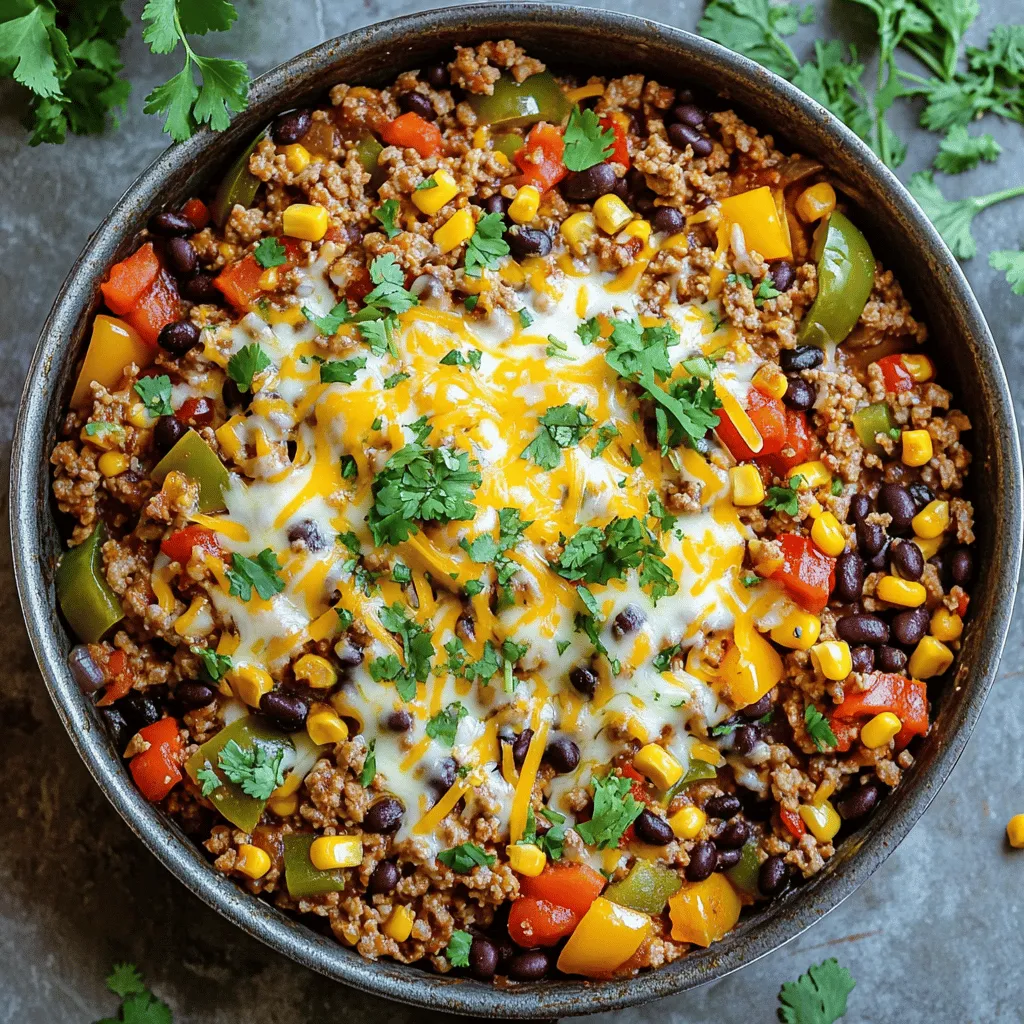 - 1 lb ground turkey or chicken - 1 medium onion, diced - 2 cloves garlic, minced - 1 bell pepper, diced (any color you prefer) - 1 can (15 oz) black beans, rinsed and drained - 1 can (15 oz) corn, drained - 1 packet taco seasoning (or a homemade spice blend) - 1 can (14 oz) diced tomatoes with green chilies - 1 cup shredded cheese (cheddar or a Mexican blend for extra flavor) The main ingredients create the base of this dish. Ground turkey or chicken gives it protein and flavor. Next, the diced onion and minced garlic bring a sweet and savory taste. The additional ingredients add texture and nutrition. Diced bell pepper brings color and crunch. Black beans and corn give fiber and sweetness. Seasonings transform the dish. Taco seasoning adds a bold kick. Diced tomatoes with green chilies bring heat and zest. Shredded cheese ties it all together, melting into a creamy topping. To make this dish even more delightful, consider fresh cilantro as a garnish. It adds a burst of freshness. For extra indulgence, sour cream or avocado works great as toppings. Feel free to explore the Full Recipe for detailed cooking steps and tips! Heat 1 tablespoon of olive oil in a large skillet over medium heat. Add the diced onion and bell pepper. Sauté them until they soften, about 5 minutes. This step builds a great flavor base. Next, add 2 minced garlic cloves to the skillet. Cook for about 1 minute, stirring often. Be careful not to let the garlic burn, as it can turn bitter. Now, push the sautéed veggies to one side. Add 1 pound of ground turkey or chicken to the empty space. Cook until the meat is browned, breaking it apart with a spatula. This should take around 6 to 8 minutes. Next, mix in your taco seasoning to coat the meat evenly. Cook for another 1 to 2 minutes until the spices smell great. Now it's time to add the fun stuff. Pour in 1 can of diced tomatoes with green chilies (14 oz), 1 can of black beans (15 oz, rinsed), 1 can of corn (15 oz, drained), and 1 cup of uncooked rice (white or brown). Stir everything together until well combined. Carefully pour in 2 cups of chicken or vegetable broth. Bring the mixture to a boil. Once boiling, reduce the heat and cover the skillet. Let it simmer for 20 to 25 minutes. This allows the rice to cook and soak up the flavors. Once the rice is fully cooked, remove the skillet from heat. Stir in half of the 1 cup of shredded cheese until it's melted. Sprinkle the rest of the cheese on top, then cover again. Let it sit for 2 to 3 minutes to let the cheese melt. Finally, fluff the rice gently with a fork. Season with salt and pepper to taste. Garnish with fresh chopped cilantro for a pop of color and flavor. Enjoy your One Pot Taco Skillet! For the full recipe, check out the details above. To make your One Pot Taco Skillet shine, focus on the spices. You can use store-bought taco seasoning, but I love making a homemade blend. A mix of cumin, paprika, chili powder, and garlic powder adds depth. Adjust the spice levels to suit your taste. If you like it spicy, add cayenne or crushed red pepper flakes. This will kick up the flavor! Even cooking is key for this dish. Start by browning the meat and veggies well. Make sure the ground turkey or chicken gets fully cooked. Then, add the rice and broth. Stir well to combine everything. Cover the skillet to trap steam. This will help the rice cook evenly and absorb all the tasty flavors. If the rice sticks, add a splash more broth. Serving this dish is fun and easy! You can serve it right from the skillet for a casual vibe. For a fancier touch, plate individual servings. Top each plate with sour cream, diced avocado, or fresh jalapeños. Sprinkle extra cilantro on top for color. You can also add tortilla chips for crunch. Everyone loves that! {{image_4}} You can easily make this dish vegetarian. Just swap the ground turkey or chicken for your favorite plant-based protein. Options like lentils or crumbled tofu work well. They soak up the flavors just like meat. This change also adds a nice texture while keeping it hearty. If you want a healthier twist, use brown rice or quinoa instead of white rice. Brown rice adds a nutty flavor and is richer in fiber. Quinoa is a great gluten-free choice and packs more protein. Both options will keep your meal filling and nutritious. Feel free to get creative with your veggies and spices. Adding extra vegetables like zucchini or mushrooms can boost nutrition and taste. You can also try different seasoning blends. For example, using smoked paprika or cumin can give your dish a fun twist. Experiment with these options to find what you love best! For the full recipe, check out the details above. To store leftovers, let the One Pot Taco Skillet cool first. Transfer it to an airtight container. Store it in the fridge for up to four days. When you want to enjoy it again, just scoop out what you need. You can freeze this dish too! After cooling, put it in a freezer-safe container. Make sure to leave some space for expansion. It will stay fresh for up to three months. Label the container with the date, so you remember when you made it. To reheat, you have a few easy methods. For the stovetop, heat it in a skillet over medium heat. Stir it often until warm. For the microwave, put a portion in a bowl and cover it loosely. Heat for about 2-3 minutes, stirring halfway through. Enjoy the same great taste and texture as before! Yes, you can make One Pot Taco Skillet ahead of time. This dish is great for meal prep. Cook it fully, then let it cool. Store it in an airtight container in the fridge for up to three days. When you want to eat, just reheat it on the stove or in the microwave. It tastes even better the next day as the flavors blend together. If you don’t have taco seasoning, you can make your own mix. Use these spices to create a flavorful blend: - 1 tsp chili powder - 1 tsp cumin - 1 tsp paprika - 1/2 tsp garlic powder - 1/2 tsp onion powder - 1/2 tsp salt - 1/2 tsp black pepper Mix these together and add them to your One Pot Taco Skillet. This homemade blend adds a fresh kick! Yes, this recipe can be gluten-free. Use gluten-free taco seasoning and check your canned goods. Ensure the black beans, corn, and tomatoes are gluten-free. The rice is naturally gluten-free, too. This way, everyone can enjoy a tasty meal without worry! This blog post covered a tasty One Pot Taco Skillet. We discussed the main ingredients, like ground turkey and black beans. I shared easy steps to cook the dish, from sautéing to simmering. You learned tips for perfect flavors and tasty serving ideas. We explored variations for different diets and even storage tips. In the end, this dish is simple, fun, and adaptable. You can enjoy it now or save it for later. Happy cooking!
