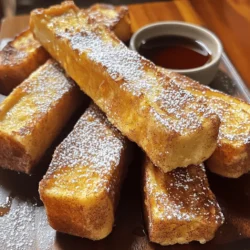 - Bread type recommendations: Use thick bread for the best results. Texas toast or brioche gives a fluffy bite. Both absorb the batter well and hold their shape during cooking. - Eggs and milk: Eggs create a rich base. They add protein and help the sticks puff up. Milk adds creaminess. You can choose whole milk or any milk you like. Both work well. - Spices and sweeteners: Vanilla brings warmth and depth. I always use pure vanilla extract for the best flavor. Ground cinnamon adds a cozy spice. Brown sugar sweetens and helps to caramelize the sticks as they cook. - Suggestions for additional toppings: For a special touch, dust your sticks with powdered sugar. You can also add fresh fruits like berries or banana slices. These brighten up the dish and add natural sweetness. - Alternative syrups and sauces: Maple syrup is classic, but you can try honey or agave syrup. For a twist, use chocolate sauce or a fruit compote. These options give a new flavor to your French toast sticks. For a full recipe, check out the *Full Recipe* section. To make the perfect French toast sticks, start by preparing the batter. In a mixing bowl, whisk together: - 2 large eggs - 1/2 cup milk - 1 teaspoon vanilla extract - 1 teaspoon ground cinnamon - 1 tablespoon brown sugar - A pinch of salt Whisk until everything blends well. This mixture needs to be smooth so it clings nicely to the bread. Next, slice your bread. I suggest using thick bread like Texas toast or brioche. Cut each slice into three equal strips. This gives you twelve sticks that are perfect for dipping. Your skillet needs to be just right for frying. Preheat it over medium heat. Add a small pat of butter or a drizzle of oil. Swirl it to coat the bottom evenly. Now, coat the bread strips. Dip each one into the batter, covering all sides. Let any extra batter drip off. This step helps avoid sogginess. Place the coated sticks in the skillet. Do not overcrowd them; give each stick space. Fry for 2-3 minutes on each side. You want them golden brown and crispy. Flip them carefully for even cooking. Once crispy, remove the sticks from the skillet. Place them on a plate lined with paper towels. This absorbs excess oil, making your sticks crunchy. For a final touch, dust the warm sticks with powdered sugar if you like. Serve them with maple syrup for dipping. This adds sweetness and flavor, making your breakfast even better. To make perfect French toast sticks, keep your bread from getting soggy. Here’s how to avoid excess batter: - Use thick bread. Thick slices soak up less batter than thin ones. Texas toast or brioche works well. - Dip quickly. When you dip the bread, do it fast. Immerse it but don’t let it sit too long. - Shake off extra. After dipping, gently shake the sticks to remove any extra batter. This helps keep them crispy. For flipping techniques, use a spatula. Here are some tips for even cooking: - Wait for the right time. Don’t flip too early. Wait until the bottom is golden brown. - Be gentle. When flipping, use a spatula to lift from the edge. This keeps the sticks intact. - Fry in batches. Avoid overcrowding the pan. This ensures even cooking and crispiness. Presentation can make your French toast sticks even more fun. Here are some creative serving ideas: - Plate artfully. Arrange the sticks in a fan shape. Add a small bowl of syrup in the center. - Garnish with fruit. Fresh berries or banana slices add color and freshness. They look great and taste good. When it comes to pairing, consider these options: - Drink pairings. A glass of milk or a warm cup of cocoa complements the sweetness. - Side suggestions. Serve with crispy bacon or sausages for a hearty breakfast. For the full recipe, you can explore our detailed instructions and tips. Enjoy your delightful breakfast! {{image_4}} You can easily change the flavor of your French toast sticks. Here are some fun ideas: - Chocolate Bliss: Add chocolate chips to the batter. They melt and create a sweet surprise. - Fruity Twist: Mix in mashed bananas or pureed strawberries for a fruity taste. You can also top your sticks with fresh fruit. - Nutty Delight: Sprinkle in some chopped nuts, like walnuts or pecans. This adds a nice crunch and flavor. If you need gluten-free options, use gluten-free bread. For a dairy-free version, swap milk with almond or oat milk. This way, everyone can enjoy these tasty treats. You can make your French toast sticks special for the seasons. Here are some ideas: - Pumpkin Spice: During fall, mix pumpkin puree and pumpkin spice into the batter. This gives a warm and cozy flavor. - Peppermint Twist: For winter holidays, add crushed peppermint candies to the batter or sprinkle them on top. It adds a festive touch. These variations will keep your breakfast exciting and fresh all year round. Try them out, and let your taste buds celebrate! To keep your homemade French toast sticks fresh, store them in the fridge. Place the sticks in an airtight container. This helps maintain their flavor and texture. They will stay good for about three days. If you want to save them for longer, freeze your French toast sticks. Lay them flat on a baking sheet and freeze for about an hour. Once frozen, transfer them to a freezer bag. This prevents them from sticking together. They can last up to three months in the freezer without losing quality. When it's time to enjoy your leftovers, the oven is the best choice. Preheat your oven to 375°F (190°C). Place the French toast sticks on a baking sheet. Bake for about 10 minutes or until they are warm and crispy again. If you're in a hurry, you can use the microwave. Place a few sticks on a microwave-safe plate. Heat them for about 30 seconds. Check if they’re warm enough and heat more if needed. However, the microwave may make them softer than the oven. What type of bread works best for French toast? I recommend using thick bread for the best texture. Texas toast or brioche are my favorites. They soak up the egg mixture well and stay fluffy inside. This makes each bite a delight. Can I make French toast sticks ahead of time? Yes, you can prepare French toast sticks in advance. Cook them as usual, then cool completely. Store them in an airtight container in the fridge. When ready to eat, warm them up in the oven. This keeps them crispy. Why are my French toast sticks soggy? Soggy French toast sticks often happen from too much egg mixture. Make sure to dip the bread quickly and shake off extra batter. Also, frying on too low heat can cause sogginess. Use medium heat to achieve that perfect crunch. How do I prevent my French toast from sticking to the pan? To avoid sticking, use a non-stick skillet or frying pan. Be sure to preheat the pan and add enough butter or oil. This creates a slick surface that helps the sticks fry nicely. Caloric content and nutritional value Each serving of French toast sticks has about 250 calories. This can vary based on the type of bread and toppings. They provide carbs and protein from eggs, making them a filling breakfast. Healthy substitutions for ingredients (low-sugar, whole grain) You can make this recipe healthier with simple swaps. Use whole grain bread for added fiber. Replace brown sugar with a sugar substitute for lower calories. You can also use almond milk instead of whole milk for a lighter version. In this blog post, we explored how to make delicious homemade French toast sticks. We covered key ingredients and tips for a fluffy texture. I shared step-by-step instructions from prep to cooking and serving. You learned about variations and storage tips for leftovers. In the end, homemade French toast sticks can be both fun and easy. Enjoy experimenting with flavors and toppings to make them your own!
