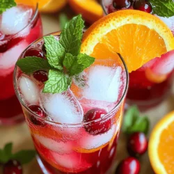 To make your Cranberry Orange Refresher, gather these simple ingredients: - 2 cups fresh cranberries - 1 cup freshly squeezed orange juice - 1/2 cup granulated sugar (adjust according to sweetness preference) - 1 teaspoon grated orange zest - 3 cups sparkling water or club soda - Fresh mint leaves for garnish - Ice cubes You can easily swap out some ingredients if needed. Here are a few ideas: - Fresh cranberries: Use frozen cranberries if fresh ones aren’t available. Just thaw them first. - Orange juice: If you don’t have fresh oranges, use store-bought juice. Choose one without added sugar for best flavor. - Granulated sugar: Try honey or agave syrup as a natural sweetener. Adjust to taste. - Sparkling water: Club soda works well too. You can even try flavored sparkling water for a twist. Choosing the best ingredients makes a big difference. Here’s how: - Fresh cranberries: Look for bright, plump berries without blemishes. They should feel firm when you squeeze them. - Oranges: Pick oranges that feel heavy for their size. A smooth skin indicates juiciness. - Mint leaves: Choose vibrant green leaves without brown spots. Fresh mint adds a nice touch to your drink. - Sugar: Use pure granulated sugar for the best sweetness. Avoid blends with additives for a cleaner taste. Now that you know your ingredients, you’re ready to start making this refreshing drink. Check the full recipe for step-by-step instructions! To start, gather your fresh cranberries. In a medium saucepan, combine them with sugar. Add 1/4 cup of water. Mix everything well. Cook this mixture over medium heat. Stir occasionally for about 10-12 minutes. You will see the cranberries burst. This step releases their juicy goodness. Once the cranberries burst, take the pan off the heat. Let the mix cool for about 5 minutes. Then, use a fine mesh sieve to strain the mixture into a bowl. Press down with a spoon to get all the juice out. You will have a thick, vibrant cranberry syrup. This syrup is the heart of your drink. In a large pitcher, pour the cranberry syrup. Add freshly squeezed orange juice and grated orange zest. Stir well until everything is combined. This mix brings bright and tangy flavors together. It’s a joyful blend of sweetness and zest. When ready to serve, gently stir in sparkling water or club soda. Do this carefully to keep the bubbles. Fill each glass with ice cubes. Pour the cranberry-orange mix over the ice. This keeps your drink chilled and frothy. Garnish with fresh mint leaves for a lovely touch. Serve in clear glasses to show off the ruby-red color. For extra flair, add a slice of orange on the rim. Enjoy your refreshing drink! For the full recipe, check out Cranberry Orange Refresher. To change the sweetness, start with less sugar. You can always add more later. Taste the cranberry syrup after it cools. If it’s too tart, mix in more sugar. Keep in mind, the sweetness will balance with the fizzy water. You can add more flavors to your drink. Try fresh ginger for a spicy kick. A splash of lime juice adds a zesty touch. Fresh herbs, like basil or rosemary, bring an earthy note. You could also mix in other fruit juices, like pineapple or apple. This makes the drink exciting and unique! Serve your Cranberry Orange Refresher cold. Chill your glasses before pouring. Add ice cubes to keep the drink cool longer. If you want it fizzier, serve it right after mixing. This will keep the bubbles from going flat. Enjoy the refreshing taste at its best! {{image_4}} If you want to spice up your Cranberry Orange Refresher, try adding alcohol. Vodka works well and adds a nice kick. Just mix in about 1 to 2 ounces of vodka per glass. This drink becomes a fun cocktail, perfect for parties or holiday gatherings. You could also use rum for a tropical vibe. Both options keep the drink fresh and tasty while giving it a festive touch. If you want a healthier drink, swap granulated sugar for natural sweeteners. Honey or agave syrup are great choices. Start with a smaller amount and taste as you go. This way, you can find the right sweetness for your palate. You can also use stevia or monk fruit for a low-calorie option. These sweeteners keep the drink light and refreshing without added sugar. Citrus fruits can brighten up your drink. Try adding lemon or lime juice for a zesty twist. Mixing in grapefruit juice can also give a nice balance. Each citrus brings its own flavor, making your drink unique. Feel free to play with different ratios to find your favorite mix. You might discover a new version that you love even more than the original. For the full recipe, check out the Cranberry Orange Refresher . To keep any leftover Cranberry Orange Refresher, pour it into a pitcher. Seal it with a lid or cover with plastic wrap. Store it in the fridge. Make sure to drink it within three days for best taste. The bubbles may fade, but the flavor will still shine. Homemade cranberry syrup lasts about two weeks in the fridge. Store it in a sealed jar or bottle. If you want to keep it longer, you can freeze it. This syrup is great for other drinks, too. Freezing is a smart way to save time. You can freeze fresh cranberries in a single layer on a baking sheet. Once they are frozen, transfer them to a bag. For the syrup, pour it into ice cube trays. Once frozen, pop them out and store them in a bag. This way, you can use them later whenever you want a quick drink. You can serve Cranberry Orange Refresher at many events. This drink is perfect for holiday parties. It brightens up a summer picnic or barbecue too. Serve it at brunch for a fun twist on drinks. Guests enjoy its fresh flavors during family gatherings. You can even offer it as a welcome drink at weddings. Its vibrant color makes it a show-stopper, catching everyone’s eye. Yes, you can prepare some parts ahead. Make the cranberry syrup and store it in the fridge. It lasts about a week. Mix it with orange juice before serving. Add sparkling water right before you pour. This keeps the fizz nice and bubbly. You can also prepare the syrup and freeze it for later use. Just thaw and mix when ready to serve. You can find fresh cranberries at local grocery stores in fall and winter. Look for orange juice in the juice aisle. Granulated sugar and sparkling water are available year-round. For fresh mint, check the produce section. If you need pre-made mixers, some stores carry cranberry-orange drinks. Just read the labels to find one with real fruit juice. Cranberry Orange Refresher is already a non-alcoholic drink. Simply follow the recipe as it is. You can add a splash of soda for extra flavor. If you want a fruity twist, mix in some apple or pineapple juice. This drink is refreshing and fun without any alcohol. It’s perfect for everyone, young and old. This blog post walks you through making a refreshing Cranberry Orange drink. You learned about key ingredients, substitutions, and tips to pick the best produce. I shared step-by-step instructions for preparation and serving ideas. We also explored ways to adjust sweetness and add flavors. Lastly, I discussed storage tips and answered common questions. Enjoy this drink at any occasion. Experiment with the recipes. With these tips, you’ll create a tasty treat!