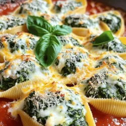 - 20 jumbo pasta shells - 2 cups fresh spinach, finely chopped - 1 cup ricotta cheese - 1 cup mozzarella cheese, shredded - 1/2 cup Parmesan cheese, grated - 1 large egg, beaten - 1 teaspoon garlic powder - 1 teaspoon onion powder - Salt and pepper, to taste - 3 cups marinara sauce - Fresh basil leaves, for garnish The jumbo pasta shells are key for holding the filling. They provide a sturdy base for our dish. Fresh spinach adds a bright, earthy taste. It gives the dish a healthy twist. Ricotta cheese is creamy and rich. It blends well with the spinach and creates a smooth filling. Mozzarella cheese melts beautifully, adding gooey goodness. Parmesan cheese brings a salty, nutty flavor that enhances the dish. You can get creative with your stuffed shells. Add cooked ground beef or turkey for extra protein. Try adding herbs like oregano or thyme for more flavor. For a spicy kick, toss in some red pepper flakes. If you want a richer taste, use cream cheese with the ricotta. You can also swap marinara for a homemade sauce or a pesto drizzle. To start, boil water in a large pot. Add salt to the water to enhance flavor. Drop in 20 jumbo pasta shells and cook until they are al dente. This usually takes about 8 to 10 minutes. Once cooked, drain the shells and set them aside on a wire rack. This helps them cool down quickly. In a large mixing bowl, combine the filling ingredients. Add 2 cups of finely chopped spinach, 1 cup of ricotta cheese, half of the mozzarella, and half of the Parmesan. Don’t forget the beaten egg, garlic powder, onion powder, salt, and pepper. Mix everything well until it’s smooth and creamy. This filling is what makes the shells special. Now it’s time to put everything together. First, spread 1 cup of marinara sauce on the bottom of a 9x13-inch baking dish. Next, take each cooled pasta shell and fill it with the spinach and ricotta mixture. Place them open side up in the dish. Once all shells are filled, pour the remaining marinara sauce over them. Make sure each shell gets a good layer of sauce. Finally, sprinkle the rest of the mozzarella and Parmesan on top. - Cooking Time and Temperatures: Cover the dish tightly with aluminum foil. Bake in the preheated oven at 375°F (190°C) for 25 minutes. After that, remove the foil and bake for another 10 to 15 minutes. Look for bubbly and golden brown cheese as a sign that it is ready. Once done, let the dish cool for a few minutes before serving. To get the best texture in your stuffed shells, focus on the filling. Use fresh spinach and mix it well with ricotta cheese. This blend gives a creamy and smooth texture. Add a beaten egg to bind the filling. The egg helps hold everything together. Cook your pasta shells until they are just al dente. If they are too soft, they may break when you fill them. One common mistake is overcooking the pasta. If the shells are mushy, they won’t hold the filling well. Another mistake is skimping on the sauce. You need enough sauce to keep the shells moist while baking. Also, don’t forget to cover your dish with foil at first. This step helps melt the cheese without burning it. Serve your spinach and ricotta stuffed shells hot from the oven. A sprinkle of fresh basil on top adds color and taste. Pair the dish with a simple green salad for a balanced meal. Garlic bread is also a great side. The crunchy bread complements the creamy filling nicely. For a fun twist, try adding some red pepper flakes to your marinara sauce for a kick! Looking for the full recipe? You can find it in the recipe section! {{image_4}} If you need a gluten-free option, you can easily swap the pasta. Look for gluten-free jumbo shells made from rice or corn. These work well and taste great. Just follow the cooking instructions on the package. They should cook like regular shells, making them simple to use in this dish. Want to mix it up? You can add other ingredients to the filling. Try adding cooked ground turkey or chicken for extra protein. You can also mix in some cooked mushrooms or roasted red peppers for added flavor. For a spicy kick, toss in some red pepper flakes. These changes can make the dish more exciting and tailored to your taste. To make this dish lighter, consider using low-fat ricotta and mozzarella. You can also skip the egg if you want to cut down on fat. Instead, use a bit of plain Greek yogurt for added creaminess. This keeps the flavors rich while lowering the calories. Enjoy your meal guilt-free while still savoring every bite! To keep your tasty spinach and ricotta stuffed shells fresh, follow these steps: - Cool the dish: Let the shells cool to room temperature. - Use airtight containers: Transfer them to a container with a tight lid. - Refrigerate: Store in the fridge for up to 3 days. Reheating is easy and keeps the flavors alive. Here’s how to do it: - Oven method: Preheat your oven to 350°F (175°C). Place the shells in a baking dish with some sauce. Cover with foil and heat for 20 minutes. - Microwave method: Place one or two shells on a microwave-safe plate. Heat for 1-2 minutes, checking to ensure they are warm throughout. Freezing is a great option for meal prep. Here’s the best way to freeze them: - Prepare for freezing: Fill the shells as usual, but do not bake them. - Use freezer-safe containers: Place the filled shells in a single layer in containers. - Add sauce: Pour marinara sauce over the shells. - Seal tightly: Wrap the containers well with plastic wrap and then foil. - Label and freeze: Write the date on the container. They can freeze for up to 3 months. This way, you can enjoy your spinach and ricotta stuffed shells anytime! For the full recipe, check out the detailed cooking instructions. Yes, you can make these shells ahead of time. Prepare the dish up to the baking step. Cover it tightly and store it in the fridge for one to two days. When ready to bake, add a few extra minutes to the cooking time if the dish is cold. This makes meal prep easy and stress-free. If you need a ricotta substitute, try cottage cheese or cream cheese. Blend cottage cheese until smooth for a similar texture. Cream cheese adds a rich flavor but is thicker. You can also use Greek yogurt for a lighter option. Each choice brings a unique taste but works well in this recipe. To make homemade marinara sauce, start with these simple steps: - Sauté 1 chopped onion and 2 minced garlic cloves in olive oil until soft. - Add 1 can (28 oz) of crushed tomatoes. - Stir in 1 teaspoon of dried oregano, 1 teaspoon of sugar, and salt to taste. - Simmer for 20 minutes. This sauce is fresh, tasty, and easy to customize with herbs. - Where can I find the full recipe? You can find the full recipe for Spinach and Ricotta Stuffed Shells in the article above. It includes detailed steps and tips for making this dish a success. This blog post covered how to make delicious Spinach and Ricotta Stuffed Shells. We discussed key ingredients and shared tips for the best texture. I provided step-by-step instructions, including storage tips and variations, like gluten-free options. In closing, I encourage you to customize the dish to fit your taste. Enjoy experimenting with new fillings and sauces. Your kitchen can be your canvas, so create a meal that delights!