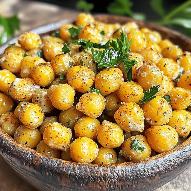 To make ranch roasted chickpeas, you need just a few key items. Here’s the list: - 1 can (15 oz) chickpeas, thoroughly drained and rinsed - 2 tablespoons extra virgin olive oil - 2 teaspoons ranch seasoning mix (store-bought or homemade) - 1 teaspoon garlic powder - ½ teaspoon onion powder - ½ teaspoon smoked paprika - ¼ teaspoon salt (adjust to preferred taste) - ¼ teaspoon freshly ground black pepper - Fresh parsley, finely chopped (for garnish) These ingredients combine to create a tasty, crunchy snack. The chickpeas provide protein and fiber, while the ranch seasoning brings bold flavor. You can switch things up with some optional ingredients. Here are a few ideas: - A pinch of cayenne pepper for heat - Nutritional yeast for a cheesy taste - Lemon zest for a fresh, bright flavor - Other herbs like dill or chives for variety Feel free to experiment with these options. Each adds a unique twist to the classic ranch flavor. Ranch roasted chickpeas are not only delicious but also nutritious. Each serving has: - Approximately 120 calories - 5g of protein - 5g of fat - 18g of carbohydrates - 6g of fiber This snack is a better choice than chips or cookies. It keeps you full and satisfied without the guilt. For the full recipe, check out the steps to make these tasty chickpeas. Start by preheating your oven to 400°F (200°C). This heat helps the chickpeas get crispy. Drain and rinse one can of chickpeas. After rinsing, spread them on a clean kitchen towel. Pat them dry to remove extra water. This step is key for crispiness. If they are wet, they won’t get crunchy. Next, grab a medium-sized bowl. Add the dry chickpeas to the bowl. Pour in two tablespoons of extra virgin olive oil. Then, add two teaspoons of ranch seasoning mix. You can use store-bought or make your own. Follow this with one teaspoon of garlic powder, half a teaspoon of onion powder, and half a teaspoon of smoked paprika. Finally, add a quarter teaspoon of salt and black pepper. Toss everything well so each chickpea gets coated in the flavorful mix. Now, line a baking sheet with parchment paper. This makes cleanup easy and prevents sticking. Spread the seasoned chickpeas in a single layer. Make sure they have space between them; this helps them roast evenly. Place the baking sheet in your preheated oven. Roast the chickpeas for 25-30 minutes. Stir them halfway through to ensure they brown nicely. When they turn golden brown, they are ready. Once done, take them out and let them cool for a few minutes. This cooling time makes them even crunchier. Before serving, sprinkle some fresh parsley on top for a nice touch. Enjoy your ranch roasted chickpeas as a tasty snack! For the full recipe, check out the details above. To get the best crunch from your ranch roasted chickpeas, start with dry chickpeas. After rinsing, use a towel to pat them completely dry. Any moisture will make them soft instead of crunchy. Spread them out on the baking sheet in a single layer. This allows hot air to circulate and crisp them up evenly. Stir them halfway through roasting. This helps them brown on all sides. Seasoning is key to tasty chickpeas. Use two teaspoons of ranch seasoning for a great flavor. You can adjust this based on your taste. If you want more heat, try adding some cayenne pepper. For a milder taste, cut back on the seasoning. Remember to taste your mix before roasting. You can always add more seasoning later, but you can't take it away! If you have leftover chickpeas, store them in an airtight container. They can stay fresh for about three days at room temperature. For longer storage, keep them in the fridge. If they lose some crispiness, you can re-crisp them in the oven. Just pop them back in at 400°F (200°C) for about 5-10 minutes. This will bring back their crunch. For the full recipe, check out the detailed instructions above. {{image_4}} To make your ranch roasted chickpeas spicy, add cayenne pepper or chili powder. Use about ½ teaspoon for a nice kick. You can mix it in with the other seasonings. If you want more heat, feel free to add more. This spicy twist keeps your taste buds excited. Herbs can add great flavor to your chickpeas. Try adding dried herbs like thyme, dill, or oregano. About 1 teaspoon of your chosen herb works well. Mix them in with the ranch seasoning. This gives a fresh taste and a lovely aroma. You can also use fresh herbs after roasting for a pop of color. Switching up your seasonings can lead to exciting new flavors. Consider using taco seasoning for a zesty taste or curry powder for something unique. About 2 teaspoons of either works well. Mix these alternatives with your chickpeas for a fun twist. The options are endless, so feel free to get creative! For more details on the base recipe, check out the Full Recipe. To keep your ranch roasted chickpeas tasty, store them in an airtight container. They stay fresh for about three days at room temperature. If you notice them getting soft, they need to be eaten quickly. The crunch is what makes them fun to snack on. If you want to enjoy your roasted chickpeas again, reheating is easy. Preheat your oven to 350°F (175°C). Spread the chickpeas on a baking sheet in a single layer. Heat them for about 10 minutes. This method helps bring back that crunchy texture. Avoid the microwave, as it can make them soggy. You can freeze ranch roasted chickpeas, but they may lose some crispiness. To freeze, place them in a freezer-safe bag. Remove as much air as possible. They can last up to three months. When you are ready to eat them, thaw them in the fridge overnight and reheat in the oven for the best results. Check out the Full Recipe for more tips! Yes, you can use dried chickpeas. First, soak them overnight in water. This helps them cook well. After soaking, boil them until tender. This may take about 1 to 2 hours. Then, drain and rinse them. Follow the same steps in the recipe. Just remember that the texture may differ slightly. Ranch roasted chickpeas last about 3 to 5 days when stored properly. Keep them in an airtight container. This helps maintain their crunch. If they lose their crispiness, you can re-roast them for a few minutes. This will bring back the fun texture. Ranch roasted chickpeas work great in many dishes. You can add them to salads for extra crunch. They also make a tasty topping for soups. Try them as a snack on their own or with dip. They are fun to eat while watching your favorite show. For a full recipe, check out the details above. Ranch roasted chickpeas are easy and fun to make. We explored the main ingredients, prep steps, and tips for perfect texture. Plus, I shared tasty variations and storage tips to keep them fresh. Remember, these snacks are not just healthy but also packed with flavor! Use these insights to create your own version and enjoy a tasty treat at home. Happy cooking!