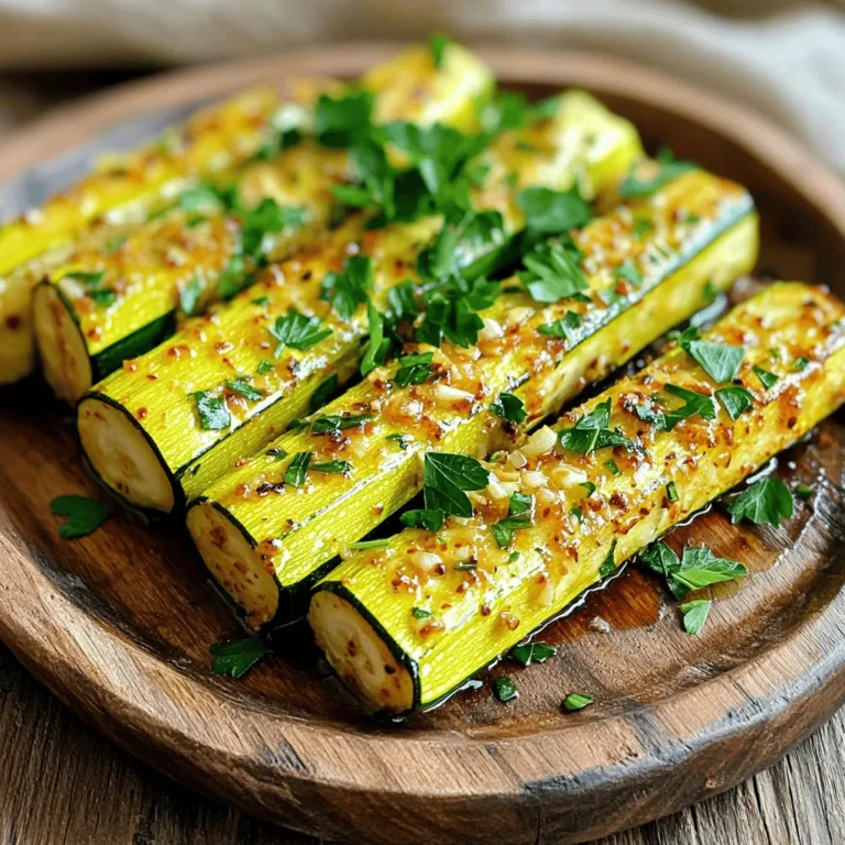 To make garlic roasted zucchini spears, gather these essential ingredients: - 4 medium zucchini, sliced into spears - 4 tablespoons extra virgin olive oil - 4 cloves fresh garlic, finely minced - 1 teaspoon dried oregano - 1 teaspoon smoked paprika - Sea salt and freshly cracked black pepper to taste - Fresh parsley, finely chopped (for garnish) These ingredients come together to create a dish bursting with flavor. The fresh garlic and olive oil make a rich base. The oregano and smoked paprika add depth and warmth. If you don't have some ingredients, here are some great substitutes: - Zucchini: Use yellow squash or eggplant instead. - Olive oil: Avocado oil works well, too. - Fresh garlic: Garlic powder can replace fresh garlic, but use less. - Smoked paprika: Regular paprika or cayenne pepper can add spice. - Fresh parsley: Basil or cilantro can brighten the dish. Feel free to experiment with these substitutes. They can give you a new twist on the classic recipe. This dish is not just tasty; it's nutritious. Here’s a quick breakdown per serving: - Calories: 150 - Protein: 3g - Carbs: 10g - Fat: 12g - Fiber: 3g Garlic roasted zucchini spears provide fiber and healthy fats. They are low in calories, making them a great side dish. You can enjoy them guilt-free while adding color and nutrients to your meal. For the full recipe, check out the detailed cooking steps and tips. First, you need to preheat your oven to 425°F (220°C). This high heat makes the zucchini crisp and tasty. Next, wash and dry the zucchini. Slice each zucchini into spears. Aim for uniform sizes. This helps them cook evenly. In a big bowl, mix the olive oil, minced garlic, dried oregano, smoked paprika, sea salt, and black pepper. Use a whisk or fork to blend them well. You want a smooth and fragrant garlic-oil mixture. Now, add the zucchini spears to the bowl with the garlic-oil mix. Toss them gently to coat every spear. Line a baking sheet with parchment paper. This step prevents sticking. Place the coated zucchini in a single layer on the sheet. Roast the zucchini for 15-20 minutes. Check them halfway through and turn them for even browning. You want them tender and golden-brown. After roasting, let them cool for a minute on the sheet. Transfer the spears to a serving dish and sprinkle chopped parsley on top. This adds color and fresh flavor. For the complete recipe, check the Full Recipe section. To get that nice crispiness, start with dry zucchini. Pat them with a towel before cooking. Make sure to cut the zucchini into uniform spears. This helps them cook evenly. Use enough oil, but don’t drown them. A light coat is all you need. Keep the oven hot, around 425°F (220°C). This high heat gives you that beautiful caramelization. Turn the spears halfway through cooking for even browning. Want to mix up the flavors? Try adding lemon zest for a fresh touch. You can also use fresh herbs like basil or thyme. For a spicy kick, sprinkle some red pepper flakes. If you love cheese, sprinkle some Parmesan before roasting. You can even swap out smoked paprika for curry powder for a unique twist. Each variation can change the dish's vibe while keeping it simple. These zucchini spears shine as a side dish. Serve them with grilled chicken or fish for a lovely meal. They also work great in salads. Toss them into a fresh green salad for added flavor. Arrange them on a platter, and drizzle with olive oil for a nice touch. Adding lemon wedges can brighten the dish too. For an elegant look, garnish with some fresh parsley. For the full recipe, check the details above. {{image_4}} You can change the flavor of your garlic roasted zucchini with herbs and spices. Try adding fresh basil or thyme for a bright taste. For a kick, use red pepper flakes or chili powder. If you like a sweeter flavor, sprinkle a little cinnamon. Mix and match to find your favorite blend! Zucchini is great, but many veggies work well in this dish. Try bell peppers, asparagus, or carrots. Cut them into similar sizes to zucchini spears. This way, they all roast evenly. You can even roast a mix of your favorites for a colorful side dish. Want to turn your garlic roasted zucchini into a main dish? Add cooked quinoa or rice to the mix. Toss in some chickpeas or black beans for protein. You can also layer the zucchini over pasta and drizzle with marinara sauce. This makes a filling meal that everyone will love. For the full recipe, check back to the main instructions. To store leftover garlic roasted zucchini spears, let them cool first. Then, place them in an airtight container. Store the container in the fridge. These spears can stay fresh for up to three days. Make sure to keep them sealed tightly to prevent drying out. When you're ready to eat the leftover spears, you have a few options. You can use the oven, microwave, or skillet. For the oven, preheat it to 350°F (175°C). Place the spears on a baking sheet and heat for about 10 minutes. If using a microwave, heat them for 30 seconds to a minute. Check that they're hot but not soggy. For a skillet, heat a bit of olive oil and sauté the spears for a few minutes. This method helps keep them crispy. Freezing garlic roasted zucchini spears is a great way to save them for later. Start by letting the spears cool completely. Next, arrange them in a single layer on a baking sheet and freeze for about an hour. Once frozen, transfer them to a freezer bag or container. Be sure to label it with the date. You can freeze them for up to three months. When you're ready to enjoy them, thaw overnight in the fridge and reheat as mentioned above. You can use frozen zucchini, but fresh is best. Frozen zucchini often has extra water. This water can make your dish soggy. If you use frozen zucchini, thaw and drain it first. Pat it dry with a paper towel. This helps keep your dish crisp. To keep zucchini crispy, follow these tips: - Use fresh zucchini. - Cut it into spears, not too thick. - Toss it well in oil and spices. - Roast at a high temperature. - Spread the spears in a single layer. These steps help remove moisture and give a nice texture. Garlic roasted zucchini spears go well with many dishes. Here are some ideas: - Grilled chicken or fish for a tasty meal. - Pasta with tomato sauce for a filling dinner. - Quinoa salad for a healthy side. - Sandwiches or wraps for lunch. These pairings bring out the flavor of the zucchini and create a balanced meal. For a full recipe, check the earlier section. Garlic roasted zucchini spears are easy and fun to make. We covered essential ingredients, substitutions, and nutritional info. I walked you through the steps of preparing, mixing, and roasting the zucchini. Tips helped ensure a crispy texture and suggested ways to enhance flavor. We explored variations with herbs and other veggies and discussed storage options for leftovers. Now, you can enjoy this tasty dish anytime. Let your creativity shine with different herbs and spices! Cooking can be simple, healthy, and delicious. Enjoy your zucchini adventure!