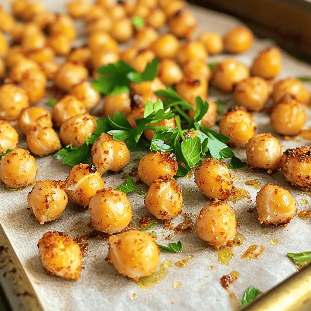 To make crispy garlic roasted chickpeas, you need: - 1 can (15 oz) chickpeas, thoroughly drained and rinsed - 2 tablespoons extra virgin olive oil - 4 cloves of fresh garlic, finely minced - 1 teaspoon smoked paprika for depth of flavor - 1 teaspoon ground cumin for warmth - 1/2 teaspoon cayenne pepper (adjust based on your spice preference) - Sea salt and freshly ground black pepper to taste - Fresh parsley, finely chopped (for vibrant garnish) These main ingredients give the chickpeas a great taste and texture. The olive oil helps them crisp up nicely. Garlic adds a wonderful aroma, while spices like paprika and cumin bring warmth. You can spice up your chickpeas even more with these optional add-ins: - Lemon zest for a bright note - A sprinkle of nutritional yeast for a cheesy flavor - A dash of onion powder for added depth - Fresh herbs like thyme or rosemary for a fragrant twist Adding these seasonings can take the flavor to the next level. Experiment with what you like best! You can use canned chickpeas for ease, but dried chickpeas are also great. If you choose dried chickpeas, soak them overnight and cook them until tender. This gives you more control over texture. However, canned chickpeas save time and still taste amazing in this recipe. For the best results with either type, ensure they are well-drained and dry before roasting. Moisture can prevent crispiness. Start by preheating your oven to 400°F (200°C). Line a baking sheet with parchment paper. This helps the chickpeas cook evenly and keeps them from sticking. After that, take one can of chickpeas, drain and rinse them well. Pat them dry with a clean kitchen towel. Removing moisture is key for crispiness! In a large mixing bowl, add the dried chickpeas. Pour in 2 tablespoons of extra virgin olive oil. Then, add 4 cloves of finely minced garlic, 1 teaspoon of smoked paprika, and 1 teaspoon of ground cumin. For some heat, include 1/2 teaspoon of cayenne pepper, and season with sea salt and black pepper. Mix everything well so each chickpea gets coated. Spread the seasoned chickpeas onto your prepared baking sheet. Make sure they are in a single layer. If they are too crowded, they won’t get crispy. Place the baking sheet in the oven and roast for 20-25 minutes. Halfway through, stir the chickpeas. This ensures they brown evenly. Keep an eye on them to avoid burning. Once they are golden brown, take the chickpeas out of the oven. Let them cool for a few minutes. During this time, they will continue to crisp up. Before serving, sprinkle some finely chopped fresh parsley on top. This adds nice color and freshness to the dish. Enjoy these crispy garlic roasted chickpeas as a tasty snack! You can check out the Full Recipe for more details. To get your chickpeas super crispy, follow these tips: - Always dry the chickpeas well after rinsing. - Use a single layer on your baking sheet. - Don’t overcrowd the chickpeas; space helps them roast evenly. - Stir them halfway through roasting for uniform crispiness. - Let them cool on the baking sheet to firm up. Avoid these pitfalls for perfect roasted chickpeas: - Skipping the drying step can lead to soggy snacks. - Using too much oil makes them greasy. - Not stirring can result in uneven roasting. - Roasting at the wrong temperature can burn them. For the best flavor and texture, consider these oils and seasonings: - Extra virgin olive oil works great for richness. - Avocado oil offers a high smoke point and mild flavor. - Try garlic powder, onion powder, or chili powder for extra zing. - Fresh herbs like rosemary or thyme can add a lovely touch. Experiment with these tips, and you'll enjoy the crunch of crispy garlic roasted chickpeas! For the full recipe, check the details above. {{image_4}} You can spice up your crispy garlic roasted chickpeas easily. Add chili powder or crushed red pepper for heat. Try adding a dash of curry powder for a warm flavor too. For a smoky twist, use smoked paprika. These spices can change the whole taste. Feel free to mix and match until you find your favorite blend. If you love sweet flavors, try drizzling honey or maple syrup over the chickpeas before roasting. This gives a sweet and salty taste. You can also add a pinch of cinnamon or nutmeg for warmth. These flavors work great together. The contrast of sweet and savory creates a tasty snack that keeps you coming back for more. Chickpeas are naturally vegan and gluten-free, making them a perfect snack. If you want to change the oil, use avocado oil instead of olive oil. This keeps the recipe vegan while adding a unique flavor. Always check seasoning labels to ensure they are gluten-free. You can enjoy crispy garlic roasted chickpeas while sticking to your diet! For the full recipe, check out the instructions above. Store your leftover crispy chickpeas in an airtight container. This keeps them fresh and prevents them from getting soggy. Allow the chickpeas to cool completely before sealing the container. If they are warm, steam may form inside and ruin the crunch. Use a glass or plastic container with a tight lid. This helps maintain their crispiness. You can store the chickpeas for up to 3 days at room temperature. If you want them to last longer, you can refrigerate them for up to a week. Just remember, the longer they sit, the less crispy they become. To reheat, spread the chickpeas on a baking sheet. Preheat your oven to 375°F (190°C). Bake them for about 5-10 minutes. This warms them up and brings back some crunch. Avoid using a microwave, as it will make them soft. Following these steps will help you enjoy your crispy garlic roasted chickpeas even after a few days. For the full recipe, refer to the beginning of this article. Yes, you can use dried chickpeas. However, dried chickpeas need soaking. Soak them overnight in water. After soaking, cook them until tender. This process may take a few hours. Canned chickpeas are already cooked, making them quicker to use. If you want the best texture, use canned chickpeas for this recipe. The chickpeas are done when they turn golden brown. They should be crispy and not soft. Stir them halfway through roasting to check. Keep an eye on them in the last few minutes. If they start to smell good and look brown, they are ready! Crispy garlic roasted chickpeas are great on their own. You can also serve them as a topping on salads. They add a nice crunch to soups too. Try mixing them into bowls with grains and veggies for more flavor. They are perfect for snacking anytime! Crispy garlic roasted chickpeas are high in protein and fiber. They provide healthy fats from olive oil. One serving has about 130 calories. They are a great snack choice for health. Plus, they are low in sugar and full of flavor. Enjoy them guilt-free! For the full recipe, check out the instructions above. Crispy garlic roasted chickpeas are simple and tasty. We covered the main ingredients and optional seasonings. You learned how to prepare them for perfect crispiness. Tips helped avoid mistakes and shared oil pairings. Try different flavors like spicy or sweet. Store them right to keep them fresh. Enjoy these snacks anytime you want a healthy treat. Now it’s time to make your own crispy chickpeas and impress your friends!